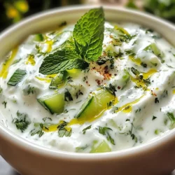 - 1 large cucumber, grated - 1 cup plain yogurt (preferably Greek) - 1/4 cup fresh mint leaves, finely chopped - 1/4 teaspoon roasted cumin powder - 1/2 teaspoon salt (adjust to taste) - 1 small green chili, finely chopped (optional for heat) - 1 tablespoon lemon juice - Fresh coriander leaves, for garnish The cucumber gives the raita its coolness. It adds crunch and hydration. Grating the cucumber helps release its juices. This step is key to keep the raita from being watery. Greek yogurt gives a rich and creamy texture. It also adds protein, making this dip more satisfying. Fresh mint leaves provide a burst of flavor and freshness. Roasted cumin powder adds a warm, nutty taste. Salt enhances all the flavors, while lemon juice adds a tangy kick. Green chili can bring heat, but you can skip it if you prefer mild flavors. If you want a dairy-free option, use coconut yogurt or almond yogurt. For a vegan version, skip the yogurt and use a plant-based yogurt. You can swap fresh mint with basil for a different flavor. If you don’t have cumin, try using paprika or coriander for a new twist. If you prefer less salt, use a salt substitute. These options let you customize the raita to fit your diet or taste. {{ingredient_image_1}} Start by grating a large cucumber. You can use a box grater or a food processor. Once grated, place it in a clean kitchen towel. Twist the towel to squeeze out excess moisture. This step is key! A dry cucumber keeps your raita from getting watery. In a mixing bowl, pour in one cup of plain yogurt, preferably Greek. Add a tablespoon of lemon juice for a zesty touch. Whisk this mixture until it is smooth and creamy. You want a nice, thick base for your raita. Next, add the squeezed cucumber to the yogurt mix. Now, add 1/4 cup of finely chopped fresh mint leaves. Sprinkle in 1/4 teaspoon of roasted cumin powder and 1/2 teaspoon of salt, adjusting to your taste. If you like heat, toss in a finely chopped green chili. Stir gently until everything is well mixed. Taste it and adjust seasoning if needed. Finally, transfer your raita to a serving bowl. Garnish with fresh coriander leaves and a sprinkle of roasted cumin powder. This adds color and flavor! To make your Cucumber Mint Yogurt Raita creamy, start with Greek yogurt. It has a thick texture that works best. Next, make sure to squeeze out the water from the grated cucumber. This step keeps your raita from becoming runny. I often use a clean kitchen towel for this. To boost the flavor, add roasted cumin powder. It adds a warm, nutty taste. A squeeze of fresh lemon juice also brightens the dish. If you want some heat, chop a small green chili and mix it in. Remember to taste and adjust the salt too. One common mistake is using watery cucumbers. Make sure to squeeze them well. Also, don’t skip the lemon juice; it adds freshness. Avoid over-mixing the raita; gentle stirring keeps it light and airy. Lastly, serve it chilled for the best taste. Pro Tips Use Fresh Ingredients: Always opt for fresh cucumbers and mint leaves to enhance the flavor and freshness of your raita. Chill Before Serving: For a more refreshing experience, chill the raita in the refrigerator for at least 30 minutes before serving. Customize the Spice Level: Adjust the amount of green chili according to your preference for heat, or omit it entirely for a milder version. Experiment with Herbs: Try adding other fresh herbs like dill or parsley for a unique twist on this classic recipe. {{image_2}} If you want to add a kick, try spicy cucumber mint raita. Just chop a small green chili and mix it in. The heat from the chili gives the raita a fun twist. You can also add a dash of cayenne if you like it hotter. This version pairs well with savory dishes. You can also play with herbs in your raita. Fresh herbs like dill or parsley work great. Just chop them finely and mix them in with the cucumber and mint. This adds more flavor and a fresh taste. Each herb brings its own unique notes, making your raita special. Feel free to swap in different ingredients for new flavors. Instead of cucumber, try grated carrots or beets. Both add color and taste. You can also use flavored yogurt, like garlic or herb, for a twist. These simple changes keep your raita fun and fresh. Enjoy experimenting with what you have on hand! Store your Cucumber Mint Yogurt Raita in a clean, airtight container. This keeps it fresh and safe. Make sure to place it in the fridge right after you make it. Avoid leaving it out at room temperature for too long. If you plan to serve it later, cover it tightly to prevent any odors from other foods. The raita lasts about three days in the fridge. After three days, the taste may change. I do not recommend freezing this raita. Freezing can change the texture and make it watery when thawed. Enjoy it fresh for the best taste! If you have leftovers, use them creatively. You can add raita to sandwiches or wraps for extra flavor. It also works well as a salad dressing. Just mix in a bit of lemon juice or herbs to refresh its taste. You can spread it on naan or serve it with grilled meats for a tasty twist! Raita is a cool Indian side dish made with yogurt. It often includes fresh herbs and spices. This dip helps balance spicy foods. You can find raita in many Indian meals. It adds freshness and a creamy texture to your plate. Yes, you can make Cucumber Mint Yogurt Raita ahead of time. It tastes even better after resting. Just keep it in the fridge. This helps the flavors blend nicely. Try to add herbs right before serving for freshness. Cucumber Mint Yogurt Raita pairs well with spicy dishes. Try it with biryani, curries, or kebabs. You can also serve it with grilled meats or vegetables. It makes a great dip for naan or vegetable sticks too. This raita cools the palate and enhances your meal. To adjust the heat, you can add or skip the green chili. If you want it spicy, use more chili. For milder raita, leave out the chili entirely. You can also add a pinch of cayenne for a subtle kick. Taste it as you go to find the right balance. This blog post covered making a fresh Cucumber Mint Yogurt Raita. We explored the key ingredients, tips for a creamy texture, and how to mix flavors. You learned about variations, storage tips, and common mistakes to avoid. Raita is easy and fun to make. It adds flavor to many dishes. Don’t hesitate to try different herbs and spices. Enjoy your cooking and savor the delicious results!