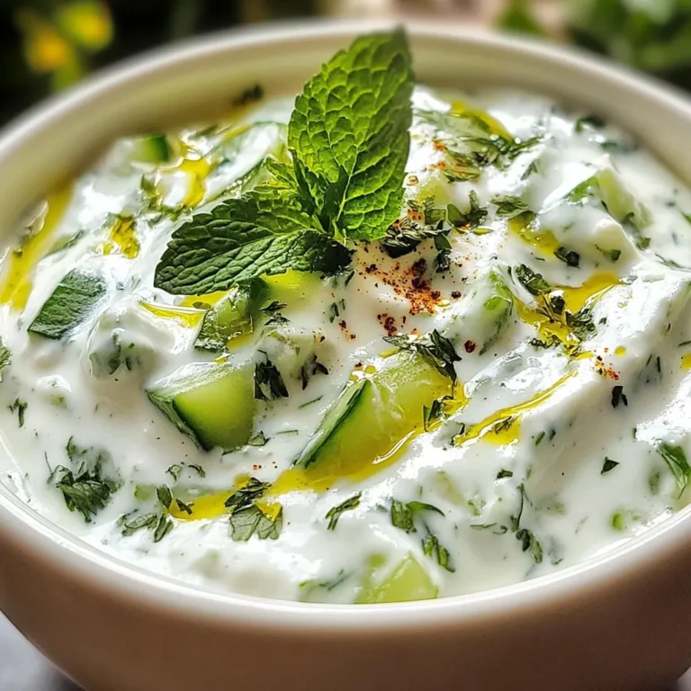 - 1 large cucumber, grated - 1 cup plain yogurt (preferably Greek) - 1/4 cup fresh mint leaves, finely chopped - 1/4 teaspoon roasted cumin powder - 1/2 teaspoon salt (adjust to taste) - 1 small green chili, finely chopped (optional for heat) - 1 tablespoon lemon juice - Fresh coriander leaves, for garnish The cucumber gives the raita its coolness. It adds crunch and hydration. Grating the cucumber helps release its juices. This step is key to keep the raita from being watery. Greek yogurt gives a rich and creamy texture. It also adds protein, making this dip more satisfying. Fresh mint leaves provide a burst of flavor and freshness. Roasted cumin powder adds a warm, nutty taste. Salt enhances all the flavors, while lemon juice adds a tangy kick. Green chili can bring heat, but you can skip it if you prefer mild flavors. If you want a dairy-free option, use coconut yogurt or almond yogurt. For a vegan version, skip the yogurt and use a plant-based yogurt. You can swap fresh mint with basil for a different flavor. If you don’t have cumin, try using paprika or coriander for a new twist. If you prefer less salt, use a salt substitute. These options let you customize the raita to fit your diet or taste. {{ingredient_image_1}} Start by grating a large cucumber. You can use a box grater or a food processor. Once grated, place it in a clean kitchen towel. Twist the towel to squeeze out excess moisture. This step is key! A dry cucumber keeps your raita from getting watery. In a mixing bowl, pour in one cup of plain yogurt, preferably Greek. Add a tablespoon of lemon juice for a zesty touch. Whisk this mixture until it is smooth and creamy. You want a nice, thick base for your raita. Next, add the squeezed cucumber to the yogurt mix. Now, add 1/4 cup of finely chopped fresh mint leaves. Sprinkle in 1/4 teaspoon of roasted cumin powder and 1/2 teaspoon of salt, adjusting to your taste. If you like heat, toss in a finely chopped green chili. Stir gently until everything is well mixed. Taste it and adjust seasoning if needed. Finally, transfer your raita to a serving bowl. Garnish with fresh coriander leaves and a sprinkle of roasted cumin powder. This adds color and flavor! To make your Cucumber Mint Yogurt Raita creamy, start with Greek yogurt. It has a thick texture that works best. Next, make sure to squeeze out the water from the grated cucumber. This step keeps your raita from becoming runny. I often use a clean kitchen towel for this. To boost the flavor, add roasted cumin powder. It adds a warm, nutty taste. A squeeze of fresh lemon juice also brightens the dish. If you want some heat, chop a small green chili and mix it in. Remember to taste and adjust the salt too. One common mistake is using watery cucumbers. Make sure to squeeze them well. Also, don’t skip the lemon juice; it adds freshness. Avoid over-mixing the raita; gentle stirring keeps it light and airy. Lastly, serve it chilled for the best taste. Pro Tips Use Fresh Ingredients: Always opt for fresh cucumbers and mint leaves to enhance the flavor and freshness of your raita. Chill Before Serving: For a more refreshing experience, chill the raita in the refrigerator for at least 30 minutes before serving. Customize the Spice Level: Adjust the amount of green chili according to your preference for heat, or omit it entirely for a milder version. Experiment with Herbs: Try adding other fresh herbs like dill or parsley for a unique twist on this classic recipe. {{image_2}} If you want to add a kick, try spicy cucumber mint raita. Just chop a small green chili and mix it in. The heat from the chili gives the raita a fun twist. You can also add a dash of cayenne if you like it hotter. This version pairs well with savory dishes. You can also play with herbs in your raita. Fresh herbs like dill or parsley work great. Just chop them finely and mix them in with the cucumber and mint. This adds more flavor and a fresh taste. Each herb brings its own unique notes, making your raita special. Feel free to swap in different ingredients for new flavors. Instead of cucumber, try grated carrots or beets. Both add color and taste. You can also use flavored yogurt, like garlic or herb, for a twist. These simple changes keep your raita fun and fresh. Enjoy experimenting with what you have on hand! Store your Cucumber Mint Yogurt Raita in a clean, airtight container. This keeps it fresh and safe. Make sure to place it in the fridge right after you make it. Avoid leaving it out at room temperature for too long. If you plan to serve it later, cover it tightly to prevent any odors from other foods. The raita lasts about three days in the fridge. After three days, the taste may change. I do not recommend freezing this raita. Freezing can change the texture and make it watery when thawed. Enjoy it fresh for the best taste! If you have leftovers, use them creatively. You can add raita to sandwiches or wraps for extra flavor. It also works well as a salad dressing. Just mix in a bit of lemon juice or herbs to refresh its taste. You can spread it on naan or serve it with grilled meats for a tasty twist! Raita is a cool Indian side dish made with yogurt. It often includes fresh herbs and spices. This dip helps balance spicy foods. You can find raita in many Indian meals. It adds freshness and a creamy texture to your plate. Yes, you can make Cucumber Mint Yogurt Raita ahead of time. It tastes even better after resting. Just keep it in the fridge. This helps the flavors blend nicely. Try to add herbs right before serving for freshness. Cucumber Mint Yogurt Raita pairs well with spicy dishes. Try it with biryani, curries, or kebabs. You can also serve it with grilled meats or vegetables. It makes a great dip for naan or vegetable sticks too. This raita cools the palate and enhances your meal. To adjust the heat, you can add or skip the green chili. If you want it spicy, use more chili. For milder raita, leave out the chili entirely. You can also add a pinch of cayenne for a subtle kick. Taste it as you go to find the right balance. This blog post covered making a fresh Cucumber Mint Yogurt Raita. We explored the key ingredients, tips for a creamy texture, and how to mix flavors. You learned about variations, storage tips, and common mistakes to avoid. Raita is easy and fun to make. It adds flavor to many dishes. Don’t hesitate to try different herbs and spices. Enjoy your cooking and savor the delicious results!