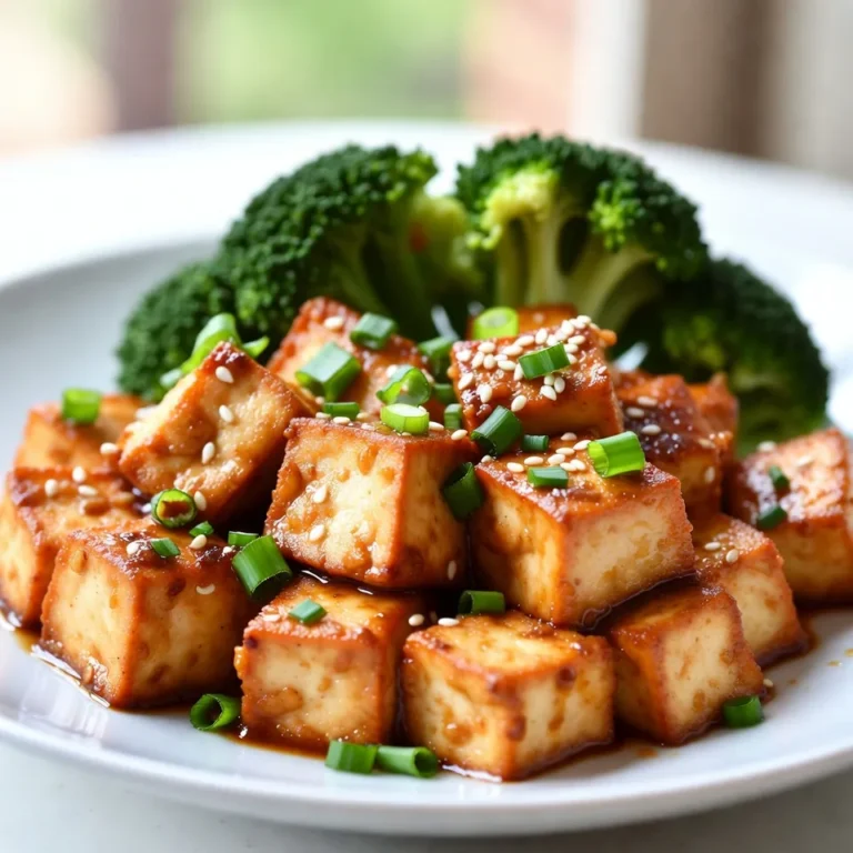 - 1 block (14 oz) extra-firm tofu, pressed and cubed - 3 tablespoons honey or maple syrup - 4 tablespoons soy sauce - 3 cloves garlic, minced - 1 teaspoon grated fresh ginger - 2 tablespoons sesame oil - 1 tablespoon sesame seeds - 2 green onions, finely chopped - 1 cup broccoli florets (optional) - Salt and pepper to taste When I make Honey Garlic Sesame Tofu, I start with the main ingredients. The extra-firm tofu is key. It holds its shape and gives a great bite. Pressing the tofu removes moisture, making it crispier when cooked. I mix honey or maple syrup with soy sauce for a sweet and salty flavor. The garlic adds a nice kick, while fresh ginger gives it warmth. For extra richness, I use sesame oil. It adds depth to the dish. I also add sesame seeds for crunch and green onions for freshness. If you want, toss in broccoli for color and nutrition. I always keep salt and pepper handy. They help enhance the flavors. With these ingredients, you have the perfect base for a quick and tasty meal. {{ingredient_image_1}} To start, you want the tofu to have a great texture. First, you need to press it. To press tofu, wrap the block in a clean towel. Place a heavy object on top for about 15 to 20 minutes. This step helps remove excess moisture. After pressing, it’s time to cube the tofu. Cut the block into bite-sized pieces. Aim for uniform cubes. This helps them cook evenly. Next, let’s make the sauce. In a small bowl, whisk together these key ingredients: honey or maple syrup, soy sauce, minced garlic, and grated ginger. Mix them well. Set the sauce aside for now. The flavors will blend nicely while you cook the tofu. Now, heat a non-stick skillet over medium-high heat. Add the sesame oil. Wait until the oil is hot, then add the cubed tofu. Sprinkle a pinch of salt and pepper over the tofu. Cook the tofu for about 5 to 7 minutes. Turn the pieces occasionally. You want them golden brown on all sides. If you want to add broccoli, do it now. Add it to the skillet during the last 3 minutes of cooking. This way, it stays tender but crisp. Finally, pour the honey garlic sauce over the tofu and broccoli. Stir gently to coat everything evenly. Let it cook for another 2 to 3 minutes until the sauce thickens slightly. Enjoy the aroma as the flavors meld together! Pressing tofu is key for great texture. It helps remove extra moisture. If you skip this step, the tofu may be soggy. Wrap the tofu in a kitchen towel. Place a heavy object on top for 15-20 minutes. This makes a big difference in how it cooks. The best cooking methods for tofu include frying and baking. I prefer pan-frying for a crispy outside. Use a non-stick skillet to avoid sticking. Heat the skillet over medium-high heat. Once hot, add sesame oil, then the cubed tofu. Cook until golden brown on all sides. You can switch honey with other sweeteners. Maple syrup works well as a vegan option. Agave syrup is another good choice. Each sweetener gives a unique taste, so feel free to experiment. To enhance flavors, try adding spices. A pinch of red pepper flakes adds heat. A dash of rice vinegar can brighten the sauce. You can also include a bit of hoisin sauce for depth. Mix and match until you find your favorite blend. Pair your Honey Garlic Sesame Tofu with rice or quinoa. Both are great options for soaking up the sauce. For a colorful plate, add steamed broccoli or other veggies. Garnishing can elevate your dish. Sprinkle sesame seeds on top for crunch. Add finely chopped green onions for color and flavor. These small touches make your meal look and taste amazing. Pro Tips Press Tofu Thoroughly: Make sure to press the tofu long enough to remove excess moisture, as this will help it absorb the flavors of the sauce better and achieve a crispier texture when cooked. Customize the Sweetness: Adjust the amount of honey or maple syrup in the sauce according to your taste preference. You can also experiment with different sweeteners like agave nectar for a unique flavor. Use Fresh Ingredients: For the best flavor, use freshly minced garlic and grated ginger. These ingredients enhance the overall taste of the dish and bring out the aromatic qualities. Garnish for Presentation: Don’t skip the sesame seeds and green onions as garnish. They not only add a pop of color to your dish but also contribute additional texture and flavor. {{image_2}} You can easily make this dish vegan. Instead of honey, use maple syrup. It gives a nice sweetness. Maple syrup works well and keeps the flavor intact. For a soy-free option, swap soy sauce for tamari. Tamari has a similar taste and is perfect for those avoiding gluten. Want to switch things up? Try adding other veggies. Bell peppers, carrots, or snap peas bring color and taste. You can also use different proteins. Chickpeas or seitan work great. They soak up the sauce and add more texture. Feeling adventurous? Create sweet and spicy flavors. Add a pinch of red pepper flakes to the sauce. This gives a nice kick. You can also make a citrus-infused honey garlic sauce. Just add some fresh lime or lemon juice. This brightens the dish and adds a zesty touch. To keep your honey garlic sesame tofu fresh, store it in an airtight container. Refrigerate it right after the meal to avoid spoilage. Leftovers can last for 3 to 5 days in the fridge. Make sure the tofu is cool before sealing it. When reheating, aim to keep the tofu crispy. The best method is to use a skillet over medium heat. Add a bit of sesame oil to help restore the crispness. Avoid using the microwave, as this can make the tofu soggy. Heat it gently and turn the pieces often to warm evenly. You can freeze cooked honey garlic sesame tofu for up to two months. To freeze, place it in a freezer-safe container. Make sure to leave some space at the top, as the tofu may expand. When ready to eat, thaw the tofu in the fridge overnight. To reheat, use your skillet method again. This will help preserve the flavor and texture. Enjoy your delicious tofu meal even after freezing! Use extra-firm tofu for this dish. It holds its shape well during cooking. The firmer texture gives a nice bite and absorbs flavors better. You can find extra-firm tofu in most grocery stores. Look for brands that have high protein content for the best results. Yes, you can make this dish ahead of time. Store the tofu in an airtight container in the fridge for up to three days. Reheat gently on the stove or in the microwave. If you use the microwave, cover the tofu to keep it moist. Avoid overcooking during reheating to keep the texture nice. This tofu pairs well with many side dishes. Here are some great options: - Steamed rice - Quinoa - Stir-fried vegetables - A fresh salad - Noodles with sesame dressing Feel free to mix and match these sides for a full meal! This recipe for Honey Garlic Sesame Tofu is simple and tasty. You learned how to prepare and cook tofu while making a delicious sauce. I shared tips to perfect the texture and offered variations to fit your needs. Remember to store leftovers properly to keep them fresh. Enjoy experimenting with flavors and serve it with rice or veggies. Cooking tofu can be fun, tasty, and healthy, so dive in and make this dish today!