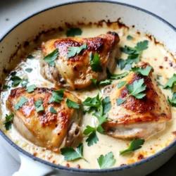 To make creamy garlic Parmesan chicken thighs, you need the following: - 4 bone-in, skin-on chicken thighs - 2 tablespoons olive oil - 4 cloves garlic, minced - 1 cup heavy cream - 1 cup grated Parmesan cheese - 1 teaspoon Italian seasoning - 1 teaspoon paprika - Salt and pepper to taste - Fresh parsley, chopped (for garnish) You can swap some ingredients if needed: - Use boneless chicken thighs for quicker cooking. - Replace heavy cream with coconut cream for a dairy-free option. - Use any cheese you like, such as mozzarella or cheddar. - Try fresh herbs like thyme or rosemary instead of Italian seasoning. - If you don’t have paprika, use cayenne pepper for some heat. I love to serve this dish with sides that complement its rich flavors: - Garlic mashed potatoes are a perfect match. - Steamed vegetables like broccoli or green beans add color and health. - A simple green salad with lemon vinaigrette balances the creaminess. - Serve with crusty bread to soak up the delicious sauce. These pairings enhance the meal and make each bite even more enjoyable! {{ingredient_image_1}} Start by preheating your oven to 400°F (200°C). This makes sure the oven is ready when you need it. Next, grab a large oven-safe skillet. Add two tablespoons of olive oil to the skillet and place it on medium-high heat. While the oil heats up, season the chicken thighs with salt, pepper, and paprika. This adds flavor to the chicken. Once the oil is hot, place the chicken thighs skin-side down in the skillet. Let them sear for about 5 to 7 minutes. You want them to turn a nice golden brown. After that, flip the chicken thighs carefully. Cook them for another 3 to 4 minutes. This step gives the chicken a great crust and locks in juices. When done, remove the chicken from the skillet and set it aside. In the same skillet, lower the heat to medium. Add the minced garlic and sauté it for about 1 minute. You will smell a wonderful aroma. Next, pour in 1 cup of heavy cream while stirring to mix it with the garlic. Gradually add in 1 cup of grated Parmesan cheese and 1 teaspoon of Italian seasoning. Keep stirring until the sauce is smooth and creamy. This sauce will coat the chicken perfectly. Now, return the chicken thighs to the skillet, placing them skin-side up. Make sure they are submerged in the creamy sauce. Transfer the skillet to the preheated oven. Bake for 25 to 30 minutes. Check that the chicken reaches an internal temperature of 165°F (74°C). When you take it out, let the chicken rest in the sauce for 5 minutes before serving. This step allows the flavors to meld beautifully. To get crispy skin, start with dry chicken. Pat the chicken thighs with paper towels. This helps the skin get golden brown. Sear the chicken skin-side down on medium-high heat. Cook for about 5-7 minutes. Don't rush this step; it makes a big difference. Flip the thighs and cook for another 3-4 minutes. This method locks in flavor and moisture. Seasoning is key to tasty chicken. Use salt and pepper to bring out the natural flavor. Paprika adds a nice touch, giving a slight smokiness. Italian seasoning adds depth with herbs like oregano and basil. You can also add crushed red pepper for heat. Don’t be shy with your spices; they can elevate your dish. Don’t waste that creamy garlic sauce! It’s full of flavor and can be used in many ways. Pour it over pasta for a quick meal. You can also use it as a dip for breadsticks or vegetables. Mix it with cooked rice for a tasty side dish. Store leftover sauce in the fridge for up to three days. Just reheat it gently before using. Pro Tips Perfectly Sear the Chicken: Ensure the skillet is hot enough before adding the chicken, as this helps achieve a crispy skin and enhances flavor. Use Fresh Garlic: Freshly minced garlic provides a more robust flavor compared to pre-minced options, elevating your sauce to new heights. Adjust the Creaminess: For a lighter sauce, you can substitute half of the heavy cream with chicken broth, maintaining the flavor while reducing calories. Let It Rest: Allowing the chicken to rest in the sauce for a few minutes after cooking lets the flavors meld and keeps the meat juicy. {{image_2}} For a dairy-free version, swap heavy cream with coconut cream. This change gives a rich taste without dairy. Use nutritional yeast in place of Parmesan cheese for a cheesy flavor. Adjust salt to enhance the taste. This keeps your dish creamy and tasty, even without dairy. You can easily add veggies for more nutrition. Try spinach, mushrooms, or bell peppers. Sauté them with the garlic before adding the cream. For more protein, consider using shrimp or tofu. Add them to the skillet after the chicken. This makes your meal heartier and colorful. If you want to change the cheese, try mozzarella for a stretchier texture. Cheddar brings a sharp flavor. Goat cheese adds creaminess and tang. Each cheese brings a unique taste, so feel free to mix and match. Your dish will always taste amazing with these options. To keep your creamy garlic Parmesan chicken thighs fresh, let them cool first. Place the chicken in an airtight container. Add the sauce on top to keep it moist. Store the container in the fridge for up to three days. This keeps the chicken flavorful and tender. When you’re ready to enjoy the leftovers, reheat them gently. You can use the oven or a skillet. For the oven, preheat it to 350°F (175°C). Place the chicken in an oven-safe dish. Cover it with foil to keep moisture in. Heat for about 20 minutes, or until warm. If using a skillet, add a splash of cream, then heat over medium until hot. If you want to save the chicken for later, freezing is a great option. First, cool the chicken completely. Then, wrap each piece tightly in plastic wrap. Place the wrapped chicken in a freezer bag. Squeeze out any air and seal it. You can freeze it for up to three months. When you’re ready to eat, thaw it overnight in the fridge before reheating. This way, you’ll keep the rich flavors intact. Yes, you can use boneless chicken thighs. They cook faster than bone-in thighs. Adjust the cooking time to about 20-25 minutes in the oven. Check that they reach 165°F (74°C) for safety. You can use half-and-half or coconut cream instead of heavy cream. Both give a creamy texture. For a lighter option, use whole milk mixed with a bit of butter. This keeps the dish rich without being too heavy. Check the internal temperature with a meat thermometer. It should read 165°F (74°C). The juices should run clear, not pink. If unsure, cut into the thickest part of the thigh. It should not be pink inside. This blog post covered the key ingredients, step-by-step instructions, and helpful tips for making flavorful chicken thighs. You learned about ingredient swaps, perfect cooking methods, and storage tips. In the kitchen, being creative and flexible can lead to better meals. Experimenting with flavors and methods can make cooking fun. Enjoy cooking and share these tips with others!