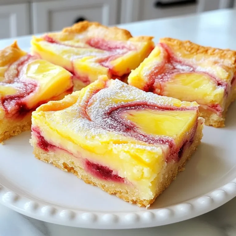 To make these tasty raspberry swirl lemon bars, gather the following ingredients: - 1 cup all-purpose flour - 1/4 cup powdered sugar - 1/2 cup unsalted butter, softened - 1 cup granulated sugar - 2 large eggs - 2/3 cup fresh lemon juice - 1 tablespoon lemon zest - 1 teaspoon baking powder - 1/2 cup fresh raspberries, mashed - 1 tablespoon cornstarch Each ingredient plays a key role in creating the perfect balance of flavors. The all-purpose flour forms the base, while powdered sugar adds sweetness to the crust. Softened unsalted butter gives richness and binds the crust together. Granulated sugar enhances the lemon filling. The eggs help set the bars, making them firm but soft. Fresh lemon juice and lemon zest bring that bright, tangy flavor that pairs well with the sweet raspberries. Baking powder gives the filling a light texture. Mashed raspberries provide a fruity swirl, and cornstarch helps thicken the raspberry mix, ensuring it holds its shape when baked. With these ingredients, you can create a delightful treat that tastes as good as it looks. Ready to bake? Let’s get started! {{ingredient_image_1}} 1. Preheat your oven to 350°F (175°C). This step is key for even baking. 2. Prepare the crust by mixing 1 cup of flour with 1/4 cup of powdered sugar. 3. Cut in 1/2 cup of softened butter using a pastry cutter or fork until it looks like coarse crumbs. 4. Press this mixture into the bottom of a greased 8x8 inch pan. Make sure it's even. 5. Bake the crust for about 15 minutes until it is lightly golden. Let it cool slightly. 1. In a large bowl, whisk together 1 cup of granulated sugar, 2 eggs, 2/3 cup of fresh lemon juice, 1 tablespoon of lemon zest, and 1 teaspoon of baking powder. Mix until smooth. 2. In a separate bowl, mash 1/2 cup of fresh raspberries. Add 1 tablespoon of cornstarch and stir until it thickens. 1. Pour the lemon filling over the cooled crust in the pan. 2. Drop spoonfuls of the raspberry mixture on top. 3. Use a knife to swirl the raspberry into the lemon filling. Aim for a pretty marbled look. 4. Bake the bars for 20-25 minutes, until the filling is set and edges are lightly golden. 5. Cool completely in the pan. Use the parchment overhang to lift the bars out. Cut them into squares and dust with extra powdered sugar before serving. Achieving the right texture To get the best lemon bars, focus on the crust first. It should be firm but not hard. Use softened butter for easy mixing. When you press the crust, it should form a nice, even layer. Bake it until it turns a light golden color. This gives the bars a good base and adds flavor. The lemon filling must be smooth and creamy. Whisk the eggs and sugar well. This helps create air bubbles, which make the filling light. Be careful not to overbake. The filling should be set but still slightly wobbly in the middle. Customizing the swirl technique Swirling the raspberry mixture creates a fun look. Use a knife or toothpick to gently mix it into the lemon filling. Don’t overdo it! You want to see both colors. If you prefer more raspberry flavor, add extra mashed raspberries. Just remember to balance it with the lemon. Best ways to present lemon bars Cut the bars into squares for serving. Dust with powdered sugar for a sweet touch. You can also add fresh raspberries or lemon slices on the side. This makes the dish pop and looks nice on the plate. Arrange them in a pretty pattern for a lovely presentation. Pairing options Pair your lemon bars with a scoop of vanilla ice cream. The creamy ice cream contrasts well with the tangy bars. A cup of tea or coffee also works great. The warmth of the drink complements the chilly lemon bars. For a refreshing twist, serve with mint leaves on top. This adds color and flavor. Pro Tips Use Fresh Raspberries: Fresh raspberries provide the best flavor and texture for the swirl. If using frozen, ensure they are thawed and drained well to avoid excess moisture. Chill Before Cutting: After cooling, refrigerate the lemon bars for at least an hour before cutting. This helps them set further and makes slicing easier with cleaner edges. Adjust Sweetness: Depending on the tartness of your lemons, you may want to adjust the sugar in the filling. Taste the mixture before pouring it over the crust to ensure it’s to your liking. Decorative Serving: For an elegant presentation, consider adding a few whole raspberries and a sprig of mint on each serving for a pop of color and freshness. {{image_2}} You can switch up the fruits in your lemon bars. Try using blueberries, strawberries, or blackberries instead of raspberries. Each fruit adds a unique taste and color. For a tropical twist, use mangoes or passion fruit. Another fun option is to make lemon bars with a graham cracker crust. To do this, crush graham crackers until fine. Mix with melted butter and a bit of sugar. Press this mixture into the pan instead of using the flour crust. This gives your bars a sweet and crunchy base. If you need gluten-free lemon bars, replace all-purpose flour with almond flour or gluten-free flour blends. These options work well and keep the texture light. For a vegan version, swap the eggs with flaxseed meal or applesauce. Use vegan butter instead of regular butter. This way, you maintain the rich flavor while keeping it plant-based. To keep your raspberry swirl lemon bars fresh, store them in the refrigerator. Place them in an airtight container. This will prevent them from drying out or absorbing other smells. If you slice them before storing, be sure to separate layers with parchment paper. This keeps the bars intact and neat. You can also freeze lemon bars if you want to save some for later. Cut them into squares and wrap each piece tightly in plastic wrap. Then, place the wrapped bars in a freezer-safe bag. They will stay fresh for up to three months. Just remember to thaw them in the fridge before you enjoy them. How long will they last? When stored properly in the fridge, your lemon bars will stay fresh for about a week. If you freeze them, they will last much longer, up to three months. Signs of spoilage include a change in color or a sour smell. If the bars feel sticky or slimy, it's best to toss them. Always trust your senses when checking for freshness. Happy baking and storing! Yes, you can substitute some ingredients in this recipe. If you need a gluten-free option, use a gluten-free flour blend. You can also swap fresh raspberries with other berries like strawberries or blueberries. For a dairy-free version, try using coconut oil instead of butter. Just keep in mind that these changes may slightly affect the taste and texture. If your lemon bars turn out runny, they may need more baking time. Make sure the edges are set and slightly golden. If they still seem runny, let them cool completely in the pan. Chilling them in the fridge for a few hours can help firm them up. Also, check your measurements to ensure you used the right amount of lemon juice and eggs. You can tell when your lemon bars are done by checking the filling. It should be set in the center, not jiggly. The edges should also have a light golden color. Use a toothpick to test the center; it should come out clean. Remember, they will continue to firm up as they cool. You now know how to make delicious lemon bars. We covered key ingredients like fresh lemon juice and raspberries. You learned step-by-step instructions for preparing the crust, mixing the filling, and baking. I shared tips for perfecting the bars and ideas for serving them. We explored fun variations, dietary options, and storage methods, too. Enjoy making your own lemon bars, and don't be afraid to experiment!