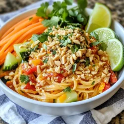 To make Spicy Thai Peanut Noodles, you will need these main ingredients: - 8 oz rice noodles - 1 cup shredded carrots - 1 bell pepper (any color), thinly sliced - 1 cucumber, julienned - 1 green onion, sliced - 1/2 cup unsalted roasted peanuts, chopped - 1/4 cup fresh cilantro, chopped - 1/4 cup creamy peanut butter - 2 tablespoons soy sauce (or tamari for gluten-free) - 2 tablespoons lime juice - 1 tablespoon sesame oil - 1 tablespoon sriracha (adjust for spice preference) - Salt to taste These ingredients create a tasty mix of flavors and textures. The rice noodles serve as a soft base. The veggies add crunch and color. The peanut sauce ties everything together with its creamy richness. You'll find a few pantry staples are key to this dish: - Soy sauce or tamari: This adds saltiness and depth. - Sesame oil: It gives a nice nutty flavor. - Peanut butter: This is the star ingredient for the sauce. - Sriracha: Use this for heat, adjusting to your taste. Keeping these items on hand helps you whip up this dish anytime. Plus, they are useful in many other recipes. You can enhance your Spicy Thai Peanut Noodles with these fun garnishes: - Extra chopped peanuts: They add more crunch. - Lime wedges: A squeeze of lime brightens flavors. - Additional cilantro: More herbs give freshness. - Sliced jalapeños or red chili: For an extra kick. Feel free to customize your toppings. Each choice adds a unique twist to the dish. Enjoy mixing and matching to find your perfect flavor! {{ingredient_image_1}} First, boil a large pot of water. Add 8 oz of rice noodles. Cook them according to the package instructions. When they are soft, drain the noodles. Rinse them under cold water to stop the cooking process. This keeps them from getting mushy. Set the noodles aside for later. In a mixing bowl, combine 1/4 cup of creamy peanut butter, 2 tablespoons of soy sauce, 2 tablespoons of lime juice, and 1 tablespoon of sesame oil. Add 1 tablespoon of sriracha for heat. Whisk the mixture until it is smooth and creamy. If you like more spice, add more sriracha. This sauce is what makes the dish pop. In a large bowl, add 1 cup of shredded carrots, 1 thinly sliced bell pepper, 1 julienned cucumber, and 1 sliced green onion. Toss these veggies together. Then, add the cooled noodles to the bowl. Pour the peanut sauce over everything. Gently toss the mixture until all the ingredients are coated in the sauce. Finally, top with 1/2 cup of chopped peanuts and 1/4 cup of chopped cilantro. Enjoy your colorful and tasty dish! To make the peanut sauce shine, use smooth, creamy peanut butter. It blends well and gives a rich taste. Mix soy sauce, lime juice, and sesame oil for a balanced flavor. Add sriracha to bring heat. Start with one tablespoon, then taste. If you want more spice, add more sriracha slowly. Whisk everything until smooth. This ensures no lumps remain. The sauce should coat the noodles easily without being too thick. When cooking rice noodles, follow the package instructions closely. Boil water in a large pot. Add the noodles and stir gently. Cooking time usually takes about 4 to 6 minutes. Check for doneness; they should be soft but not mushy. Drain the noodles and rinse them under cold water. This stops the cooking process and prevents sticking. Use a bit of oil if needed to keep them separate. Presentation matters in any dish, including Spicy Thai Peanut Noodles. Serve in wide bowls to show off the colorful veggies. Garnish with chopped peanuts and fresh cilantro on top. Add lime wedges on the side for a zesty touch. For a fun look, layer the salad ingredients instead of mixing them. This makes the dish eye-catching and appetizing. Your guests will love not only the taste but also the beautiful display! Pro Tips Fresh Ingredients: Always use fresh vegetables and herbs for the best flavor and texture in your dish. Peanut Butter Selection: Opt for a natural, creamy peanut butter without added sugars or oils for a healthier sauce. Adjusting Spice Levels: For a milder dish, start with less sriracha and add more to taste; you can always increase the heat! Make Ahead: Prepare the peanut sauce and chop the vegetables in advance to save time when you're ready to eat. {{image_2}} You can easily make this dish vegetarian or vegan. Simply use plant-based peanut butter and soy sauce. This recipe is already packed with veggies. The carrots, bell pepper, and cucumber add a lot of flavor and crunch. You can also add more veggies like broccoli or snap peas. They will make the dish even more colorful and tasty. If you want a nut-free version, swap peanut butter with sunflower seed butter. This keeps the creamy texture and flavor, but without the nuts. You can also leave out the chopped peanuts on top. Instead, try adding crispy rice or seeds like pumpkin seeds for crunch. Just make sure to check for allergies. Want to add protein? You can easily include chicken, tofu, or shrimp. For chicken, cook it in a pan until it’s golden brown. For tofu, press it to remove water, then cube and fry until crispy. Shrimp cooks fast; just sauté until pink. Add your protein choice into the mix before serving. It will make the dish heartier and more filling. To keep your Spicy Thai Peanut Noodles fresh, store them in an airtight container. This helps prevent them from drying out. Let the noodles cool to room temperature before sealing. You can keep them in the fridge for up to three days. If you notice any excess moisture, use a paper towel to absorb it. This way, your noodles stay tasty. When you're ready to eat leftover noodles, reheating is simple. You can use the microwave for quick heat. Place the noodles in a bowl and cover them with a damp paper towel. Heat them for one to two minutes, stirring halfway through. If you prefer the stove, warm the noodles in a skillet over medium heat. Add a splash of water or soy sauce to keep them moist. Stir gently until heated through. Want to save some for later? You can freeze Spicy Thai Peanut Noodles. First, divide them into portions. Use freezer-safe bags or containers. Squeeze out as much air as you can. They will stay good for up to two months. When you’re ready to eat, thaw them in the fridge overnight. Reheat as mentioned before. Just remember, freezing may change the texture of the veggies slightly. Spicy Thai Peanut Noodles are a quick and tasty dish. They mix rice noodles with fresh veggies and a creamy peanut sauce. The sauce usually has peanut butter, soy sauce, lime juice, and sriracha. This dish is great for lunch or dinner. It brings together sweet, salty, and spicy flavors in every bite. Yes, you can easily change the spice level. If you want more heat, add more sriracha. If you prefer it milder, use less sriracha. You can also skip it altogether if you like. Just taste as you go. This way, you can make it just right for you. To make Spicy Thai Peanut Noodles gluten-free, use tamari instead of soy sauce. Tamari is a gluten-free option that works great. Also, check the rice noodles to ensure they are gluten-free. Most brands are, but it’s always good to double-check. This way, everyone can enjoy this dish. You can add many veggies to this dish. Here are some ideas: - Bell peppers (any color) - Shredded carrots - Cucumber - Green onions - Snow peas - Broccoli - Bean sprouts Feel free to mix and match! Adding your favorite veggies makes the dish even better. This blog post reviewed all you need for Spicy Thai Peanut Noodles. We covered the main ingredients, some must-have staples, and optional garnishes. The step-by-step guide helped you cook the noodles and make the sauce. I shared tips to perfect your dish and variations for different diets. Don’t forget how to store leftovers and reheat them. With these insights, you’re ready to make a tasty meal. Enjoy every bite and feel free to get creative!