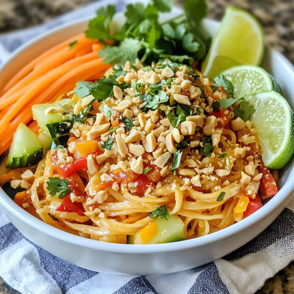 To make Spicy Thai Peanut Noodles, you will need these main ingredients: - 8 oz rice noodles - 1 cup shredded carrots - 1 bell pepper (any color), thinly sliced - 1 cucumber, julienned - 1 green onion, sliced - 1/2 cup unsalted roasted peanuts, chopped - 1/4 cup fresh cilantro, chopped - 1/4 cup creamy peanut butter - 2 tablespoons soy sauce (or tamari for gluten-free) - 2 tablespoons lime juice - 1 tablespoon sesame oil - 1 tablespoon sriracha (adjust for spice preference) - Salt to taste These ingredients create a tasty mix of flavors and textures. The rice noodles serve as a soft base. The veggies add crunch and color. The peanut sauce ties everything together with its creamy richness. You'll find a few pantry staples are key to this dish: - Soy sauce or tamari: This adds saltiness and depth. - Sesame oil: It gives a nice nutty flavor. - Peanut butter: This is the star ingredient for the sauce. - Sriracha: Use this for heat, adjusting to your taste. Keeping these items on hand helps you whip up this dish anytime. Plus, they are useful in many other recipes. You can enhance your Spicy Thai Peanut Noodles with these fun garnishes: - Extra chopped peanuts: They add more crunch. - Lime wedges: A squeeze of lime brightens flavors. - Additional cilantro: More herbs give freshness. - Sliced jalapeños or red chili: For an extra kick. Feel free to customize your toppings. Each choice adds a unique twist to the dish. Enjoy mixing and matching to find your perfect flavor! {{ingredient_image_1}} First, boil a large pot of water. Add 8 oz of rice noodles. Cook them according to the package instructions. When they are soft, drain the noodles. Rinse them under cold water to stop the cooking process. This keeps them from getting mushy. Set the noodles aside for later. In a mixing bowl, combine 1/4 cup of creamy peanut butter, 2 tablespoons of soy sauce, 2 tablespoons of lime juice, and 1 tablespoon of sesame oil. Add 1 tablespoon of sriracha for heat. Whisk the mixture until it is smooth and creamy. If you like more spice, add more sriracha. This sauce is what makes the dish pop. In a large bowl, add 1 cup of shredded carrots, 1 thinly sliced bell pepper, 1 julienned cucumber, and 1 sliced green onion. Toss these veggies together. Then, add the cooled noodles to the bowl. Pour the peanut sauce over everything. Gently toss the mixture until all the ingredients are coated in the sauce. Finally, top with 1/2 cup of chopped peanuts and 1/4 cup of chopped cilantro. Enjoy your colorful and tasty dish! To make the peanut sauce shine, use smooth, creamy peanut butter. It blends well and gives a rich taste. Mix soy sauce, lime juice, and sesame oil for a balanced flavor. Add sriracha to bring heat. Start with one tablespoon, then taste. If you want more spice, add more sriracha slowly. Whisk everything until smooth. This ensures no lumps remain. The sauce should coat the noodles easily without being too thick. When cooking rice noodles, follow the package instructions closely. Boil water in a large pot. Add the noodles and stir gently. Cooking time usually takes about 4 to 6 minutes. Check for doneness; they should be soft but not mushy. Drain the noodles and rinse them under cold water. This stops the cooking process and prevents sticking. Use a bit of oil if needed to keep them separate. Presentation matters in any dish, including Spicy Thai Peanut Noodles. Serve in wide bowls to show off the colorful veggies. Garnish with chopped peanuts and fresh cilantro on top. Add lime wedges on the side for a zesty touch. For a fun look, layer the salad ingredients instead of mixing them. This makes the dish eye-catching and appetizing. Your guests will love not only the taste but also the beautiful display! Pro Tips Fresh Ingredients: Always use fresh vegetables and herbs for the best flavor and texture in your dish. Peanut Butter Selection: Opt for a natural, creamy peanut butter without added sugars or oils for a healthier sauce. Adjusting Spice Levels: For a milder dish, start with less sriracha and add more to taste; you can always increase the heat! Make Ahead: Prepare the peanut sauce and chop the vegetables in advance to save time when you're ready to eat. {{image_2}} You can easily make this dish vegetarian or vegan. Simply use plant-based peanut butter and soy sauce. This recipe is already packed with veggies. The carrots, bell pepper, and cucumber add a lot of flavor and crunch. You can also add more veggies like broccoli or snap peas. They will make the dish even more colorful and tasty. If you want a nut-free version, swap peanut butter with sunflower seed butter. This keeps the creamy texture and flavor, but without the nuts. You can also leave out the chopped peanuts on top. Instead, try adding crispy rice or seeds like pumpkin seeds for crunch. Just make sure to check for allergies. Want to add protein? You can easily include chicken, tofu, or shrimp. For chicken, cook it in a pan until it’s golden brown. For tofu, press it to remove water, then cube and fry until crispy. Shrimp cooks fast; just sauté until pink. Add your protein choice into the mix before serving. It will make the dish heartier and more filling. To keep your Spicy Thai Peanut Noodles fresh, store them in an airtight container. This helps prevent them from drying out. Let the noodles cool to room temperature before sealing. You can keep them in the fridge for up to three days. If you notice any excess moisture, use a paper towel to absorb it. This way, your noodles stay tasty. When you're ready to eat leftover noodles, reheating is simple. You can use the microwave for quick heat. Place the noodles in a bowl and cover them with a damp paper towel. Heat them for one to two minutes, stirring halfway through. If you prefer the stove, warm the noodles in a skillet over medium heat. Add a splash of water or soy sauce to keep them moist. Stir gently until heated through. Want to save some for later? You can freeze Spicy Thai Peanut Noodles. First, divide them into portions. Use freezer-safe bags or containers. Squeeze out as much air as you can. They will stay good for up to two months. When you’re ready to eat, thaw them in the fridge overnight. Reheat as mentioned before. Just remember, freezing may change the texture of the veggies slightly. Spicy Thai Peanut Noodles are a quick and tasty dish. They mix rice noodles with fresh veggies and a creamy peanut sauce. The sauce usually has peanut butter, soy sauce, lime juice, and sriracha. This dish is great for lunch or dinner. It brings together sweet, salty, and spicy flavors in every bite. Yes, you can easily change the spice level. If you want more heat, add more sriracha. If you prefer it milder, use less sriracha. You can also skip it altogether if you like. Just taste as you go. This way, you can make it just right for you. To make Spicy Thai Peanut Noodles gluten-free, use tamari instead of soy sauce. Tamari is a gluten-free option that works great. Also, check the rice noodles to ensure they are gluten-free. Most brands are, but it’s always good to double-check. This way, everyone can enjoy this dish. You can add many veggies to this dish. Here are some ideas: - Bell peppers (any color) - Shredded carrots - Cucumber - Green onions - Snow peas - Broccoli - Bean sprouts Feel free to mix and match! Adding your favorite veggies makes the dish even better. This blog post reviewed all you need for Spicy Thai Peanut Noodles. We covered the main ingredients, some must-have staples, and optional garnishes. The step-by-step guide helped you cook the noodles and make the sauce. I shared tips to perfect your dish and variations for different diets. Don’t forget how to store leftovers and reheat them. With these insights, you’re ready to make a tasty meal. Enjoy every bite and feel free to get creative!
