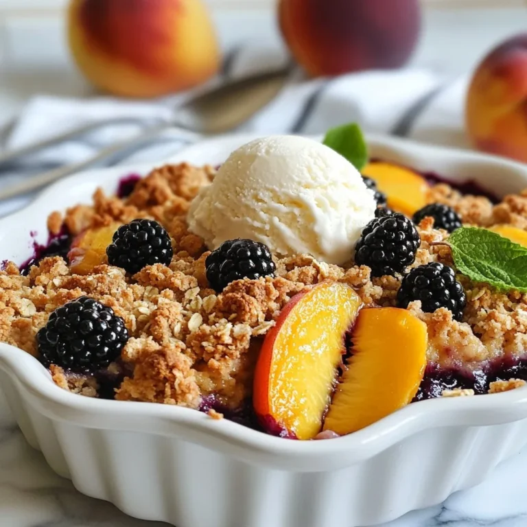 For this dish, you will need: - 2 cups fresh blackberries - 2 cups fresh peaches, peeled and sliced Using ripe blackberries adds a sweet-tart flavor. Peaches bring a juicy, soft texture. Together, they create a lovely mix. Choose fruits that are firm but slightly soft to the touch. Gather these dry ingredients: - 1 cup rolled oats - 1/2 cup all-purpose flour - 1/2 cup packed brown sugar - 1/4 cup granulated sugar - 1 teaspoon ground cinnamon - 1/4 teaspoon salt The oats give a nice crunch. The flour helps bind the mix. Brown sugar adds depth, while granulated sugar sweetens the dish. Cinnamon adds warmth to the flavor. Don't forget the salt; it balances the sweetness. You will also need: - 1/2 cup unsalted butter, melted - 1 teaspoon vanilla extract Melted butter creates a rich, buttery topping. Vanilla extract adds a wonderful aroma. These flavors make your crisp more special. For an extra treat, serve it with whipped cream or vanilla ice cream on top. {{ingredient_image_1}} Start by washing your blackberries well. You want to remove any dirt or bugs. Next, peel and slice your fresh peaches. Make sure the slices are not too thick. In a mixing bowl, combine the blackberries and peaches. Add the granulated sugar and toss gently. This step helps the fruits shine with flavor. Spread the fruity mix evenly in a greased 9x9 inch baking dish. Use a spatula to make sure it’s nice and even. In another bowl, mix the rolled oats, all-purpose flour, brown sugar, cinnamon, and salt. This blend creates a sweet and crunchy topping. Pour in the melted butter and vanilla extract. Stir until the mixture is crumbly. You want it to have some clumps for texture. This topping will give your crisp a lovely bite and flavor. Once mixed, sprinkle it evenly over the fruit layer in the baking dish. Cover all the fruits well for the best results. Now, preheat your oven to 350°F (175°C). Once the oven is ready, place the baking dish inside. Bake for 30-35 minutes. Keep an eye on it as it bakes. The top should turn golden brown, and the fruits should bubble. When you see this, your crisp is ready! Remove it from the oven and let it cool for about 10 minutes. This cooling time helps the juices settle. Serve warm, and enjoy this delightful treat! To get the best texture for your blackberry peach crisp, focus on the fruit. Use fresh blackberries and peaches for a juicy base. The fruit should be ripe but not mushy. Toss them gently with sugar to release their juices. This helps create a nice, sweet sauce. For the topping, mix oats, flour, and sugars well. The melted butter should bind the mix, making it crumbly. If the topping is too wet, it won't crisp up. Aim for a golden brown color on top for that perfect crunch. Serve your blackberry peach crisp warm for the best taste. A scoop of vanilla ice cream or whipped cream adds a creamy touch. You can also sprinkle a little cinnamon on top for extra flavor. For a fun twist, add a few whole blackberries or peach slices as a garnish. If you want to impress guests, use a fancy dish or plate. Presentation matters, and a colorful dish always looks inviting. One common mistake is using overripe fruit. This can lead to a mushy texture. Make sure to measure your ingredients correctly. Too much butter can make the topping greasy. Avoid mixing the topping too long; it should stay crumbly. Don’t skip letting the crisp cool for 10 minutes before serving. This helps the juices set and makes it easier to serve. With these tips, you'll create a delicious blackberry peach crisp every time. Pro Tips Use Ripe Fruits: Ensure your peaches are perfectly ripe for the best flavor. They should be slightly soft to the touch and fragrant. Customize the Topping: Feel free to mix in nuts or seeds to the oat topping for added texture and flavor, such as chopped walnuts or sunflower seeds. Make it Ahead: You can prepare the fruit layer and topping separately in advance. Combine them and bake just before serving for a warm dessert. Serving Suggestions: Serve with a drizzle of honey or a sprinkle of cinnamon on top of the ice cream for an extra touch of sweetness. {{image_2}} You can switch up the fruits in your crisp. Try using strawberries, blueberries, or apples. These fruits work well alone or in a mix. Each fruit brings its own flavor. For example, apples add a crisp bite, while strawberries add sweetness. Adjust the sugar based on the fruit's tartness. If you're using tart fruits, add a bit more sugar. If you prefer sweeter fruits, cut back on the sugar. If you need a gluten-free option, swap the all-purpose flour. Use gluten-free flour or almond flour instead. Both options work well in the topping. Make sure to check the labels to avoid hidden gluten. You can also use gluten-free oats. This way, everyone can enjoy the crisp without worry. The taste will still be delicious, and the texture will remain delightful. Adding nuts or seeds can enhance your crisp. Try chopped walnuts, pecans, or almonds for a crunch. Sunflower seeds or pumpkin seeds also add a nice touch. Mix them into the oat topping for extra flavor. This adds healthy fats and protein, making your dessert a bit more filling. Just be mindful of any nut allergies when serving. To store your leftover blackberry peach crisp, let it cool first. Cover the dish with plastic wrap or aluminum foil. You can also put it in an airtight container. This way, it stays fresh for up to three days in the fridge. When you want to enjoy your crisp again, preheat your oven to 350°F (175°C). Place the crisp in an oven-safe dish. Warm it for about 15 minutes or until it’s hot. If you prefer, you can use a microwave. Heat it for about 30 seconds at a time, checking often. You can freeze the blackberry peach crisp for later. First, let it cool completely. Wrap it tightly in plastic wrap, then in foil. Label it with the date. It will keep in the freezer for up to three months. To enjoy, thaw it in the fridge overnight before reheating. Yes, you can make Blackberry Peach Crisp ahead of time. Prepare the fruit and topping, then store them separately in the fridge. When ready to bake, put the fruit in a baking dish and add the topping. This way, you save time and still enjoy fresh, warm crisp. You can serve Blackberry Peach Crisp with whipped cream or vanilla ice cream. Both options add creaminess and enhance the flavors. You can also pair it with yogurt for a lighter option. Feel free to get creative with toppings like nuts or fresh mint for a fun twist. The crisp is done when the top turns golden brown and the fruits bubble. You can check after 30 minutes of baking. If it looks golden and smells great, it’s likely ready. Let it cool for about 10 minutes, then dive into that delicious dessert! We covered how to make a delicious blackberry peach crisp from start to finish. You learned about the fresh fruits, dry ingredients, and flavor boosters that create the perfect dish. I shared helpful tips for texture and serving, plus variations to fit your needs. Remember to store leftovers properly and consider freezing some for later. Trust your instincts while baking; practice makes perfect. Now, get in the kitchen and enjoy this tasty treat!