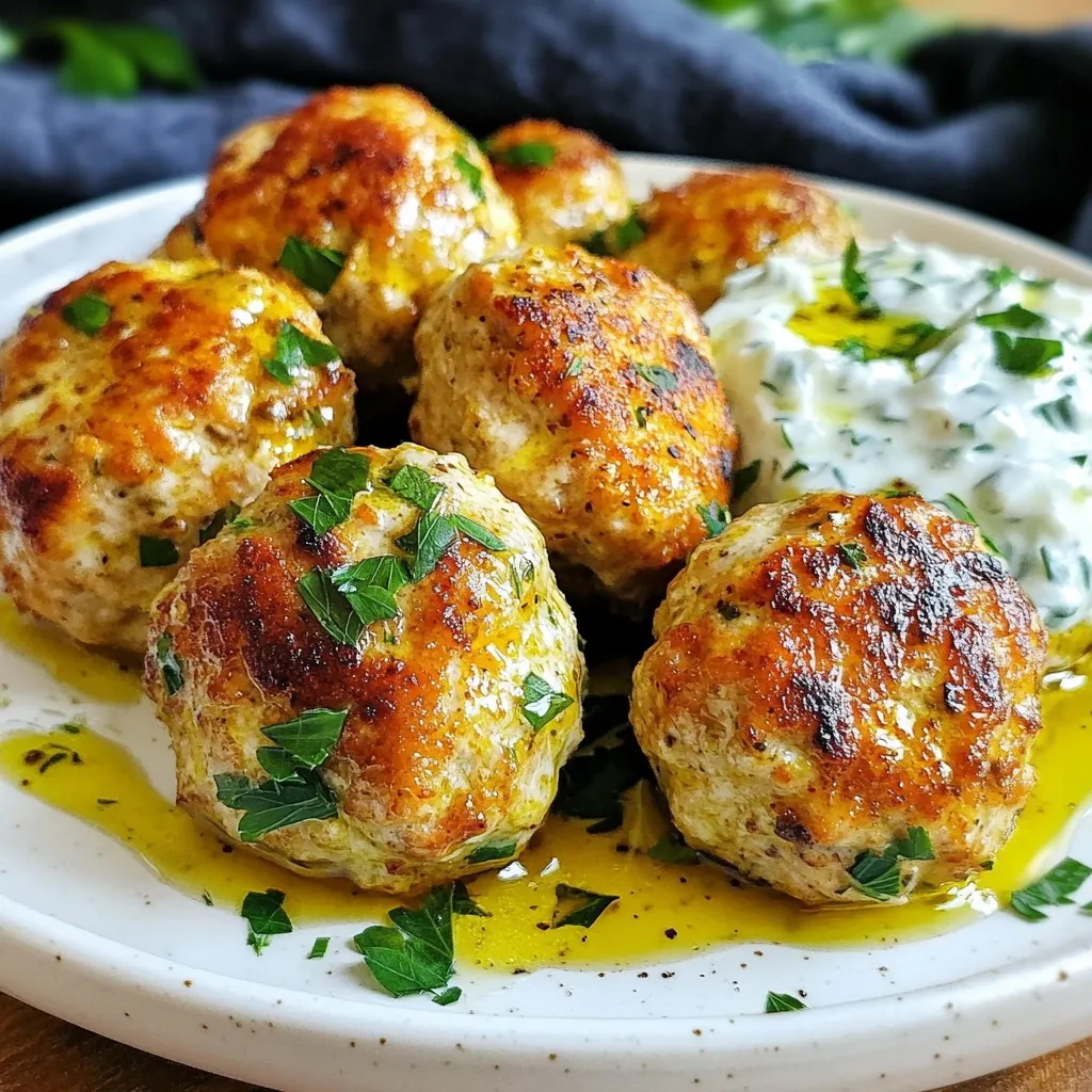 To make Baked Greek Chicken Meatballs, you will need: - 1 pound ground chicken - 1/2 cup breadcrumbs (preferably whole wheat) - 1/4 cup grated Parmesan cheese - 1/4 cup fresh parsley, finely chopped - 1/4 cup red onion, finely chopped - 2 cloves garlic, minced - 1 teaspoon dried oregano - 1/2 teaspoon ground cumin - 1/2 teaspoon salt - 1/4 teaspoon black pepper - 1 egg, lightly beaten - Zest of 1 lemon - 2 tablespoons olive oil - 1 cup tzatziki sauce (for serving) Fresh ingredients make a big difference in taste. Fresh parsley gives a vibrant flavor. Good quality chicken keeps the meatballs juicy. Fresh garlic adds a punch that dried garlic can't match. When you use fresh items, your dish shines. Try to buy local when possible. It helps you support your community and enjoy better taste. You can swap some ingredients to make these meatballs your own. Use ground turkey or beef if you prefer. For a gluten-free option, use gluten-free breadcrumbs. You can add feta cheese for a tangy twist. Want it spicy? Add red pepper flakes. If you want a herb boost, try dill or mint. Get creative with what you have! {{ingredient_image_1}} Start by gathering all your ingredients. You will need: - 1 pound ground chicken - 1/2 cup breadcrumbs (preferably whole wheat) - 1/4 cup grated Parmesan cheese - 1/4 cup fresh parsley, finely chopped - 1/4 cup red onion, finely chopped - 2 cloves garlic, minced - 1 teaspoon dried oregano - 1/2 teaspoon ground cumin - 1/2 teaspoon salt - 1/4 teaspoon black pepper - 1 egg, lightly beaten - Zest of 1 lemon - 2 tablespoons olive oil - 1 cup tzatziki sauce (for serving) Preheat your oven to 400°F. Line your baking sheet with parchment paper. This helps prevent sticking. In a large bowl, combine all your ingredients. Mix the ground chicken, breadcrumbs, and cheese together. Add the parsley, onion, and garlic next. Don’t forget the oregano, cumin, salt, and pepper. Pour in the beaten egg and lemon zest. Use your hands or a spoon to mix well, but be gentle. You don’t want tough meatballs. Once mixed, form the mixture into meatballs. Aim for about 1.5 inches in size. Place them on your lined baking sheet. Drizzle olive oil over the top of the meatballs. This adds flavor and moisture. Slide the baking sheet into the oven. Bake the meatballs for 20-25 minutes. They should look golden brown when done. Check that the internal temperature reaches 165°F for safety. When they are ready, take them out and let them rest for a few minutes. Enjoy them warm with tzatziki sauce. To keep your meatballs moist, use fresh ground chicken. Add breadcrumbs to help hold moisture. The egg also binds the mix and adds moisture. Avoid overmixing; this can lead to tough meatballs. Drizzling olive oil on top before baking adds extra flavor and moisture. Bake them just until they are golden brown, and the internal temperature hits 165°F. You only need a few tools to make these meatballs. A large mixing bowl is key for combining the ingredients. Use a sturdy spoon or your hands for mixing. A cookie scoop helps to form evenly sized meatballs. Parchment paper on the baking sheet prevents sticking and makes cleanup easy. An instant-read thermometer ensures perfect cooking. Serve these meatballs warm with tzatziki sauce. A Greek salad of cucumbers, tomatoes, and olives pairs well. Fresh pita bread can enhance the meal and add texture. You can also serve them over rice or with pasta for a twist. For added flavor, sprinkle some feta cheese on top before serving. Pro Tips Use Fresh Ingredients: Always opt for fresh parsley and garlic to enhance the flavor of your meatballs. Don’t Overmix: Mix the meatball ingredients gently to maintain a tender texture; overmixing can lead to tough meatballs. Check the Temperature: Use a meat thermometer to ensure your meatballs reach an internal temperature of 165°F for safe consumption. Customize Your Spices: Feel free to adjust the spices or add your favorites like paprika or feta cheese for extra flavor. {{image_2}} You can add heat to the meatballs with chili flakes. Start with half a teaspoon. Mix it in with the other spices. If you want more heat, add a bit more. You could also use spicy feta cheese instead of regular feta. This gives a nice kick and extra flavor. If you want a meat-free option, use chickpeas or lentils. Mash them well and mix with breadcrumbs. You can add some grated zucchini for moisture. Use the same spices to keep that Greek flavor. These veggie meatballs are tasty and healthy. Whole wheat breadcrumbs add fiber and a nutty flavor. They also make the meatballs a bit denser. Regular breadcrumbs are lighter and fluffier. You can choose based on your taste or what you have at home. Both types work well in this recipe. To store baked Greek chicken meatballs, first let them cool. Place them in an airtight container. If you stack them, add parchment paper to prevent sticking. Keep them in the fridge for up to three days. For longer storage, opt for freezing. To reheat meatballs, preheat your oven to 350°F (175°C). Spread them on a baking sheet. Heat for about 15 minutes or until warm. You can also reheat them in a microwave. Place them on a plate and cover with a damp paper towel. Heat for 1-2 minutes, checking often. If you freeze meatballs, make sure they are fully cooled. Place them in a freezer bag or container. They can last up to three months. To thaw, move them to the fridge overnight. You can also use the microwave for quicker thawing. Just use a low setting and check regularly. To keep meatballs moist, use a few simple tricks. First, do not overmix the meat mixture. Overmixing can make them tough. Second, add wet ingredients like egg and olive oil. These help keep the meat moist. Finally, baking the meatballs on parchment helps them cook evenly without drying out. Yes, you can make these meatballs ahead of time. You can prepare the meatball mixture and form the balls. Then, cover them and place them in the fridge. They will stay fresh for up to a day. You can also freeze them for later. Freeze the raw meatballs on a baking sheet and then transfer them to a bag. They can last for three months in the freezer. I love serving Baked Greek Chicken Meatballs with tzatziki sauce. It adds a creamy and tangy flavor. You can also pair them with a Greek salad. A mix of cucumbers, tomatoes, and olives works well. Fresh pita bread is a great side too. It helps scoop up the meatballs and sauce. These sides make a complete and tasty meal! This blog post covered how to make Baked Greek Chicken Meatballs. We explored the key ingredients, emphasizing the value of fresh items. You learned step-by-step instructions for prep, mixing, and baking. Tips helped you ensure moist meatballs, while storage info guided effective reheating. Lastly, variations allowed for tasty changes. In conclusion, these meatballs are easy to make, versatile, and packed with flavor. Enjoy experimenting with your own twists!