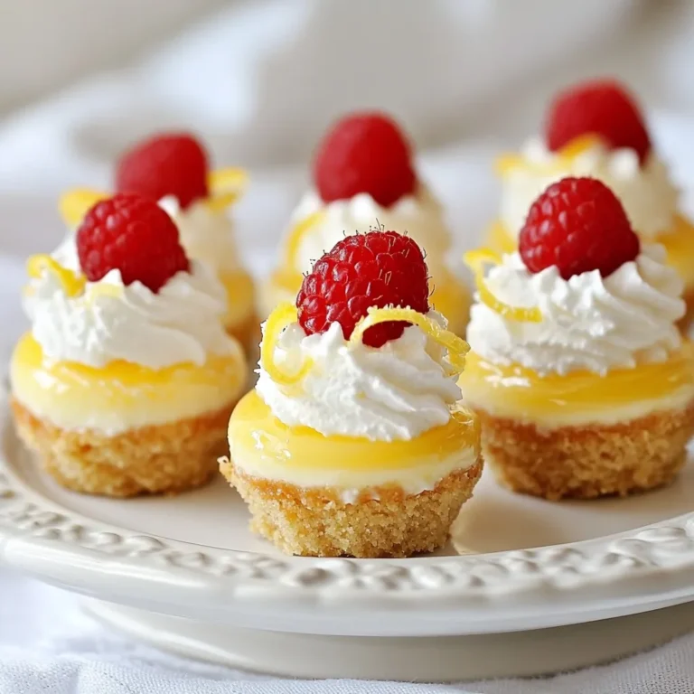 You will need these simple ingredients for Raspberry Lemon Cheesecake Bites: - 1 cup graham cracker crumbs - 1/4 cup unsalted butter, melted - 2 cups cream cheese, softened - 1/2 cup powdered sugar - 1 tablespoon lemon zest - 1/4 cup fresh lemon juice - 1 teaspoon vanilla extract - 1 cup fresh raspberries (plus extra for garnish) - 1 tablespoon cornstarch - 1/2 cup whipped cream, for topping If you need to make swaps, here are some great options: - You can use digestive biscuits instead of graham crackers for the crust. - Coconut oil works well if you want a dairy-free option instead of butter. - Try mascarpone cheese in place of cream cheese for a different taste. - For a healthier choice, use honey or maple syrup instead of powdered sugar. - If you do not have fresh raspberries, frozen raspberries can work too; just thaw and drain them first. Using fresh ingredients makes a big difference in flavor. Here are some tips: - Choose ripe raspberries; they should be firm and not mushy. - For the best lemon flavor, use fresh lemons instead of bottled juice. - When zesting, avoid the bitter white pith of the lemon. - Use high-quality cream cheese for a smooth and creamy filling. - Keep your cream cheese at room temperature for easy mixing. With these ingredients and tips, you will create delightful Raspberry Lemon Cheesecake Bites. Enjoy the bright flavors of lemon and raspberry in each small treat! {{ingredient_image_1}} Start by gathering your tools and ingredients. You will need a medium bowl and a mini muffin tray. In the bowl, mix 1 cup of graham cracker crumbs with 1/4 cup of melted unsalted butter. Stir until the crumbs feel moist and sticky. This step is key for a solid base. Next, press the crumb mixture firmly into the bottom of your lined muffin tray. Make sure to pack it down well. This helps it hold together. Preheat your oven to 350°F (175°C). Bake the crusts for about 5 minutes, or until they look slightly golden. This gives them a nice crunch. Once baked, let them cool completely before adding the filling. In a clean bowl, beat 2 cups of softened cream cheese with an electric mixer. Mix until it is smooth and creamy. This step is crucial for a fluffy filling. Gradually add in 1/2 cup of powdered sugar, 1 tablespoon of lemon zest, 1/4 cup of fresh lemon juice, and 1 teaspoon of vanilla extract. Continue mixing until everything is well combined. The filling should be creamy and rich. Now, take 1 cup of fresh raspberries. Gently fold them into the cheesecake mix. To help the raspberries keep their shape, sprinkle 1 tablespoon of cornstarch over them first. This adds a nice touch of sweetness and structure. Once your crusts have cooled, it's time to fill them. Carefully spoon the cheesecake filling into each crust. Fill them to the top for a generous bite. After filling, place the cheesecake bites in the refrigerator. Chill them for at least 2 hours or until they set firmly. This step is essential for the best texture. Before serving, add a dollop of whipped cream on each bite. Top with an extra raspberry for a beautiful finish. Now, you're ready to enjoy these delightful treats! To get the ideal texture for your raspberry lemon cheesecake bites, focus on the cream cheese. Make sure it is very soft before mixing. This helps to create a smooth filling. Avoid lumps by mixing until it's creamy. Gradually add the powdered sugar and other ingredients. This method keeps the filling light and fluffy. For the crust, press the graham cracker mix firmly but gently. This gives a sturdy base that won't crumble. These bites shine on their own. Yet, you can elevate them with fun pairings. Serve them with a cup of tea or coffee for a cozy treat. Fresh mint leaves can add a pop of color and flavor. You can also pair these bites with a light fruit salad. This brings out the raspberry and lemon notes even more. Consider adding a splash of lemon-lime soda for a refreshing twist. To boost the flavor, try using different citrus zest. Lime or orange zest can add a unique twist to the filling. You can also mix in a splash of almond extract for depth. If you want a sweeter touch, drizzle a bit of honey or agave over the top. Finally, adding a pinch of sea salt can elevate the taste. It enhances the sweetness and balances the flavors perfectly. Pro Tips Chill for Best Texture: Make sure to chill the cheesecake bites for at least 2 hours to allow them to set properly and enhance the creamy texture. Use Fresh Ingredients: Fresh raspberries and real lemon juice will give your cheesecake bites a vibrant flavor that frozen or bottled options can’t match. Customize Your Toppings: Feel free to experiment with different toppings like chocolate shavings or a berry compote for added flavor and presentation. Don’t Overmix the Filling: When folding in the raspberries, be gentle to prevent them from breaking apart and to maintain a nice texture in your cheesecake bites. {{image_2}} You can swap out raspberries for other fruits. Strawberries add sweetness and color. Blueberries bring a pop of flavor. Blackberries offer a tart twist. Mix different fruits for a fun look. Each fruit change gives a new taste. Try using a single fruit or a mix! For a gluten-free crust, use almond flour or oat flour. These flours give a nice base. Just mix them with melted butter. You can also find gluten-free graham crackers. They work just like regular graham crackers. This way, everyone can enjoy these bites! To make a vegan version, swap cream cheese for cashew cream. Soak cashews overnight and blend them. Use maple syrup instead of powdered sugar. Replace butter with coconut oil. Use a vegan graham cracker for the crust. These changes keep the taste and make it plant-based! To keep your Raspberry Lemon Cheesecake Bites fresh, store them in an airtight container. Line the container with parchment paper to avoid sticking. This simple step helps maintain their shape and flavor. Keep the bites in the fridge until you are ready to serve. Avoid stacking them on top of each other to prevent squishing. You can freeze these cheesecake bites if you want to save some for later. First, freeze them on a baking sheet for about one hour. When they are firm, transfer them to a freezer-safe container. Use parchment paper to separate layers. They can last up to three months in the freezer. Thaw them in the fridge overnight before serving. In the fridge, Raspberry Lemon Cheesecake Bites can last about five days. Make sure they stay sealed in an airtight container. If you notice any changes in texture or smell, it’s best to discard them. Enjoy them while they are fresh for the best taste! I love serving these bites chilled. They taste best when they’re nice and cold. Place them on a pretty plate for a fun touch. Add a dollop of whipped cream on top. Top with an extra raspberry for color and flair. This makes them look fancy and inviting! Yes, you can make these bites ahead of time. I often prepare them the night before. Once they chill in the fridge, they set perfectly. Just keep them covered to stay fresh. This way, you can save time on the day of your event. The cheesecake bites are set when they feel firm to the touch. You can gently poke one with your finger. If it bounces back, they are ready! After chilling for at least two hours, they should hold their shape. If they feel soft, give them more time in the fridge. You now have all the tools to make delicious Raspberry Lemon Cheesecake Bites. We covered the key ingredients, including substitutions and the importance of fresh items. You learned step-by-step instructions, how to create a crust, and assemble the bites. I shared tips for perfect texture and serving ideas. Remember, you can change flavors and even make them vegan. Store them well to keep that fresh taste. Enjoy making these treats; they're sure to impress your friends and family!