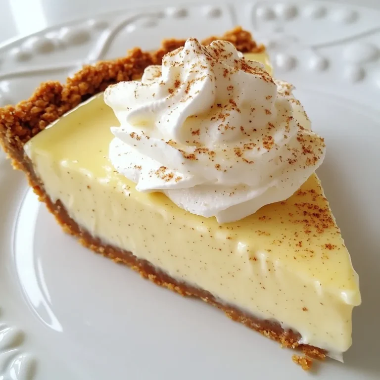 - 1 pre-made graham cracker pie crust - 2 cups eggnog - 3 tablespoons cornstarch - 1/4 cup granulated sugar - 1/4 teaspoon ground nutmeg (plus extra for garnish) - 1/4 teaspoon ground cinnamon - 2 large egg yolks - 1 teaspoon vanilla extract - 1 cup heavy whipping cream - 1 tablespoon powdered sugar These ingredients bring together the rich flavors of eggnog and spices. The graham cracker crust holds everything together. The eggnog adds creaminess and warmth. Cornstarch thickens the filling, while sugar balances the flavors. Remember to have extra nutmeg on hand for garnish. It adds a nice touch. You can try different crusts. A chocolate cookie crust works well too. If you want a dairy-free version, use almond or coconut milk. You can also find eggnog made with plant-based ingredients. For a gluten-free option, choose a gluten-free crust. If you don’t have nutmeg, cinnamon can be a good swap. You can also try ginger for a spicy twist. You will need a medium saucepan for cooking. A whisk is essential for mixing. Use a separate bowl for the egg yolks. A spatula helps to smooth the filling into the crust. Finally, have a mixing bowl and electric mixer ready for the whipped cream. With these ingredients and tools, you can easily make this festive pie. It’s fun to create and share this treat with friends and family. {{ingredient_image_1}} Start by gathering your ingredients. In a medium saucepan, whisk together two cups of eggnog, three tablespoons of cornstarch, a quarter cup of sugar, and the spices. Use a gentle heat to warm the mixture. Stir often to avoid lumps. Keep whisking until the mixture starts to bubble. This step helps blend the flavors and thicken the filling. While the eggnog mixture heats, crack two large egg yolks into a bowl. Whisk them until they are smooth. Next, slowly add a bit of the warm eggnog mixture to the yolks. This step is key. It warms the yolks without cooking them. Stir constantly as you pour. Once combined, add the yolk mix back into the saucepan. Stir the mixture constantly as it cooks for about 5 to 7 minutes until it thickens. Once thickened, remove the saucepan from heat. Stir in one teaspoon of vanilla extract. Let the mixture cool slightly. This will help it set better in the pie crust. Take your pre-made graham cracker crust and pour the filling in. Smooth it with a spatula. Chill the pie in the fridge for at least four hours. This step allows the pie to set and makes slicing easier. Enjoy the rich and creamy texture when it's ready! To make your Eggnog Crème Pie smooth, cook the filling slowly. Stir it non-stop while it heats. This helps avoid lumps. When it thickens, the texture should be creamy and velvety. If it feels too thick, add a little milk or cream. This will help you achieve the perfect consistency. When whipping cream, start with cold tools. Use a chilled bowl and beaters. This helps the cream whip faster and stay firm. Whip it until you see stiff peaks. This means the cream holds its shape well. Don’t overwhip, or it might turn into butter. Gently fold in the powdered sugar for a touch of sweetness. To make your pie shine, serve it on festive plates. A sprinkle of nutmeg adds a nice touch. You can also place a cinnamon stick beside each slice. For added flair, use a piping bag to swirl the whipped cream. This makes each slice look special and inviting. Enjoy presenting your Eggnog Crème Pie at your holiday gatherings! Pro Tips Use Fresh Eggnog: For the best flavor, opt for fresh eggnog instead of a shelf-stable version. It enhances the creaminess and richness of the pie. Chill the Pie Properly: Allow the pie to set in the refrigerator for at least 4 hours, but overnight is even better for a more solid texture. Whip the Cream to Stiff Peaks: Make sure to whip the heavy cream until stiff peaks form for a light and airy topping that holds its shape. Garnish Thoughtfully: Use freshly grated nutmeg for garnishing rather than pre-ground for a more vibrant and aromatic finish. {{image_2}} You can add fun flavors to your Eggnog Crème Pie. Try adding a splash of rum extract for a festive twist. You can also mix in some chocolate for a rich taste. Just fold in cocoa powder or melted chocolate into the eggnog mixture. For a fruity vibe, consider adding a bit of orange zest. This adds a bright note that pairs well with eggnog. You can also swap out the spices. Use ginger or allspice for a different holiday feel. If you need a gluten-free pie, use a gluten-free graham cracker crust. Many brands offer this option in stores. For a dairy-free version, select a dairy-free eggnog. Look for almond, coconut, or soy-based eggnog. These options work well and keep the creaminess. You can also use coconut cream instead of heavy whipping cream for the topping. This gives a rich texture while making it dairy-free. Mini Eggnog Crème Pies are a fun twist. Use muffin tins to make individual pies. Just press the crust into each cup and fill with the eggnog mixture. Adjust the baking time, as these will set faster than a full pie. You can serve these mini pies at parties or gatherings. They are easy to grab and eat. Plus, they look cute on your dessert table. After your Eggnog Crème Pie cools, cover it well. Use plastic wrap or foil. This keeps it fresh and safe in the fridge. Store it for up to three days. If you have a slice left, place it in an airtight container. This helps maintain the creamy texture and flavor. You can freeze Eggnog Crème Pie, but it’s best to freeze it without the whipped cream. Wrap the pie tightly in plastic wrap first. Then, put it in a freezer bag or container. It can stay frozen for up to two months. When ready to eat, let it thaw overnight in the fridge. If you want to enjoy your pie warm, it’s best to reheat slices gently. Place a slice on a microwave-safe plate. Heat it in the microwave for about 15-20 seconds. Check it often to avoid overheating. Remember, the pie is best served cold, so only heat if you prefer it warm! Yes, you can make Eggnog Crème Pie a day in advance. This pie tastes better when chilled. Make sure to cover it well with plastic wrap. This keeps the pie fresh and prevents it from absorbing other flavors in the fridge. If you don't have eggnog, you can use milk or cream. Add a bit of vanilla and nutmeg to mimic the flavor. You can also mix milk with a little sugar and spices for a similar taste. This makes a great base for your pie. The pie stays fresh for about 3 to 4 days in the fridge. Be sure to keep it covered. If you notice any changes in smell or texture, it’s best to throw it away. Always trust your senses when it comes to food safety. You learned how to make Eggnog Crème Pie with the right tools and ingredients. We covered steps for preparing and cooling the filling. I shared tips for great texture and presentation. You can also explore variations and storage tips to suit your needs. Eggnog Crème Pie is a fun treat for any season. With this guide, make it perfect every time. Enjoy your baking!
