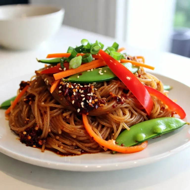 - 8 oz rice noodles - 2 tablespoons sesame oil - 4 cloves garlic, minced - 1 tablespoon fresh ginger, grated - 1 red bell pepper, sliced - 1 cup snap peas - 1 carrot, julienned - 2 green onions, chopped - 2 tablespoons soy sauce - 1 tablespoon chili sauce (adjust to taste) - 1 tablespoon rice vinegar - 1 tablespoon honey or agave syrup For Spicy Garlic Noodle Stir Fry, you need rice noodles as the base. They soak up the flavors well. Use fresh vegetables for crunch and color. Garlic and ginger give it a bold taste. The sesame oil adds a lovely nutty flavor, while soy sauce and chili sauce bring the heat. - Sesame seeds - Fresh cilantro Toppings make this dish even better. Sprinkle sesame seeds for a nice crunch. Fresh cilantro adds a burst of freshness. You can skip these if you want, but I recommend them for extra flavor. - Gluten-free options: Use rice noodles made from brown rice or another gluten-free brand. - Vegan options: Replace honey with agave syrup for a vegan-friendly dish. If you need a gluten-free version, there are many rice noodle brands available. For a vegan twist, agave syrup works great instead of honey. This way, anyone can enjoy this tasty dish! {{ingredient_image_1}} To cook the rice noodles, follow the package instructions. Usually, you will boil them in water for about 4-6 minutes. Stir them gently to keep them from sticking. Once they are soft, drain them in a colander. Rinse the noodles under cold water to stop the cooking. This step helps keep the noodles from getting mushy. Set the drained noodles aside for later. Heat the sesame oil in a large skillet or wok over medium-high heat. Wait until the oil is hot. This ensures a nice sizzle when you add other ingredients. Add the minced garlic and grated ginger to the oil. Stir-fry for about 30 seconds. You want the garlic and ginger to smell great but not burn. Keep an eye on them! Now, it’s time to add the fun part—vegetables! Put the sliced red bell pepper, snap peas, and julienned carrot into the skillet. Stir-fry these for about 3-4 minutes. You want them to be tender-crisp, not soft. This keeps the dish fresh and colorful. In a small bowl, mix the soy sauce, chili sauce, rice vinegar, and honey or agave syrup. Pour this sauce over the cooked vegetables. Stir well to coat everything. Add the cooked rice noodles next. Toss them in the skillet, mixing well with the sauce. Cook for an additional 2-3 minutes. Finally, fold in the chopped green onions. Taste and add more soy or chili sauce if you like. Enjoy your vibrant Spicy Garlic Noodle Stir Fry! To get the best crunch from your veggies, cook them quickly. Stir-fry for just 3-4 minutes. You want them tender but still crisp. For the rice noodles, follow package instructions. Once cooked, drain them well. Rinse in cold water to stop cooking. This keeps them from getting too soft. Adjusting spice levels is easy. Start with one tablespoon of chili sauce. Taste and add more if you like it hotter. To bring out sweetness, add honey or agave syrup. Rice vinegar gives a nice tang. So, balance these flavors to match your taste buds. Pair your noodles with protein like chicken, tofu, or shrimp. This adds more flavor and fills you up! For plating, use a large bowl. Sprinkle sesame seeds and fresh cilantro on top. It makes everything look pretty and taste great. Pro Tips Use Fresh Ingredients: Fresh vegetables not only enhance the flavor but also add vibrant colors to your dish, making it more appealing. Adjust Spice Levels: Feel free to adjust the amount of chili sauce based on your heat preference to make the dish milder or spicier. Don’t Overcook Noodles: Make sure the rice noodles are cooked just right; they should be al dente to hold up well in the stir-fry. Garnish for Flavor: Adding fresh cilantro and sesame seeds not only enhances presentation but also adds layers of flavor to the final dish. {{image_2}} I love to mix up the protein in my Spicy Garlic Noodle Stir Fry. You can use chicken or tofu, depending on your taste. - Chicken: Cut it into thin strips. Stir-fry it with garlic and ginger for great flavor. Cook it until it’s golden brown. - Tofu: Use firm tofu for a nice texture. Press it to remove extra water, then cube it. Add it to the stir fry for a hearty option. If you want seafood, shrimp or scallops work well. Cook them quickly to keep them juicy. You can play with the veggies in your stir fry. Seasonal vegetables add freshness and taste. - Seasonal Veggies: Use what’s fresh. Broccoli, zucchini, or bell peppers can brighten your dish. - Creative Stir Fry Mixes: Get bold! Try adding baby corn, mushrooms, or bok choy. They each bring unique flavors and textures. Mixing different veggies keeps every bite interesting. If you love heat, here are some ways to crank it up. - Increasing Heat Levels: Add more chili sauce. Start with a little and taste as you go. If you want more heat, add sliced fresh chili peppers. - Alternative Spices: Try red pepper flakes or Szechuan peppercorns for a different kick. These spices can change the flavor profile while keeping the heat. These tips will help you create a spicy dish that satisfies your cravings. To keep your Spicy Garlic Noodle Stir Fry fresh, store it in the fridge. Use an airtight container. Make sure it cools down to room temperature before sealing. This helps prevent moisture build-up, which can lead to sogginess. Eat the leftovers within three days for the best taste. You can reheat your noodles in the microwave or on the stovetop. If you use the microwave, heat in short bursts. Stir between to keep heat even. For stovetop, use a bit of oil to help bring back flavor. Add a splash of soy sauce or water to prevent sticking. This keeps your dish tasting fresh and delicious. You can freeze your Spicy Garlic Noodle Stir Fry, but it’s best to do this before adding green onions or sesame seeds. Let the dish cool completely. Place it in a freezer-safe container. It can last for about one month in the freezer. To reheat from frozen, thaw it in the fridge overnight. Then reheat using the stovetop method for the best taste. To make this dish vegetarian, use tofu instead of meat. Tofu adds protein and absorbs flavors well. You can also add more veggies like broccoli or mushrooms. Use vegetable broth instead of chicken broth if you want a richer taste. This makes the dish filling and tasty without meat. Yes, you can switch up the noodles! Instead of rice noodles, try udon or soba noodles. Both give a different texture and taste. If you're gluten-free, look for rice or gluten-free noodles. They work just as well and keep the dish delicious. This stir fry pairs well with simple side dishes. Try spring rolls or a fresh salad. You can also serve it with dumplings for a fun meal. For a heartier option, add a side of fried rice. Each brings out the spice and flavor of the noodles. This article covered how to make a tasty spicy garlic noodle stir fry. We discussed key ingredients like rice noodles, fresh vegetables, and flavoring agents. I shared tips on cooking techniques, ensuring great texture, and balancing flavors. You learned about storing, reheating, and even variations with proteins or veggies. In conclusion, this dish is not just easy to prepare but also versatile. You can impress friends and family with your cooking skills. Enjoy your culinary adventure with this stir fry!