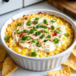 To make Cheesy Jalapeño Corn Dip, you will need: - 1 can (15 oz) sweet corn, drained - 1 cup cream cheese, softened - 1 cup shredded cheddar cheese - 1 cup sour cream - 2 jalapeños, finely chopped (seeds removed for less heat) - 1/2 cup red bell pepper, finely diced - 2 green onions, sliced - 1 teaspoon garlic powder - 1 teaspoon cumin - Salt and pepper to taste - Tortilla chips or veggies for serving If you want to mix things up, try using: - Frozen corn instead of canned corn. Just thaw and drain it. - A blend of different cheeses like pepper jack or mozzarella for extra flavor. - Greek yogurt in place of sour cream for a healthier option. You can easily adapt this dip for different diets: - For a gluten-free option, ensure your chips are gluten-free. - To make this dip lighter, use low-fat cream cheese and sour cream. - For a vegan version, swap the cream cheese and sour cream with vegan alternatives. You can also use nutritional yeast for a cheesy flavor. {{ingredient_image_1}} To start, gather all your ingredients. You will need: - 1 can (15 oz) sweet corn, drained - 1 cup cream cheese, softened - 1 cup shredded cheddar cheese - 1 cup sour cream - 2 jalapeños, finely chopped (seeds removed for less heat) - 1/2 cup red bell pepper, finely diced - 2 green onions, sliced - 1 teaspoon garlic powder - 1 teaspoon cumin - Salt and pepper to taste Now, preheat your oven to 350°F (175°C). In a large bowl, mix the softened cream cheese, shredded cheddar cheese, and sour cream. Make sure to stir until it is smooth and creamy. Next, fold in the drained corn, chopped jalapeños, diced red bell pepper, and sliced green onions. This adds color and flavor. Season your mixture with garlic powder, cumin, salt, and pepper. Stir well to combine everything evenly. Transfer the dip mixture into a baking dish. Spread it out evenly across the top. Place the dish in your preheated oven. Bake for about 25-30 minutes. Look for the top to be golden brown and bubbly. This means your dip is ready to enjoy. After baking, let the dip cool for a few minutes. This helps with serving. For a nice touch, you can garnish with extra chopped green onions and a sprinkle of smoked paprika. Serve hot with tortilla chips or fresh veggies for dipping. Enjoy this tasty dip at your next gathering! To make your dip extra creamy, use full-fat cream cheese and sour cream. These give the dip a rich texture. Mix them until smooth before adding other ingredients. You can also add more cream cheese if you want it even creamier. Another trick is to melt the cheddar cheese slightly before mixing it in. This helps blend everything together well. Bake the dip at 350°F for 25-30 minutes. Keep an eye on it! Every oven is different, so check after 20 minutes. The dip is ready when the top is golden and bubbly. Let it cool for a few minutes before serving. This helps the flavors settle and makes it easier to scoop. Serve the dip hot in the baking dish. Garnish with chopped green onions for color. A sprinkle of smoked paprika adds a nice touch, too. Pair it with tortilla chips for crunch. Sliced veggies like cucumbers and bell peppers work great for dipping, too. You can also serve it with crackers for a fun twist. Pro Tips Adjust the Heat: If you prefer a milder dip, make sure to remove all seeds and membranes from the jalapeños before chopping them. Cheese Variations: Experiment with different types of cheese, such as pepper jack or mozzarella, to give the dip a unique flavor twist. Make-Ahead Option: Prepare the dip a day in advance and store it in the refrigerator. Just bake it when you're ready to serve for a quick and easy appetizer. Garnish for Presentation: For an extra pop of color and flavor, top the dip with fresh cilantro or a sprinkle of lime juice before serving. {{image_2}} If you want a kick, try adding more jalapeños. You can also use serrano peppers for a hotter flavor. Another option is to mix in some diced chipotle peppers. They add a nice smoky taste along with heat. For those who love heat, drizzle some hot sauce on top before baking. You can make this dip heartier by adding protein. Cooked bacon bits bring a savory touch. Shredded chicken also works well and makes it more filling. If you want, you can mix in some black beans for extra texture and flavor. These options make the dip not only tasty but also more satisfying. For a vegetarian version, just skip the meat and enjoy the dip as is. To make it vegan, swap cream cheese and sour cream for plant-based versions. There are many great options out there. Instead of cheddar, try a vegan cheese that melts well. This way, you can enjoy all the flavors without dairy. To store leftovers, let the dip cool first. Then, place it in an airtight container. This helps keep the dip fresh for up to three days. If you want to save some for later, be sure to refrigerate it right away. When you're ready to enjoy the dip again, preheat your oven to 350°F (175°C). Transfer the dip back into a baking dish. Heat it for about 15-20 minutes. Watch for the top to bubble and turn golden. If you’re in a hurry, you can use a microwave. Heat it in short bursts of 30 seconds, stirring in between. You can freeze the dip for longer storage. Place the cooled dip in a freezer-safe container. It can last up to three months in the freezer. To reheat, thaw it overnight in the fridge. Then, use the reheating instructions mentioned above. Yes, you can make this dip ahead. Just prepare it and store it in the fridge. Cover it well to keep it fresh. When you're ready, bake it as directed. This makes it easy for parties! If you need a sour cream swap, use Greek yogurt. It adds creaminess and tang. You can also try cream cheese if you want a richer taste. Both options work well in this dip. The spice level of the dip depends on the jalapeños. If you remove the seeds, it’s milder. For more heat, leave some seeds in. You can always adjust the amount to suit your taste. While this dip is best hot, you can serve it cold. It will have a different taste and texture. Cold dip is great for summer parties or picnics, but heating it makes the flavors pop. Tortilla chips are ideal for this cheesy dip. Their crunch pairs well with the creamy texture. You can also use pita chips or veggie sticks for a healthier option. Enjoy exploring different dipping choices! This blog post covered key ingredients and options for making Cheesy Jalapeño Corn Dip. We explored how to prepare, bake, and serve it. I shared tips for making it extra creamy and offered tasty variations to suit your taste. Proper storage and reheating tips ensure your dip stays fresh. With so many ways to enjoy this dip, you can tailor it to any gathering. Enjoy experimenting and making it your own!