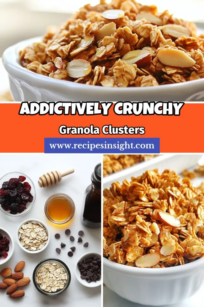 Discover the joy of making Vanilla Almond Granola, an easy granola recipe that's perfect for healthy snack recipes. These homemade granola clusters are loaded with the goodness of rolled oats and sliced almonds, sweetened with honey or maple syrup, and can be customized with dark chocolate chips for a delightful twist. Perfect for breakfasts or on-the-go snacking. Save this recipe for a nutritious treat anytime! #GranolaClusters #HealthySnack #HomemadeGranola #GranolaRecipes