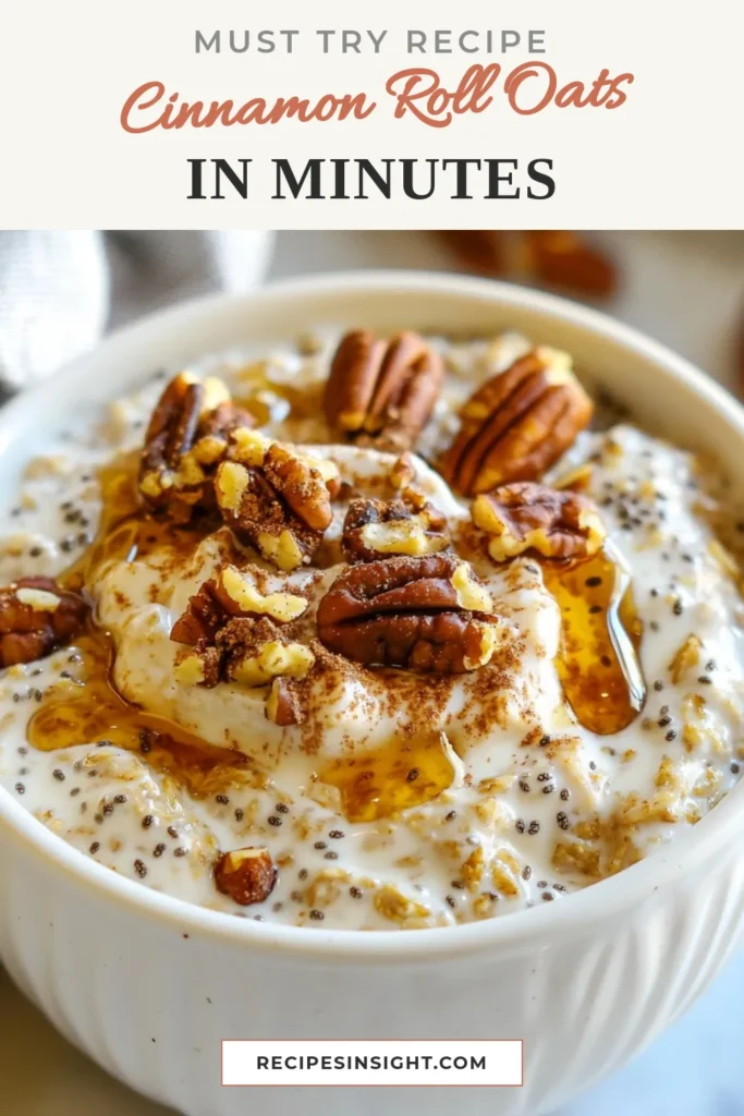 Wake up to the deliciousness of Cinnamon Roll Overnight Oats! This easy healthy breakfast combines rolled oats, chia seeds, and almond milk for a nutritious start to your day. Try this overnight oats recipe and experience the comforting flavors of cinnamon rolls in a nutritious bowl. Perfect for busy mornings, these Chia seed oatmeal jars are ready to eat when you are. Save this recipe now! #OvernightOats #HealthyBreakfast #CinnamonRoll #ChiaSeeds