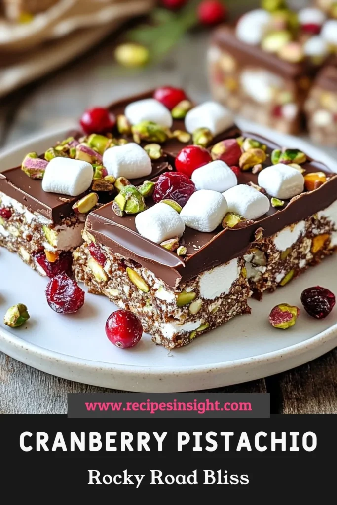 Indulge in this no-bake chocolate dessert with our easy Cranberry Pistachio Rocky Road recipe! This delightful mix of dark chocolate, marshmallows, tangy cranberries, and crunchy pistachios creates irresistible chocolate marshmallow squares. Perfect for festive gatherings, this treat will leave everyone wanting more. Try it today and impress your guests! Save this recipe for your next holiday celebration! #RockyRoad #DessertRecipes #NoBakeTreats #FestiveSweets