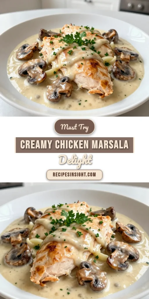 Looking for a delicious Comfort food chicken recipe? Try this Creamy Chicken Marsala recipe featuring tender chicken breasts and savory Chicken Marsala with mushrooms. It's an Easy creamy chicken dinner that the whole family will love! Learn how to make Chicken Marsala in just 30 minutes. Perfect for busy weeknights! Save this recipe for your next meal idea! #CreamyChickenMarsala #ChickenDinner #ComfortFood #EasyRecipes