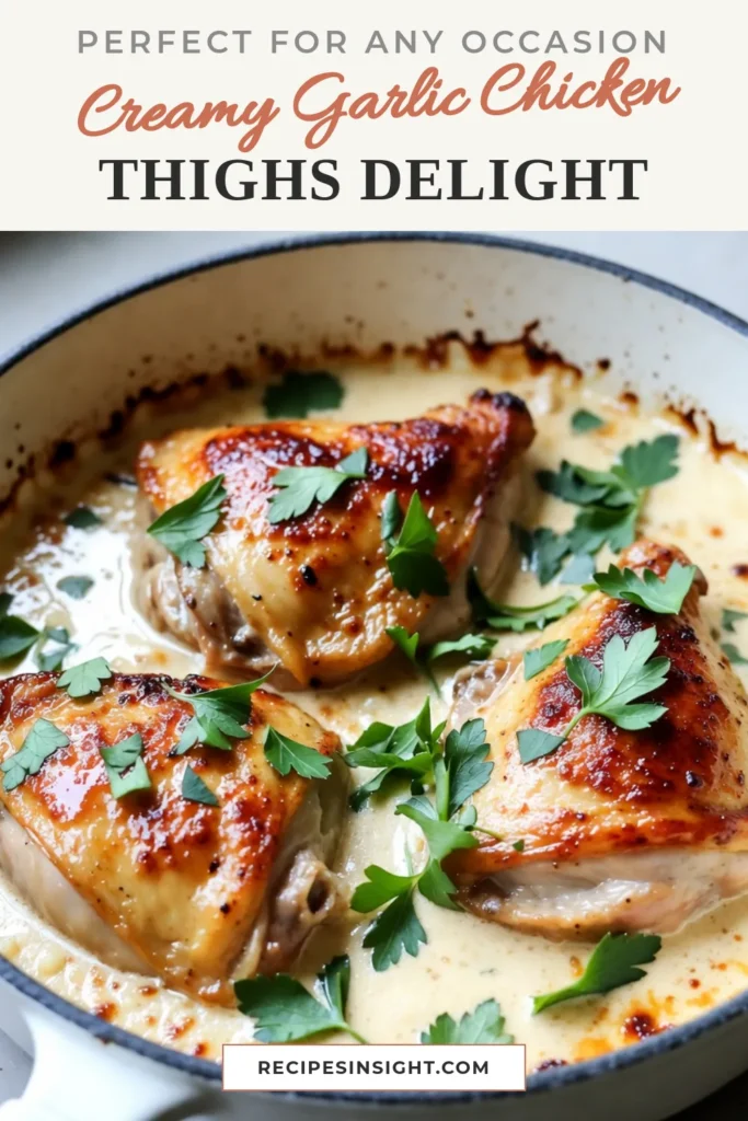 Indulge in these creamy garlic parmesan chicken thighs that are perfect for any dinner night. This easy garlic chicken skillet recipe results in tender, juicy baked chicken thighs with cream sauce, bursting with flavor. Follow our step-by-step instructions for a delightful one-pan chicken thigh recipe that's sure to impress. Don't forget to save this delicious parmesan chicken thighs recipe for your next meal! #CreamyGarlicChicken #EasyChickenRecipes #OnePanMeals #ChickenDinnerIdeas