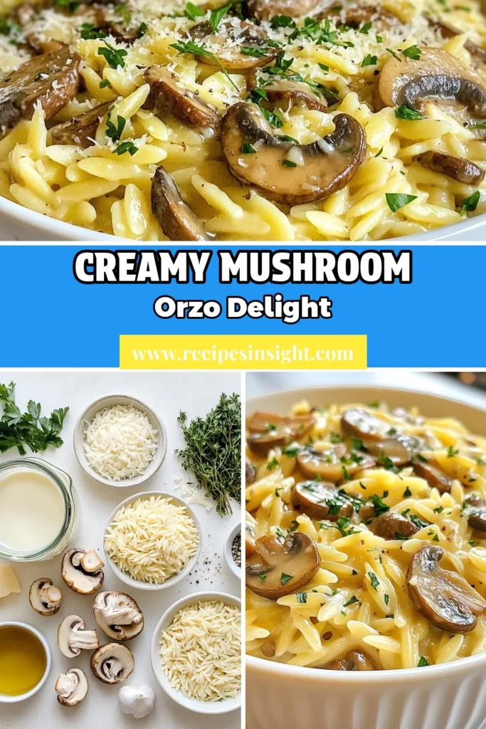 Indulge in this creamy mushroom orzo recipe for a cozy meal! This easy mushroom pasta combines rich cremini mushrooms, velvety heavy cream, and savory Parmesan cheese, making it the perfect vegetarian orzo dish. Quick to prepare, it serves as a delightful comfort food recipe for any occasion. Try this creamy mushroom Parmesan orzo tonight and savor every bite! Save and share! #CreamyMushroomOrzo #ParmesanOrzo #VegetarianRecipes #ComfortFood