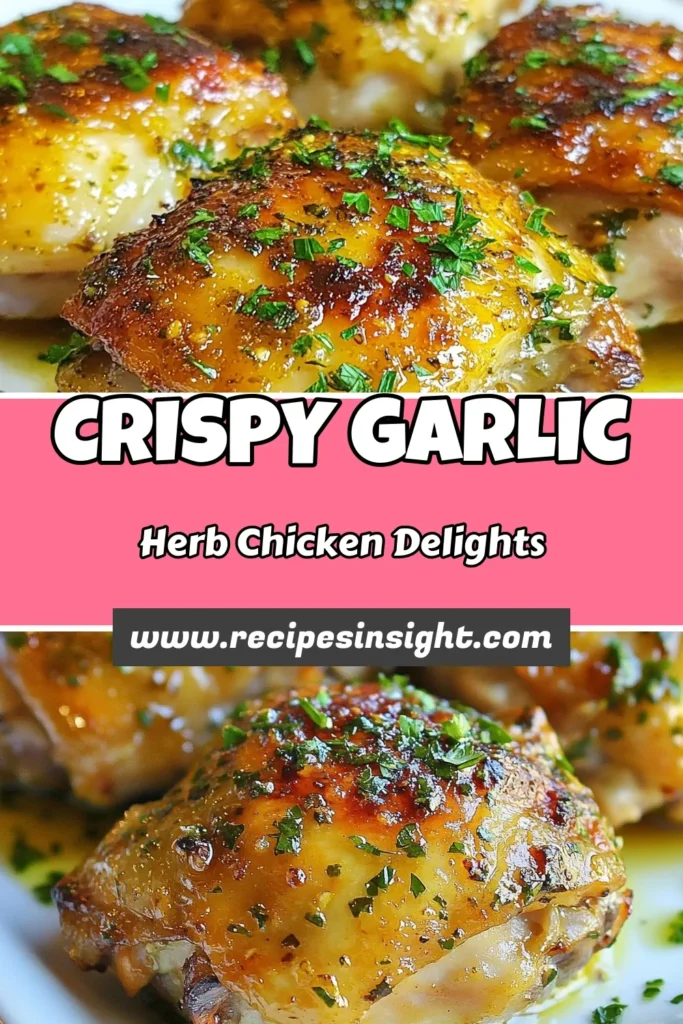 Indulge in this delicious Garlic Herb Roasted Chicken Thighs recipe that delivers juicy, flavor-packed chicken with crispy skin. This easy garlic chicken recipe is perfect for a weeknight dinner. Simply marinate bone-in chicken thighs with garlic, fresh herbs, and lemon, then oven-roast to perfection. Enjoy tender, mouthwatering chicken in under an hour! Try this roasted chicken thighs recipe tonight and elevate your dinner game! #GarlicHerbChickenThighs #EasyGarlicChickenRecipe #OvenRoastedChickenThighs #CrispyChickenThighRecipe