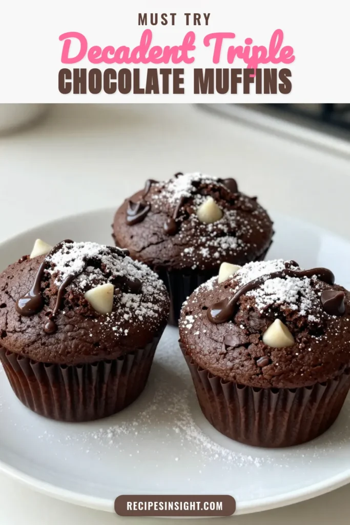 Indulge in these decadent triple chocolate muffins, the ultimate chocolate muffin recipe that everyone will love! Perfect for an easy treat, these homemade chocolate muffins combine semi-sweet, dark, and white chocolate chips for the best chocolate muffins experience. With just a few simple steps, you can enjoy these rich, moist delights. Don’t forget to save this recipe and share your baking results! #ChocolateMuffinRecipe #EasyChocolateMuffins #BestChocolateMuffins #HomemadeChocolateMuffins