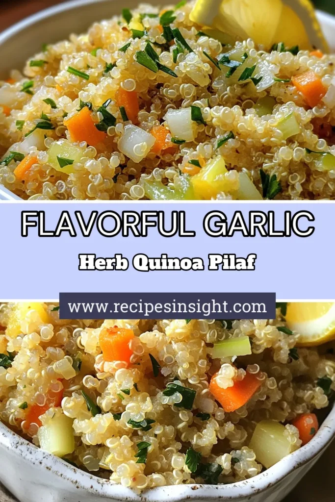 Try this delicious Garlic Herb Quinoa Pilaf, a perfect vegetarian quinoa recipe that combines savory vegetables and aromatic herbs for a healthy quinoa side dish. This easy quinoa recipe is not only nutritious but also packed with flavor, making it a fantastic addition to any meal. Enjoy this quinoa pilaf with vegetables and impress your family at dinner! Save this recipe for your next cooking adventure! #QuinoaRecipes #HealthyEating #VegetarianRecipes #MealPrep