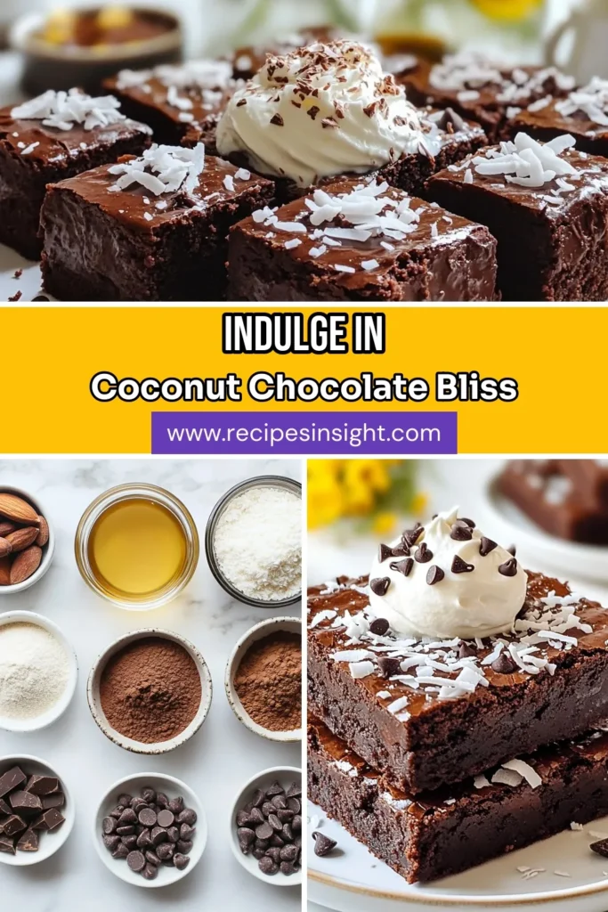 Indulge in these delicious Vegan Chocolate Coconut Brownies! This easy coconut brownies recipe combines almond flour brownies with shredded coconut for a decadent, dairy-free dessert. Perfect for healthy vegan treats, these fudgy delights are made with wholesome ingredients like unsweetened cocoa and maple syrup. Bake a batch today and satisfy your sweet tooth! Save for later! #VeganChocolateBrownies #CoconutBrowniesRecipe #HealthyVeganTreats #DairyFreeDesserts