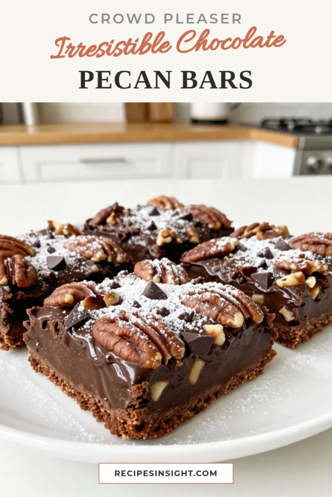 Indulge in these delightful Chocolate Pecan Pie Bars, the perfect Pecan Dessert Bars for any occasion! This easy pie bars recipe combines rich chocolate and crunchy pecans for a delicious treat everyone will love. Whip up these homemade pecan bars in less than an hour for a delightful dessert that impresses. Save this easy Chocolate Dessert Recipe for your next gathering and enjoy a slice of heaven! #ChocolatePecanPieBars #PecanDessertBars #EasyPieBars #ChocolateDessertRecipe