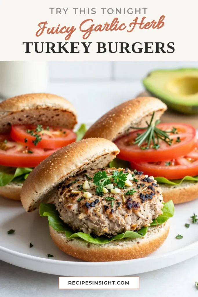 Discover the flavorful delight of Garlic Herb Turkey Burgers! This healthy turkey burger recipe combines lean turkey burger patties with fresh herbs like parsley, rosemary, and thyme for a mouthwatering grilled experience. Perfect for a nutritious meal, these turkey burgers are easy to make and delicious to eat. Try this tasty spin on a classic—your taste buds will thank you! Save this recipe now for a healthy twist on burger night! #TurkeyBurgers #HealthyEating #GrilledBurgers #HealthyRecipes