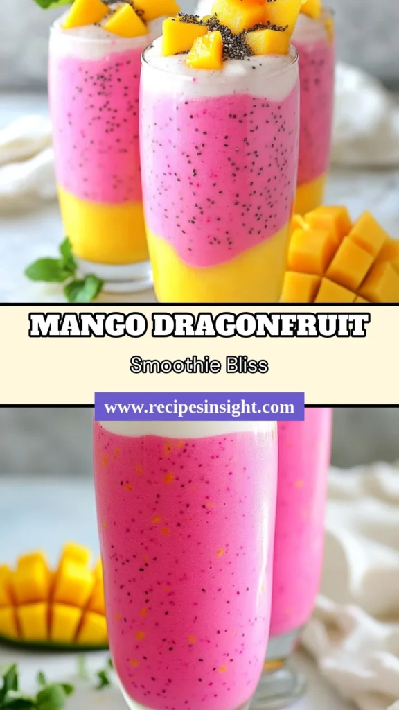 Indulge in this refreshing Mango Dragonfruit Smoothie! This delightful recipe combines ripe mango, frozen dragonfruit, and coconut milk for a creamy tropical fruit smoothie that's perfect any time of the day. Packed with nutritious chia seeds, this mango smoothie recipe is not only delicious but also healthy. Enjoy it as a delicious breakfast or snack—make your own dragonfruit smoothie and beat the heat! Save this recipe and try it today! #MangoSmoothieRecipe #DragonfruitSmoothie #CoconutMilkSmoothie #TropicalFruitSmoothie