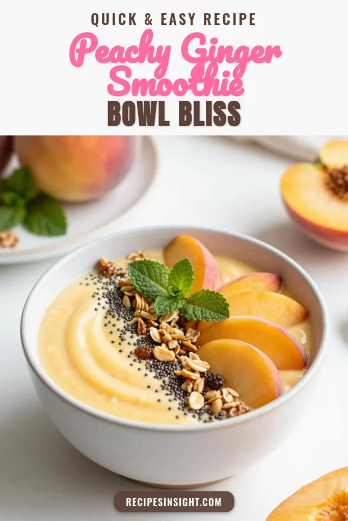 Start your day with a delicious ginger peach smoothie bowl that’s not only refreshing but also packed with nutrients! This healthy peach smoothie is made with ripe peaches, bananas, and creamy coconut milk for a perfect smoothie bowl recipe. Top it with granola and chia seeds for added texture. Enjoy this vibrant breakfast bowl and give your mornings a tasty boost! Save this recipe for later! #SmoothieBowl #HealthyBreakfast #CoconutMilk #PeachSmoothie
