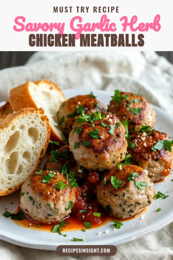 Discover the deliciousness of Garlic Herb Chicken Meatballs with this easy chicken meatball recipe! Perfectly seasoned with garlic, parsley, and Italian herbs, these healthy meatball recipes are made with ground chicken for a lighter option. Serve them with marinara sauce over pasta for a fulfilling meal. Try these Italian chicken meatballs tonight for a tasty and nutritious dinner! Save this recipe for later! #GarlicHerbChickenMeatballs #HealthyMeatballRecipe #GroundChickenRecipes #ItalianChickenMeatballs
