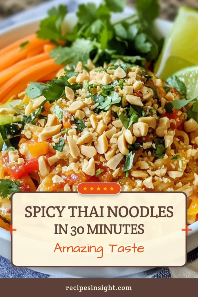 Craving a delicious and quick Asian noodle dish? Try this Spicy Thai Peanut Noodles recipe that combines rice noodles, fresh veggies, and a creamy Thai peanut sauce for a perfect vegetarian delight. Ready in just 30 minutes, this rice noodle salad is ideal for a quick weeknight dinner. Drizzle on the Thai peanut sauce and enjoy! Save this tasty recipe for your next meal! #SpicyThaiPeanutNoodles #ThaiPeanutSauce #VegetarianThaiNoodles #RiceNoodleSalad