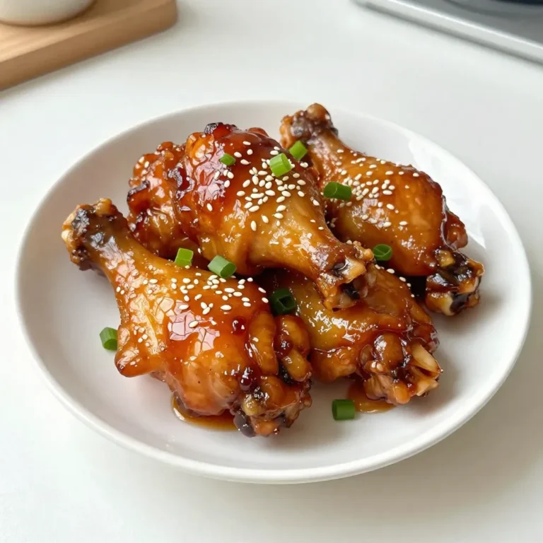 - 8 chicken drumsticks - 1/4 cup soy sauce - 1/4 cup honey - 2 tablespoons olive oil - 3 cloves garlic, minced - 1 teaspoon fresh ginger, grated - 1 tablespoon rice vinegar - 1 teaspoon sesame oil - 1/2 teaspoon black pepper - 1/2 teaspoon crushed red pepper flakes (optional for spice) - 1 tablespoon sesame seeds - 2 green onions, finely chopped for garnish Each ingredient plays an important role in making sticky honey soy chicken drumsticks tasty. - Chicken drumsticks are the star. They have a juicy flavor and tender meat. - Soy sauce adds a rich umami taste, making the dish savory. - Honey brings sweetness and helps create the sticky glaze. - Olive oil keeps the chicken moist and adds flavor. - Garlic and ginger give a fresh, aromatic kick. - Rice vinegar balances the sweet and salty flavors. - Sesame oil adds a nutty depth. - Black pepper adds a subtle warmth. - Crushed red pepper flakes give an optional spicy touch. For an extra punch, consider these ingredients: - Crushed red pepper flakes amplify the heat. If you enjoy spicy food, use them! - Sesame seeds add a crunchy texture and nutty flavor. - Green onions make for a fresh, colorful garnish. They brighten up the dish visually and taste-wise. Using these ingredients will elevate your sticky honey soy chicken drumsticks to a new level of deliciousness! {{ingredient_image_1}} Start by gathering your ingredients. You need eight chicken drumsticks, soy sauce, honey, olive oil, garlic, ginger, rice vinegar, sesame oil, black pepper, and optional crushed red pepper flakes. In a large bowl, mix the soy sauce, honey, olive oil, minced garlic, grated ginger, rice vinegar, sesame oil, black pepper, and crushed red pepper flakes. Stir well to combine all ingredients. Next, add the chicken drumsticks to the bowl. Make sure each drumstick is well coated with the marinade. Cover the bowl with plastic wrap and place it in the fridge. Let the chicken marinate for at least 30 minutes, or up to 2 hours for stronger flavor. Preheat your oven to 400°F (200°C) while the chicken marinates. Line a baking sheet with aluminum foil for easy cleanup. Place a wire rack on top of the foil to help the chicken cook evenly. Arrange the marinated chicken drumsticks on the rack. Remember to save any extra marinade left in the bowl. Bake the drumsticks in the oven for 25 minutes. After 25 minutes, take them out and brush the drumsticks with the reserved marinade. Return them to the oven for another 10 to 15 minutes. Use a meat thermometer to check the chicken’s internal temperature. It should reach 165°F (75°C) when fully cooked. Once the chicken is cooked, remove it from the oven and let it rest for 5 minutes. This allows the juices to settle. For serving, place the drumsticks on a large platter. Drizzle with any extra marinade if you like. Sprinkle sesame seeds and chopped green onions on top for a colorful finish. These drumsticks pair well with steamed rice or a fresh salad. Enjoy your delicious sticky honey soy chicken drumsticks! To get that nice, sticky glaze on your drumsticks, use a wire rack. Place the drumsticks on the rack over a lined baking sheet. This allows heat to circulate around the chicken. It helps the skin get crispy and sticky. Brush the drumsticks with the reserved marinade halfway through cooking. This adds extra flavor and shine. Marinating is key for great taste. Mix all the marinade ingredients well before adding the chicken. Make sure each drumstick is coated. For best results, marinate for at least 30 minutes. If you can, let them soak for two hours. This lets the flavors seep deep into the meat. You can also try adding some citrus juice for a bright twist. Oven cooking works best for even heating. Preheat your oven to 400°F (200°C) before putting in the chicken. It ensures the chicken starts cooking right away. Use a meat thermometer to check the internal temperature. It should reach 165°F (75°C) for safe eating. Let the chicken rest for five minutes after cooking. This keeps the juices inside and makes each bite tender. Pro Tips Marinate Longer for Deeper Flavor: If time allows, marinate the chicken drumsticks for up to 2 hours. This enhances the flavor and tenderness of the meat. Use a Meat Thermometer: Ensure the chicken is fully cooked by checking that the internal temperature reaches 165°F (75°C). This guarantees safety and juiciness. Broil for Extra Crispiness: For an even crispier skin, switch to broil for the last few minutes of cooking. Keep a close eye to avoid burning! Customize Your Heat Level: Adjust the amount of crushed red pepper flakes in the marinade based on your spice preference. You can also omit it for a milder dish. {{image_2}} You can switch up the marinade for your sticky honey soy chicken drumsticks. Try adding orange juice instead of rice vinegar for a citrus twist. You can also use teriyaki sauce for a richer flavor. If you want a sweet kick, mix in some pineapple juice. For a tangy touch, add lime juice or apple cider vinegar. These small changes make a big difference! If you need a gluten-free option, use tamari instead of soy sauce. Honey can be replaced with maple syrup for a vegan version. For a low-sodium meal, choose low-sodium soy sauce. You can also skip the sesame oil if you have a nut allergy. These swaps still keep the dish tasty! These chicken drumsticks are perfect for many occasions. For a family dinner, pair them with steamed rice and a fresh salad. If you're hosting a barbecue, serve them with coleslaw and corn on the cob. For game day, set up a platter with drumsticks and dipping sauces. No matter the event, these drumsticks will impress your guests! After you enjoy your sticky honey soy chicken drumsticks, store leftovers in an airtight container. Place them in the fridge within two hours of cooking. They will stay fresh for up to three days. If you want to keep them longer, consider freezing them. To reheat your drumsticks, the oven works best. Preheat your oven to 350°F (175°C). Place the drumsticks on a baking sheet. Heat them for about 15-20 minutes or until they are warm. You can also use a microwave, but the oven keeps them crispy. For long-term storage, freeze the drumsticks in an airtight container or freezer bag. Make sure to remove as much air as possible. They will last in the freezer for up to three months. To enjoy, thaw them overnight in the fridge before reheating. Yes, you can use chicken thighs. They will taste great with this honey soy mix. Thighs have more fat, so they stay juicy and tender. Just adjust the cooking time. Thighs usually take a bit longer to cook. Aim for 30 to 35 minutes until they reach 165°F inside. To add heat, use crushed red pepper flakes. Start with one teaspoon in your marinade. If you love spice, add more to suit your taste. You can also use sriracha or chili sauce. Just mix it in with the other marinade ingredients. This will give the chicken a nice kick. Many sides go well with these drumsticks. Steamed rice is a classic choice. It absorbs the sticky sauce nicely. You can also serve a fresh salad for crunch. Roasted veggies add color and flavor, too. Try stir-fried bok choy for an Asian twist. Choose sides based on your mood and enjoy! In this blog post, we explored how to make Sticky Honey Soy Chicken Drumsticks. We discussed the key ingredients and their roles, along with optional ones for extra flavor. You learned step-by-step cooking instructions, tips for a perfect glaze, and serving suggestions. We also looked at variations for different diets and how to store leftovers effectively. Cooking is fun and easy when you know what to do. I hope you try this recipe and enjoy it with family and friends. Happy cooking!