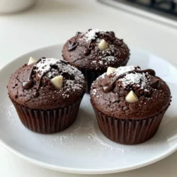 To make these triple chocolate muffins, gather these main ingredients: - 1 ¾ cups all-purpose flour - 1 cup granulated sugar - ½ cup unsweetened cocoa powder - 2 teaspoons baking powder - 1 teaspoon baking soda - ½ teaspoon salt - 2 large eggs - 1 cup buttermilk - ½ cup vegetable oil - 1 teaspoon vanilla extract - 1 cup semi-sweet chocolate chips - ½ cup dark chocolate chips - ½ cup white chocolate chips These ingredients create a rich, chocolatey flavor that makes the muffins irresistible. Each chocolate type adds depth. The semi-sweet gives sweetness, the dark adds richness, and the white adds creaminess. You can customize your muffins with these optional ingredients: - For buttermilk alternatives, use plain yogurt or milk mixed with lemon juice. - If you want lighter muffins, substitute vegetable oil with applesauce or melted coconut oil. - For a vegan version, replace eggs with flax eggs or applesauce. These swaps help fit your diet while keeping the muffins delicious. Don’t hesitate to experiment; cooking is all about creativity. {{ingredient_image_1}} 1. Preheat your oven to 350°F (175°C). This step warms the oven for even baking. Next, line your muffin tin with paper liners or grease it lightly. This helps the muffins come out easily. 2. Mix the dry ingredients in a large bowl. Add 1 ¾ cups of all-purpose flour, 1 cup of granulated sugar, ½ cup of unsweetened cocoa powder, 2 teaspoons of baking powder, 1 teaspoon of baking soda, and ½ teaspoon of salt. Whisk them well until they blend completely. This step is vital for a uniform muffin texture. 3. Combine the wet ingredients in another bowl. Lightly beat 2 large eggs. Then, add 1 cup of buttermilk, ½ cup of vegetable oil, and 1 teaspoon of vanilla extract. Mix these until they are well combined. This mixture adds moisture and flavor. 1. Mix the batter gently. Pour the wet mixture into the dry ingredients. Stir carefully until just combined. It’s okay to leave a few lumps. This keeps the muffins light and airy. 2. Fold in the chocolate chips. Add 1 cup of semi-sweet chocolate chips, ½ cup of dark chocolate chips, and ½ cup of white chocolate chips. Use a spatula to fold them in evenly. This ensures every bite gets a piece of chocolate. 1. Bake the muffins. Divide the batter evenly among the muffin cups. Fill each cup about ¾ full. Place the tin in the preheated oven for 18-20 minutes. 2. Check for doneness. Insert a toothpick into the center of a muffin. If it comes out clean or with a few moist crumbs, they are done. 3. Cool the muffins. Let them cool in the tin for about 5 minutes. This step helps them set. Then, transfer the muffins to a wire rack to cool completely. This keeps them from getting soggy. To make the best triple chocolate muffins, you need to pay attention to your ingredients. Start with room temperature eggs and buttermilk. This helps the batter mix well and rise nicely. Cold ingredients can make the muffins dense. Mixing is also key for fluffiness. When you combine the wet and dry ingredients, do it gently. Stir just until you see no dry flour. A few lumps are fine. Overmixing can lead to tough muffins, which we want to avoid. Presentation matters! Arrange your muffins on a pretty plate. A light dusting of powdered sugar adds a nice touch. You can also drizzle melted chocolate on top for extra flair. Pair your muffins with drinks like coffee or milk. Hot coffee brings out the chocolate flavors really well. If you prefer something cold, try a glass of milk. Both options complement the rich taste of the muffins perfectly. Pro Tips Use Room Temperature Ingredients: Ensure your eggs and buttermilk are at room temperature for a smoother batter and better rise. Don’t Overmix: Mix the batter just until combined to keep your muffins light and fluffy. Check for Doneness: Use a toothpick to test for doneness; it should come out clean or with a few moist crumbs. Cool Properly: Allow muffins to cool in the pan briefly before transferring to a wire rack to prevent sogginess. {{image_2}} You can change the taste of your triple chocolate muffins in fun ways. - Flavored chocolate chips: Use mint or orange chocolate chips for a twist. They add a fresh taste. Just swap out some of the regular chips for these. - Nuts and dried fruits: Add walnuts or pecans for crunch. If you like, toss in dried cherries or cranberries. These add a nice texture and sweetness to the muffins. You can make these muffins fit different diets too. - Gluten-free: Use gluten-free flour instead of all-purpose flour. This keeps the muffins soft and tasty. Make sure the other ingredients are also gluten-free. - Low-sugar: Try using a sugar substitute. You can use stevia or erythritol. This helps cut down on sugar without changing the flavor much. Feel free to mix and match these ideas. Creating your own version is part of the fun! To keep your muffins fresh, store them at room temperature. Place them in an airtight container. This will help them stay soft for up to three days. If you want to keep them longer, refrigeration is an option. Just wrap them well in plastic wrap or foil first. This prevents the muffins from drying out. For even longer storage, freeze the muffins. Wrap each muffin in plastic wrap, then put them in a freezer bag. They can last for up to three months in the freezer. When you're ready to eat one, just pull it out and let it thaw at room temperature. To enjoy your muffins warm, reheating is key. The best way is to use the oven. Preheat it to 350°F (175°C). Place the muffins on a baking sheet for about 5 to 10 minutes. This keeps them soft and tasty. You can also use the microwave. Heat each muffin for about 15 to 20 seconds. This method is quick but may make the muffins a bit chewy. So, if you prefer that fresh-baked feel, stick to the oven. Can I use different types of chocolate? Yes, you can use different types of chocolate. If you like dark chocolate, you can swap semi-sweet chips for more dark chocolate. You can also try flavored chips, like mint or caramel, for unique taste. Just remember, the more chocolate, the richer the flavor! How can I make these muffins dairy-free? To make these muffins dairy-free, replace buttermilk with almond or oat milk. You can add a splash of lemon juice or vinegar to mimic buttermilk’s tang. For the eggs, try using flaxseed meal or chia seeds mixed with water. This way, you keep the muffins moist and delicious. What to do if the muffins are too dry? If your muffins are too dry, check your mixing technique. Overmixing can lead to dry muffins. You can also add a little more buttermilk or melted chocolate to the batter. If they still come out dry, serve them warm with butter or a spread to add moisture back. You’ve learned how to make delicious triple chocolate muffins with just a few main ingredients. You can also switch things up with alternatives or mix-ins, like nuts or dried fruits. Remember to follow the tips for mixing and baking to get the right texture. With simple storage methods, your muffins stay fresh longer. Whether for yourself or guests, these muffins are sure to impress. Enjoy your baking journey and savor every bite!