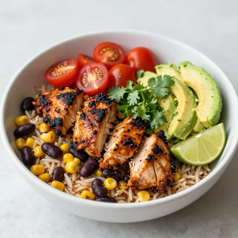 - 2 chicken breasts, diced - 1 tablespoon chipotle chili powder - 1 teaspoon smoked paprika - 1 teaspoon cumin - 1 tablespoon olive oil - 1 cup brown rice - 2 cups chicken broth - 1 can black beans, rinsed and drained - 1 cup corn, frozen or fresh - 1 avocado, diced - 1 cup cherry tomatoes, halved - 1/4 cup cilantro, chopped - Juice of 1 lime - Diced red onion - Shredded cheese - Sour cream The main ingredients form the heart of your Smoky Chipotle Chicken Burrito Bowls. Chicken breasts are the star. They soak up the spices well. The blend of chipotle chili powder, smoked paprika, and cumin gives the chicken a bold flavor that is hard to resist. Olive oil helps the chicken brown nicely. Next, we have brown rice and chicken broth as the base. The rice is hearty and healthy. Cooking it in chicken broth adds depth to the dish. Fresh ingredients add brightness and texture. Black beans and corn provide protein and sweetness. Diced avocado brings creaminess, while cherry tomatoes add a pop of color. Fresh cilantro and lime juice add a zesty kick. They brighten every bite, making the dish sing. You can also customize your bowls with optional toppings. Diced red onion adds a nice crunch. Shredded cheese gives a creamy finish. Sour cream can balance the spice and add a cooling effect. With these ingredients combined, you create a dish that is not only tasty but also colorful and inviting. {{ingredient_image_1}} To start, take 2 diced chicken breasts and place them in a medium bowl. Add 1 tablespoon of chipotle chili powder, 1 teaspoon of smoked paprika, 1 teaspoon of cumin, and 1 tablespoon of olive oil. Mix well. Sprinkle in salt and pepper to taste. You should let the chicken marinate for at least 15 minutes. This helps the chicken soak in all the great flavors. While the chicken is marinating, you can cook the brown rice. In a saucepan, bring 2 cups of chicken broth to a boil. Once boiling, add 1 cup of brown rice. Lower the heat, cover the pot, and let it simmer for about 40 to 45 minutes. This cooking time gives the rice a nice texture. When done, fluff the rice with a fork to keep it light and fluffy. Now it’s time to cook the chicken. Heat a large skillet over medium heat and add the marinated chicken pieces. Cook for about 6 to 8 minutes. Stir occasionally, so the chicken cooks evenly and becomes lightly charred. In the last few minutes of cooking, add 1 can of rinsed and drained black beans and 1 cup of corn. Mix everything well to heat through. Once the rice is cooked, grab your serving bowls. Start with a base of brown rice. Add a generous amount of the smoky chicken mixture on top. Now for the fun part! Add diced avocado, halved cherry tomatoes, and chopped cilantro. Squeeze fresh lime juice over everything for a burst of flavor. If you like, you can also add optional toppings like diced red onion, shredded cheese, or a dollop of sour cream. To boost the taste of your Smoky Chipotle Chicken Burrito Bowls, you can adjust the spices. If you like heat, add more chipotle chili powder. For a milder dish, reduce the amount. You can also try adding garlic powder or onion powder for more depth. If you want a different marinade, consider using yogurt or lime juice. Both options tenderize the chicken and add zest. You can mix these with the same spices for a fresh twist. Cooking chicken perfectly takes care and timing. Cook the marinated chicken for about 6 to 8 minutes over medium heat. Make sure it reaches 165°F for safety. Use a meat thermometer for best results. For the rice, aim for a cooking time of 40 to 45 minutes. Always check if the rice is tender and the liquid is absorbed. Fluff it with a fork after cooking to achieve the perfect texture. Presentation matters in cooking. Start by layering the brown rice at the base of your bowl. Next, add the smoky chicken mixture on top. For garnishing, add diced avocado, cherry tomatoes, and chopped cilantro. These ingredients add bright colors. Vibrant colors make the dish more appealing and enhance the overall experience. You can also sprinkle some shredded cheese or add a dollop of sour cream on top for extra flavor. Pro Tips Marinate for Maximum Flavor: Allow the chicken to marinate for at least 30 minutes, or even overnight in the refrigerator, to enhance the smoky flavor and tenderness. Perfect Rice Every Time: Rinse the brown rice under cold water before cooking to remove excess starch, resulting in fluffier rice. Use Fresh Ingredients: Whenever possible, opt for fresh corn and ripe avocados to elevate the taste and texture of your burrito bowls. Customize Your Bowls: Experiment with different toppings like jalapeños, olives, or a spicy salsa to create your unique flavor combinations. {{image_2}} You can switch the chicken for beef, shrimp, or tofu. Each option brings a unique taste. If you use beef, I recommend flank steak for a nice texture. For shrimp, cook them until they turn pink and firm. Tofu is a great choice for vegans. Press it to remove water, then marinate like the chicken. Instead of brown rice, try quinoa or cauliflower rice. Quinoa cooks quickly and adds protein. Use two cups of water for one cup of quinoa. Cauliflower rice is low in carbs. Sauté it for a few minutes until tender. If you choose white rice, reduce cooking time and watch it closely. You can add fun flavors by using different spices or sauces. Try adding chili powder or garlic for an extra kick. You can also mix in seasonal vegetables like bell peppers or zucchini. They brighten your dish and add crunch. Experiment with what you love! To keep your Smoky Chipotle Chicken Burrito Bowls fresh, use airtight containers. Glass or plastic containers work well. Store your bowls in the fridge for up to four days. To freeze, separate the chicken mix, rice, and toppings. Place each in its own container. Make sure to cool them first. When you want to eat, thaw overnight in the fridge. Reheat in the microwave or on the stove. Make sure the chicken is hot all the way through before serving. Yes, you can prepare these bowls ahead of time. Meal prep makes busy days easier. Start by cooking the chicken and rice. Then, store them separately in airtight containers. This helps keep flavors fresh. You can also pre-chop your veggies and store them in the fridge. When ready to eat, simply reheat the chicken and rice in the microwave. Add the fresh toppings just before serving. This keeps everything crisp and tasty. If you want a different protein, consider using beef or shrimp. Both have unique flavors and pair well with the spices. For a plant-based option, try tofu or tempeh. These options absorb flavors well. You can also use beans like pinto or kidney for a vegetarian meal. Just be sure to cook them properly for the best taste. Adjust cooking times based on the protein you choose. To change the spice level, start with less chipotle chili powder. You can always add more later. If you want it milder, try using sweet paprika instead of smoked. For extra heat, add chopped jalapeños or more chipotle powder. Taste as you go to find the perfect balance for you. Remember, spice can build up over time, so add a little at a time. Enjoy making the dish just how you like it! This post covered how to make Smoky Chipotle Chicken Burrito Bowls. You need chicken, spices, rice, and fresh toppings. We talked about marinating the chicken and cooking the rice. I shared tips for flavor, presentation, and variations. You can choose different proteins or rice types. Overall, these bowls are fun to make and tasty to eat. Feel free to mix it up and find your perfect flavor. Enjoy your cooking adventure!