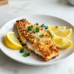 To make Baked Parmesan Crusted Tilapia, you will need: - 4 tilapia fillets - 1 cup grated Parmesan cheese - 1 cup panko breadcrumbs - 2 tablespoons melted butter - 2 tablespoons olive oil - 1 teaspoon garlic powder - 1 teaspoon onion powder - 1 teaspoon Italian seasoning - Salt and pepper to taste - Fresh parsley, chopped (for garnish) - Lemon wedges (for serving) I recommend using high-quality ingredients for the best taste. For Parmesan cheese, look for brands like Kraft or BelGioioso. They offer great flavor and texture. For panko breadcrumbs, try Kikkoman or Progresso. These brands provide a nice crunch. For olive oil, choose extra virgin varieties from brands like Pompeian or California Olive Ranch. They have rich taste and quality. If you have dietary needs, there are easy swaps. For a gluten-free option, use gluten-free breadcrumbs instead of panko. You can also use nutritional yeast if you want a dairy-free option. Replace the tilapia with salmon or cod for a different fish flavor. If you can't use butter, try using coconut oil or a vegan butter alternative. These swaps let everyone enjoy this tasty dish! {{ingredient_image_1}} To start, gather all your ingredients. You will need: - 4 tilapia fillets - 1 cup grated Parmesan cheese - 1 cup panko breadcrumbs - 2 tablespoons melted butter - 2 tablespoons olive oil - 1 teaspoon garlic powder - 1 teaspoon onion powder - 1 teaspoon Italian seasoning - Salt and pepper to taste - Fresh parsley, chopped (for garnish) - Lemon wedges (for serving) First, preheat your oven to 400°F (200°C). This step is key for crispy crust. Next, line a baking sheet with parchment paper or grease it lightly. This will help with easy cleanup. In a bowl, mix the grated Parmesan, panko breadcrumbs, garlic powder, onion powder, Italian seasoning, salt, and pepper. Stir well until all the dry ingredients blend together. In another bowl, mix the melted butter and olive oil. Pat the tilapia fillets dry with a paper towel. This helps the crust stick better. Dip each fillet into the butter and oil mix. Make sure to coat both sides. Now, transfer the coated fillets to the breadcrumb mix. Press gently so the crumbs stick well. This gives the tilapia a nice crunch. Arrange the coated tilapia fillets on the prepared baking sheet. Bake them in the preheated oven. Set a timer for 12 to 15 minutes. The fish should flake easily with a fork when done. Look for a golden brown crust, which means it’s ready. Once baked, take the fillets out and let them rest for a couple of minutes. This helps keep them juicy. Before serving, garnish with fresh parsley and add lemon wedges on the side. This dish is now ready to impress! To get that perfect crust on your tilapia, start with dry fillets. Pat them dry with a paper towel. This helps the coating stick well. Use a mix of panko breadcrumbs and grated Parmesan cheese. The panko adds a nice crunch. Press the fillets into the breadcrumb mix firmly. Make sure both sides are coated well. Bake at 400°F (200°C) for about 12-15 minutes. Look for a golden crust that is crispy and inviting. One common mistake is not drying the fish. Moisture prevents the crust from sticking. Another mistake is using too much oil. If you soak the fish in oil, it can become greasy. Also, avoid overbaking. Check for doneness using a fork. Once the fish flakes easily, it’s ready. Lastly, don’t skip the herbs and spices. They add great flavor to your dish. To boost flavor, try adding lemon zest to your breadcrumb mix. Fresh herbs like dill or parsley can brighten the dish. You can also mix in some crushed red pepper for heat. If you want a tangy kick, serve with a lemon wedge. A drizzle of balsamic glaze before serving adds a nice touch too. Remember, simple tweaks can elevate your meal. Enjoy experimenting with flavors! Pro Tips Use Fresh Ingredients: Fresh tilapia will yield a better flavor and texture than frozen. Look for fillets that are translucent and moist. Customize the Coating: Feel free to add your favorite herbs or spices to the breadcrumb mixture for a personalized touch. Paprika or cayenne can add a nice kick! Check for Doneness: To ensure the fish is perfectly cooked, check that it flakes easily with a fork and has an internal temperature of 145°F (63°C). Let it Rest: Allowing the tilapia to rest for a few minutes after baking helps the juices redistribute, keeping it moist and flavorful. {{image_2}} You can switch up the fish for this recipe. While tilapia is mild and flaky, other fish work well too. Cod is a great choice because it has a similar texture. It also absorbs flavors nicely. You might try haddock, which has a firm, white flesh. If you want something richer, salmon adds a nice touch. Just remember to adjust the baking time. Thicker fish may need a bit longer in the oven. If you are gluten-free, don’t worry! You can still enjoy this dish. Use gluten-free breadcrumbs instead of panko. Many brands make tasty gluten-free options. Another choice is to use crushed cornflakes. They give a nice crunch too. Just check the label to ensure they are gluten-free. This way, you can savor every bite without the gluten. Herbs and spices can change the flavor profile of your dish. For a fresh twist, add chopped dill or cilantro to the breadcrumb mix. If you like heat, sprinkle in some red pepper flakes. You can also try lemon zest for a citrus kick. Mixing in smoked paprika will give it a wonderful depth. These variations can make your meal more exciting and personal. Experiment to find your favorite combination! After enjoying your baked Parmesan crusted tilapia, you may have some leftovers. To store them, let the fish cool down first. Place the fillets in an airtight container. You can keep them in the fridge for up to three days. Make sure to separate layers with parchment paper to avoid sticking. If you want to keep the tilapia longer, freezing is a great option. Wrap each fillet tightly in plastic wrap. Then, place them in a freezer bag or airtight container. Make sure to remove as much air as possible. You can freeze the tilapia for up to three months. Remember to label the bag with the date. To reheat your tilapia, the oven is your best bet. Preheat your oven to 350°F (175°C). Place the fillets on a baking sheet. Cover them with foil to keep them moist. Heat for about 10 to 15 minutes, or until warmed through. You can also use the microwave, but the oven keeps the crust crispy. Enjoy your meal again without losing its tasty charm! You can tell tilapia is cooked when it flakes easily with a fork. The fish will look opaque and firm. Usually, this takes about 12 to 15 minutes in the oven at 400°F (200°C). If you have a food thermometer, the internal temperature should reach 145°F (63°C). This ensures the fish is safe to eat and delicious. Yes, you can use fresh Parmesan cheese instead of grated. Fresh cheese will give a richer flavor. Just grate it finely so it mixes well with the breadcrumbs. Keep in mind that fresh cheese may melt differently, affecting the crust's texture. But it will still create a tasty dish. Baked Parmesan crusted tilapia goes well with many sides. Here are some great options: - Steamed green beans - Garlic mashed potatoes - Roasted asparagus - A fresh garden salad - Quinoa or rice pilaf These sides balance the flavors and make a complete meal. In this article, we explored delicious baked Parmesan crusted tilapia. We covered ingredients, including top brands and substitutions for dietary needs. Step-by-step instructions helped with preparation, coating, and baking. Tips included ways to achieve that perfect crust and avoid common mistakes. We also discussed variations with different fish and flavor boosts. Finally, I shared storage and reheating tips for leftovers. Enjoy your cooking journey with tilapia, and remember, simple changes can lead to great meals!