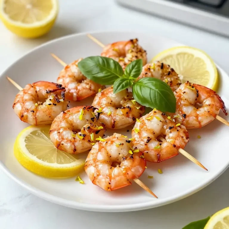- 1 lb large shrimp, peeled and deveined - 2 tablespoons olive oil - Juice and zest of 1 lemon - 1 teaspoon garlic, minced - 1 tablespoon fresh basil, finely chopped - 1 teaspoon honey - Salt and pepper to taste - Bamboo or metal skewers (if using bamboo, soak in water for 30 minutes) These ingredients come together to create a fresh, bright flavor for your shrimp skewers. The lemon gives a nice tang, while the basil adds a lovely herb taste. - Shrimp: You can use scallops or chicken instead of shrimp. Both work great! - Olive oil: Canola or avocado oil are good choices too. - Garlic: Use garlic powder if you don't have fresh garlic. - Fresh basil: Dried basil works, but add less since it's stronger. - Honey: Maple syrup can replace honey for a different sweetness. - Salt and pepper: Feel free to use other spices you like, such as paprika or cayenne. These swaps let you customize the recipe to fit what you have at home. Each serving (1/4 of the recipe) has about: - Calories: 200 - Protein: 24g - Fat: 10g - Carbohydrates: 6g - Fiber: 0g - Sugar: 1g This dish is low in carbs and high in protein, making it a healthy choice for any meal. Enjoy the mix of flavors and the health benefits! {{ingredient_image_1}} To start, gather your ingredients. You need olive oil, lemon juice, lemon zest, minced garlic, honey, and chopped basil. In a mixing bowl, pour in the olive oil and lemon juice. Add the lemon zest for a fresh taste. Next, mix in the minced garlic and honey. Finally, add the chopped basil. Whisk everything well until it blends smoothly. This marinade gives the shrimp a bright flavor. Once your marinade is ready, it’s time to add the shrimp. Take one pound of large shrimp, already peeled and deveined. Place the shrimp in the bowl with the marinade. Toss the shrimp gently to coat each piece. Make sure every shrimp gets that tasty mix. Cover the bowl with plastic wrap and put it in the fridge. Let it marinate for at least 30 minutes. This step helps the shrimp soak up all the delicious flavors. Now, you’re ready to grill! First, preheat your grill or grill pan over medium-high heat. If you’re using bamboo skewers, don’t forget to soak them in water for 30 minutes. This keeps them from burning. Thread the marinated shrimp onto the skewers, leaving a little space between each one. This helps them cook evenly. Sprinkle a bit of salt and pepper on both sides of the shrimp. Place the skewers on the grill. Cook for 2-3 minutes on each side. The shrimp will turn opaque and get a nice char. Once done, remove them from the grill. Let them rest for a minute before serving. Enjoy your tasty lemon basil shrimp skewers! To get those nice grill marks, start with a hot grill. Preheat your grill to medium-high heat. Once hot, place the skewers diagonally on the grate. Press down gently to ensure good contact. Flip the skewers after 2-3 minutes. This helps create those beautiful lines. Avoid moving them too much; let them sear. To save time, prepare the marinade ahead of time. Mix the olive oil, lemon juice, zest, garlic, honey, and basil in a bowl. Marinade the shrimp for 30 minutes while you get other things ready. Soak your bamboo skewers in water during this time. This helps prevent burning on the grill. Shrimp cook quickly, so keep an eye on them. They turn from gray to pink and opaque when done. This usually takes about 2-3 minutes per side. If you see a slight char, that’s a good sign too. You can also check by bending one; it should form a “C” shape. If it’s curled too tight, it’s overcooked. Pro Tips Marination Time: Allow the shrimp to marinate for at least 30 minutes to absorb all the flavors, but avoid exceeding 1 hour to prevent the shrimp from becoming mushy. Skewer Spacing: Leave a little space between each shrimp on the skewer to ensure even cooking and prevent them from sticking together. Grill Temperature: Ensure your grill is preheated to medium-high heat; this helps achieve a nice char on the shrimp while keeping them juicy inside. Serving Suggestion: Serve the skewers with a side of lemon wedges and a fresh basil garnish for an extra burst of flavor and a beautiful presentation. {{image_2}} You can change the flavor of your shrimp skewers with different marinades. Try a spicy marinade using chili flakes and lime juice. Mix soy sauce, ginger, and garlic for an Asian twist. For a sweet touch, use a mango or pineapple marinade. Each option gives a unique taste to your dish. If you want to switch things up, use chicken or firm tofu instead of shrimp. Chicken thighs work well; just ensure they cook fully. You can also add bell peppers, zucchini, or cherry tomatoes to the skewers. These veggies add color and flavor, making your meal fun and healthy. These Lemon Basil Shrimp Skewers shine with simple sides. Serve with a fresh green salad or grilled corn on the cob. For a hearty option, pair with rice or quinoa. A light white wine or lemonade complements the flavors nicely. Feel free to garnish your dish with extra lemon slices and fresh basil for a lovely touch. To keep leftover skewers fresh, place them in an airtight container. Store the container in your fridge. They will stay good for up to two days. If you have extra marinade, save it to add flavor when reheating. Reheat the skewers on a grill or in a pan. This keeps the taste fresh. Heat them over medium heat for about 2-3 minutes on each side. You can also use a microwave, but it may make them a bit rubbery. For best results, aim for the grill or stovetop. If you want to save skewers for later, freezing is a great option. Wrap each skewer tightly in foil or plastic wrap. Place them in a freezer bag and remove as much air as possible. They can stay frozen for up to three months. When ready to eat, thaw them in the fridge overnight before reheating. Yes, you can use frozen shrimp. Just remember to thaw them first. Place shrimp in the fridge overnight or run them under cold water. Once thawed, peel and devein them. This will help the shrimp absorb the marinade better. You can tell shrimp are done when they turn pink and opaque. They should curl slightly and have a firm texture. Cook them for 2-3 minutes on each side. Avoid overcooking, as this can make shrimp tough and chewy. Lemon Basil Shrimp Skewers pair well with many sides. You could serve them with rice or quinoa for a filling meal. Fresh salad with greens and veggies adds a nice crunch. Grilled veggies also complement the skewers well. Enjoy with a light dipping sauce or garlic bread for extra flavor. This blog post shared how to make tasty shrimp skewers. We covered ingredients needed, cooking steps, and tips for great results. I also highlighted fun variations and how to store leftovers. Remember, using fresh ingredients and checking shrimp for doneness makes a big difference. Enjoy exploring your own shrimp creations. Happy grilling!
