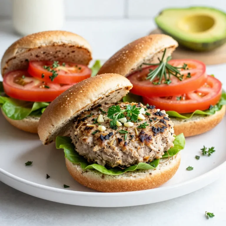 - 1 pound ground turkey - 3 cloves garlic, minced - 1 tablespoon fresh parsley, chopped - 1 tablespoon fresh rosemary, chopped - 1 tablespoon fresh thyme, chopped - 1 teaspoon onion powder - 1 teaspoon salt - ½ teaspoon black pepper - ½ cup breadcrumbs - 1 egg, lightly beaten - 4 whole wheat hamburger buns - Leafy greens (lettuce, spinach) for topping - Sliced tomatoes for serving - Avocado slices for a creamy touch (optional) - Olive oil for grilling I love to add toppings to my garlic herb turkey burgers. Here are a few that can enhance your meal: - Sliced red onion for a sharp flavor - Cheese, like cheddar or feta, for creaminess - Pickles for a tangy crunch - Hot sauce for some heat Each ingredient in these burgers brings something special: - Ground turkey: A lean protein source that helps build muscle. - Garlic: Packed with antioxidants, it boosts your immune system. - Parsley, rosemary, and thyme: These herbs add flavor and have anti-inflammatory effects. - Onion powder: Adds taste and may help with heart health. - Salt and black pepper: Enhance flavor in moderation. - Breadcrumbs: Help bind the mixture and add texture. - Egg: Provides protein and keeps the patties moist. - Whole wheat buns: Offer fiber for better digestion. - Leafy greens and tomatoes: Add vitamins and minerals, making your burger healthier. - Avocado: Offers healthy fats for heart health. - Olive oil: A good source of monounsaturated fat, great for cooking. These ingredients come together to make a delicious and nutritious meal. Each bite is juicy and full of flavor! {{ingredient_image_1}} Start with a large bowl. Add 1 pound of ground turkey. Next, add 3 cloves of minced garlic. Toss in 1 tablespoon of chopped parsley. Then, add 1 tablespoon of chopped rosemary and 1 tablespoon of chopped thyme. Mix in 1 teaspoon of onion powder, 1 teaspoon of salt, and ½ teaspoon of black pepper. These herbs bring out great flavor. Finally, add ½ cup of breadcrumbs and 1 lightly beaten egg. Mix everything well. You want a good blend of flavors. Now it’s time to form the patties. Take the mixture and divide it into four equal parts. Roll each part into a ball. Then, flatten each ball into a patty. Make a small indentation in the center of each patty. This helps them cook evenly and keeps them from puffing up. You have two main cooking options: grilling or using a skillet. For grilling, preheat your grill to medium heat. Brush it lightly with olive oil. Place the patties on the grill and cook for 5-6 minutes on each side. For skillet cooking, heat a non-stick skillet over medium heat. Add olive oil and cook the patties the same way. Check the internal temperature; it should reach 165°F (75°C). Once cooked, the burgers should no longer be pink inside. To make juicy turkey burgers, use fresh ground turkey. Fresh meat holds moisture better. Adding minced garlic and herbs gives flavor and helps keep the burgers moist. Mixing in breadcrumbs also helps trap moisture. When forming the patties, make a small dent in each. This keeps them from puffing up while cooking. For grilling, preheat your grill to medium heat. Lightly brush the grates with olive oil to prevent sticking. Cook the patties for 5-6 minutes on each side. If you use a skillet, keep it at medium heat. Add olive oil to the pan before cooking. This adds flavor and keeps the burgers from sticking. Always cook turkey burgers to an internal temperature of 165°F (75°C). Use a meat thermometer to check the center. This ensures the burgers are safe to eat. If they are not pink in the middle, they are ready. Keeping the right temperature prevents dry burgers. Pro Tips Use Lean Turkey: Opt for lean ground turkey (93% lean) to keep the burgers juicy while reducing fat content. Chill the Patties: Refrigerate the formed patties for 30 minutes before grilling to help them hold their shape better during cooking. Experiment with Herbs: Feel free to mix and match your favorite herbs like basil or oregano for a unique flavor twist. Rest the Burgers: Let the cooked burgers rest for a few minutes before serving to allow the juices to redistribute for maximum flavor. {{image_2}} You can change the taste by using different herbs. Try basil for a sweet touch. Oregano works well for a Mediterranean flair. You can use cilantro for a fresh kick. Mix in spices like paprika or cumin for warmth. Each herb or spice adds a unique flavor to your burger. If you want to switch meats, use ground chicken or lean beef. Both options work well with the same recipe. Ground pork adds a bit of sweetness, while bison offers rich flavor. Adjust cooking times slightly for each meat to ensure safety. For a meat-free option, use black beans or chickpeas. You can mash them up and mix with breadcrumbs and seasonings. Quinoa or lentils also make great bases. Try adding grated vegetables for moisture and flavor. These alternatives are tasty and healthy! To keep your leftover garlic herb turkey burgers fresh, first let them cool. Place each burger in an airtight container, stacking them carefully. You can also wrap them in plastic wrap before putting them in the container. This helps keep them juicy. Store the burgers in the fridge for up to three days. If you're not eating them soon, freezing is a great option. If you want to freeze your turkey burgers, follow these steps. First, let the cooked burgers cool completely. Then, wrap each burger tightly in plastic wrap. After that, place them in a freezer bag. Remove as much air as possible before sealing. This keeps out freezer burn. You can freeze them for up to three months. When you're ready to eat, just thaw them in the fridge overnight. Reheating turkey burgers can be easy. The best method is to use an oven. Preheat your oven to 350°F (175°C). Place the burgers on a baking sheet and cover them with foil. Heat for about 10-15 minutes. This helps keep them moist. You can also use a microwave, but be careful. Heat them in short bursts, checking often to avoid drying them out. Enjoy your leftovers like they are fresh! You can tell turkey burgers are cooked when they reach 165°F (75°C) inside. Use a meat thermometer to check this. The burgers should no longer be pink in the center. Cutting into one will show you if it’s done. If it’s fully cooked, the juices will run clear, not pink. Always make sure to check before serving. Yes, you can make these burgers ahead of time. Form the patties and store them in the fridge. They can stay fresh for one day before cooking. You can also freeze them for later use. Wrap each patty in plastic wrap, then place them in a freezer bag. They will last up to three months in the freezer. Just thaw in the fridge overnight before cooking. Many side dishes go great with turkey burgers. Here are a few ideas: - Sweet potato fries - Mixed green salad - Grilled vegetables - Coleslaw - Corn on the cob - Baked beans These sides add flavor and balance to your meal. Enjoy experimenting with different combinations! In this post, we explored how to make garlic herb turkey burgers. We covered the key ingredients, optional toppings, and their health benefits. I shared step-by-step instructions for mixing, forming, and cooking the burgers. I also provided tips for juicy burgers and cooking techniques. Lastly, we discussed variations, storage, and answered common questions. By trying these ideas, you can enjoy a tasty and healthy meal. Happy cooking!