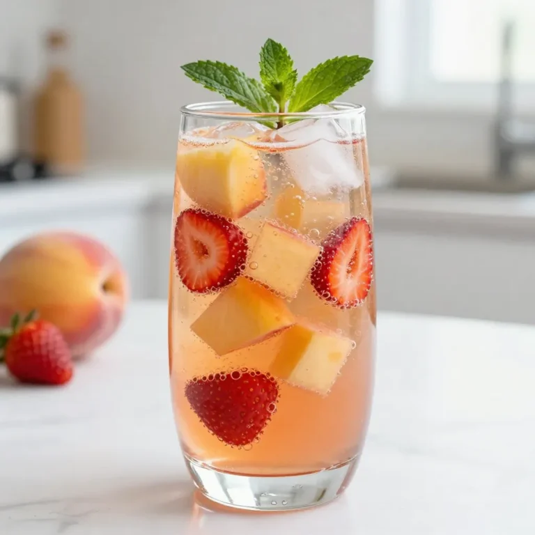 For this peach strawberry sangria mocktail, you need some tasty fruits. Grab 2 ripe peaches and dice them. Then, get 1 cup of fresh strawberries. Make sure to hull and slice them. These fruits give the drink a sweet and juicy base. To sweeten this drink, use 2 tablespoons of agave syrup or honey. This adds a smooth sweetness. You will also need the juice of 1 lemon and 1 lime. The citrus flavors balance the sweetness and add a nice zing. Fresh mint leaves make a lovely garnish. They add color and a touch of coolness. You can also add ice cubes to keep the drink cold and refreshing. These simple ingredients will make your mocktail shine and taste great! {{ingredient_image_1}} First, gather your peaches and strawberries. You need two ripe peaches. Dice them into small pieces. Next, take one cup of fresh strawberries. Hull them and slice them thinly. Place both fruits into a large pitcher. This mix will give your mocktail a sweet base. Now, it’s time to add some flavor. Squeeze the juice from one lemon and one lime into the pitcher. This adds a nice zing to your drink. Gently mix the fruits and juices together. Next, pour in two tablespoons of agave syrup. Stir until it blends well with the fruit. Fill the pitcher with ice cubes. This keeps your drink nice and cold. Slowly pour in four cups of sparkling water or lemon-lime soda. Watch it bubble and mix with the fruit. Gently stir again to keep the fizz. Taste your mocktail. If it needs more sweetness, add a little extra agave syrup. Pour the drink into glasses filled with ice. Garnish with fresh mint leaves for a lovely touch. Enjoy your Peach Strawberry Sangria Mocktail! To make your Peach Strawberry Sangria Mocktail just right, pay attention to sweetness. Start with two tablespoons of agave syrup. Taste it after mixing. If you want it sweeter, add more syrup slowly. Always mix well after each addition. Remember, ripe fruit adds natural sweetness too! Use fresh, juicy peaches and strawberries for the best flavor. To keep your mocktail refreshing, use cold sparkling water or soda. This adds fizz and makes every sip enjoyable. Prepare your fruit ahead of time and chill it. You can also chill your pitcher before mixing. This helps keep your drink cool for longer. Finally, serve it over ice to maintain that refreshing vibe. For a stunning look, use clear glasses to show off the colorful fruit. Add ice cubes to each glass before pouring the mocktail. Garnish with fresh mint leaves on top. You can also slice extra strawberries or peaches for a fun touch. Place them on the rim of the glass for added flair. A colorful straw can make it even more inviting. Pro Tips Choose Ripe Fruits: Ensure your peaches and strawberries are perfectly ripe for the best flavor and sweetness in your mocktail. Adjust Sweetness: Taste the mixture before serving; you can always add more agave syrup or honey based on your personal preference. Use Chilled Ingredients: For an extra refreshing drink, chill the sparkling water or soda and the fruit before mixing. Experiment with Flavors: Feel free to add other fruits like oranges or berries, or even a splash of fruit juice for a unique twist on the mocktail. {{image_2}} You can swap out peaches and strawberries for other fruits. Try using ripe mangoes for a tropical twist. You can also use blueberries for a pop of color. Each fruit brings its own taste. This way, you can mix and match based on what you have. Use your favorite fruits to make the drink fun and unique. Agave syrup and honey are great for sweetness. However, you can use maple syrup for a new flavor. If you want it sugar-free, try stevia or monk fruit. Each sweetener changes the drink's taste. Taste as you go to find your perfect balance. Remember to keep it light and fresh for the best mocktail. To add more flavor, consider adding fresh herbs. Basil or rosemary can give a unique taste. You can also add a splash of fruit juice, like orange or pineapple, for extra zing. A hint of vanilla extract can add warmth too. Each of these touches will elevate your sangria mocktail. Don’t be afraid to experiment! To keep your Peach Strawberry Sangria Mocktail fresh, store it in the fridge. Use a pitcher with a tight lid. The cold will help maintain the flavors. Avoid sunlight since it can change the taste. If you have leftover fruit, it’s best to separate it from the liquid. This keeps everything fresh longer. If you have extra mocktail, pour it into a large jar. Leave some space at the top for bubbles. Seal it tightly and place it in the fridge. Use the leftovers within three days for the best taste. Don’t forget to add fresh mint before serving again. This will brighten it up! You can reuse leftover fruit in smoothies or desserts. Blend the peaches and strawberries for a quick treat. You can also freeze the fruit for later use. This way, you always have tasty fruit on hand. Plus, the frozen fruit makes a great addition to your next drink! Yes, you can make this mocktail ahead of time. Just prepare the fruit and juices. Mix them in a pitcher and chill it in the fridge. Add the sparkling water just before serving. This keeps the fizz fresh and bubbly. You can add many fruits to this mocktail. Consider using oranges, blueberries, or even pineapple. Each fruit adds a unique taste. Experiment with your favorite fruits for a personal touch. To make this drink more festive, add colorful garnishes. Use slices of fruit or edible flowers. You can also use fun straws or colorful glasses. For a special touch, serve it at a celebration with friends. This blog post covers all you need for a great mocktail. We explored main ingredients, sweeteners, and garnishes for flavor. You learned step-by-step instructions to mix and serve your mocktail. We shared tips to adjust sweetness and keep it refreshing. Different fruit substitutions and storage tips helped you find the best ways to enjoy your drink. Remember, mocktails can be fun and personalized. Enjoy making your own unique drink for any occasion!