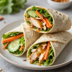 To make Honey Mustard Chicken Wraps, you will need the following ingredients: - 2 cups cooked chicken breast, shredded - 1/4 cup honey - 1/4 cup Dijon mustard - 1 tablespoon apple cider vinegar - 1 tablespoon olive oil - Salt and pepper to taste - 4 whole wheat tortillas - 1 cup mixed greens (spinach, arugula, or lettuce) - 1/2 cucumber, thinly sliced - 1/2 cup shredded carrots - 1/4 cup sliced almonds (optional) Using these simple ingredients, you can create a tasty meal in just 15 minutes. The key is in the balance of flavors from the honey, mustard, and vinegar. I love how the sweetness of the honey brings out the tang of the mustard. This mix creates a sauce that coats the chicken perfectly. The whole wheat tortillas add a nice fiber boost, while the mixed greens give freshness. Adding cucumber and carrots gives crunch and color. You can also sprinkle almonds on top for a nutty flavor. Feel free to get creative with these ingredients. You can swap out the chicken for turkey or even tofu if you want a different taste. Just remember, the goal is to enjoy every bite! {{ingredient_image_1}} To start, grab a bowl. Add the honey, Dijon mustard, apple cider vinegar, olive oil, salt, and pepper. Use a whisk to mix these until smooth. This sauce brings a sweet and tangy flavor to our wraps. Make sure it blends well. Next, take another bowl. Toss your shredded chicken with half of your honey mustard sauce. Mix it well so that the chicken is fully coated. This step is key for flavor! Don’t forget to save the rest of the sauce for later. It will add a nice drizzle on top. Now, lay out your whole wheat tortillas on a clean surface. In the center of each tortilla, place a handful of mixed greens. On top of that, add the honey mustard-coated chicken. Then, scatter thin cucumber slices and shredded carrots over the chicken. For a crunchy twist, sprinkle some sliced almonds on top if you like. Drizzle a bit of the reserved honey mustard sauce over everything to enhance the flavor. Finally, fold in the sides of the tortilla. Roll it tightly from the bottom to form a wrap. Repeat this for all your tortillas and fillings. When done, you can cut the wraps in half diagonally. Serve them right away or wrap them in foil for a quick meal later! To make the sauce just right, adjust the thickness. If it seems too thick, add a bit of water or more vinegar. If it’s too thin, add more honey or mustard. Season well with salt and pepper. This helps bring out the flavors. Taste the sauce before mixing it with the chicken. You want it to be bold yet balanced. When wrapping, lay the tortilla flat. Place your fillings in the center. Fold the sides inward first, then roll tightly from the bottom. This keeps everything inside. To store, wrap each one in foil or plastic wrap. This keeps them fresh and easy to grab later. For a nice touch, cut each wrap in half before serving. It makes them easy to eat and looks great on a plate. Want to spice things up? Add fresh herbs like basil or cilantro. They add a nice burst of flavor. You can also try adding a pinch of chili flakes for heat. If you like it sweeter, drizzle in more honey. For extra tang, use a splash of lemon juice. Adjusting these flavors helps you find the perfect taste for your wraps. Pro Tips Use Leftover Chicken: Shredded rotisserie chicken works great in this recipe, saving you time and adding flavor. Customize Your Greens: Feel free to mix and match greens according to your preference, such as kale or romaine for added texture. Make It Ahead: Prepare the honey mustard sauce and chicken mixture the night before for a quick assembly during busy days. Try Different Wraps: Experiment with different wraps like spinach or tomato basil tortillas for a fun twist on flavor and color. {{image_2}} You can switch up the protein in these wraps. Instead of chicken, try tofu or turkey. These options give you a new taste. For greens, feel free to use kale, romaine, or even arugula. Each green adds a unique flavor and texture. Want more kick? Add spices like cayenne pepper or smoked paprika to the sauce. This adds depth and warmth. You can also explore other dressings. Try ranch or vinaigrette for a different vibe. Experiment and find what makes your taste buds sing. Looking for gluten-free options? Use corn or rice tortillas instead of whole wheat. They hold the fillings well. If you need a vegan wrap, swap the chicken for chickpeas or lentils. You can still enjoy all the flavors without animal products. To keep your Honey Mustard Chicken Wraps fresh, store them in the fridge. Wrap each one in plastic wrap. This helps prevent them from drying out. You can also place them in an airtight container. For longer storage, consider freezing them. To freeze, wrap each wrap in foil, then place them in a freezer bag. This keeps them safe from freezer burn. When it's time to eat your wraps, you can reheat them in two ways. For the microwave, place a wrap on a plate. Heat it for about 30 seconds. If it’s still cold, heat it in 15-second bursts until warm. For the oven, preheat it to 350°F (175°C). Wrap the wraps in foil and heat for about 10 minutes. This way, they stay crispy on the outside. In the fridge, your wraps will last about 3 days. Check for signs of spoilage before eating. If they smell off or look slimy, it’s best to toss them. Proper storage is key to enjoying these delicious wraps later! Yes, you can prepare these wraps in advance. Here are some tips for meal prep: - Cook and shred chicken ahead of time. Store in an airtight container. - Make the honey mustard sauce a day before. Keep it in the fridge. - You can assemble the wraps in the morning. Wrap them tightly in foil or plastic wrap. - If you're worried about sogginess, pack sauce separately. Add it just before eating. Several side dishes pair well with these wraps. Here are some suggestions: - Fresh fruit salad for a sweet touch. - Crunchy veggie sticks like carrots and bell peppers. - A light pasta salad for a filling option. - Sweet potato fries for a tasty crunch. These wraps can be a good choice for a meal. Here is a breakdown of the nutritional information: - Protein: Chicken provides lean protein for muscle health. - Healthy Fats: Olive oil adds good fats. - Vitamins: Mixed greens and veggies offer vitamins and minerals. - Carbohydrates: Whole wheat tortillas give you fiber for digestion. Overall, they are a balanced meal option. Enjoying them in moderation fits well into a healthy diet. In this blog post, I shared how to make Honey Mustard Chicken Wraps with simple steps. You learned about the key ingredients, easy preparation, helpful tips, and tasty variations. These wraps are fun to make and great for any meal. You can customize them to fit your taste and dietary needs. Remember to store any leftovers properly to enjoy later. Now, it’s time to gather your ingredients and make these flavorful wraps a part of your meal plan!