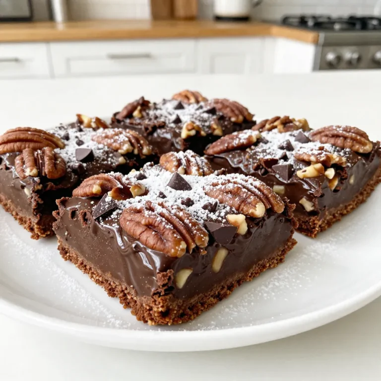 - 1 ½ cups all-purpose flour - ½ cup unsweetened cocoa powder - ¾ cup granulated sugar - ½ teaspoon baking powder - ¼ teaspoon sea salt - ½ cup unsalted butter, melted - 1 large egg - ¾ cup light corn syrup - 2 large eggs - 1 teaspoon vanilla extract - 1 cup pecans, roughly chopped - 1 cup semi-sweet chocolate chips To make these bars, gather all the ingredients first. I find it helps to have everything ready. Start with the dry ingredients. Combine the flour, cocoa powder, sugar, baking powder, and sea salt in a big bowl. This mix gives the bars a great texture and rich flavor. Next, we move on to the wet ingredients. Melt your butter and let it cool a bit. In a separate bowl, whisk together the melted butter, one egg, corn syrup, and vanilla extract. This mixture adds moisture and sweetness to the bars. Finally, let’s talk about the add-ins. The pecans add a nice crunch, and the chocolate chips bring a sweet touch. You can chop the pecans roughly, but make sure they are not too small. This way, you get a delightful bite in every bar! By using these ingredients, you set yourself up for a tasty treat. Each component plays its part well. I promise, these Chocolate Pecan Pie Bars will be a hit! {{ingredient_image_1}} First, preheat the oven to 350°F (175°C). This step warms the oven for even baking. I always use a thermometer to check the temperature. A properly heated oven makes a big difference. Start by mixing the dry ingredients. In a large bowl, combine: - 1 ½ cups all-purpose flour - ½ cup unsweetened cocoa powder - ¾ cup granulated sugar - ½ teaspoon baking powder - ¼ teaspoon salt Then, add the wet ingredients. Pour in: - ½ cup unsalted butter, melted - 1 large egg - 1 teaspoon vanilla extract Stir until a dough forms. The dough should be soft but not sticky. Now, press the dough into the bottom of your prepared pan. Use your fingers to spread it evenly. In another bowl, whisk together the filling ingredients. Combine: - ¾ cup light corn syrup - 2 large eggs - 1 teaspoon vanilla extract - ½ teaspoon sea salt Make sure it is well mixed. Next, fold in the pecans and chocolate chips. This step adds crunch and sweetness. You should have a nice, thick mixture. Pour the filling over the cooled crust. Spread it out evenly. This helps every bite taste great. Now return the pan to the oven. Bake for 30–35 minutes. The filling should be set with slightly puffed edges. Use a toothpick to check for doneness; it should come out clean. Once baked, remove the pan and let it cool completely on a wire rack. Cooling helps the bars firm up. After they cool, lift the bars out using the parchment overhang. Cut them into squares or rectangles. I like to use a sharp knife for clean cuts. To ensure even baking, spread the dough evenly in the pan. Press it down firmly to create a flat layer. This helps the bars bake uniformly. To test for doneness, gently shake the pan. If the filling jiggles slightly in the center, it is still not ready. The edges should be set and slightly puffed. The filling will firm as it cools. For serving, place the bars on a beautiful platter. Dust them with powdered sugar for a nice touch. You can also serve them with a scoop of vanilla ice cream. This adds creaminess and makes each bite more special. For garnishing, consider adding whipped cream or fresh berries. These give a pop of color and freshness. One common mistake is overbaking the bars. This can lead to a dry texture. Keep an eye on the time and check for doneness early. Another mistake is incorrect measurements. Use precise measuring tools for best results. Even a small difference can change the texture and taste. Pro Tips Chill the Dough: For a firmer base, chill the dough in the refrigerator for 30 minutes before pressing it into the pan. Use Fresh Ingredients: Ensure your eggs and pecans are fresh for the best flavor and texture in your bars. Perfectly Set Filling: To know if the filling is set, it should have a slight jiggle in the center; it will firm up as it cools. Customize Your Nuts: Feel free to mix in other nuts like walnuts or hazelnuts for a unique twist on the classic pecan flavor. {{image_2}} You can swap pecans with other nuts for a new taste. - Walnuts: They add a nice crunch and a rich flavor. Try using chopped walnuts in place of pecans. - Almonds: Sliced or chopped almonds give a light flavor and a bit of crunch. They mix well with chocolate. The type of chocolate can change the flavor of your bars. - Dark chocolate: Use dark chocolate for a more intense taste. It pairs well with the sweetness of the filling. - Milk chocolate: Milk chocolate makes the bars sweeter and creamier. It’s a great choice for those who love a milder flavor. Adding extra flavors can make your bars unique and exciting. - Adding spices: A pinch of cinnamon or nutmeg can add warmth and depth. Just a little can go a long way. - Infusing with espresso or coffee: Adding espresso or coffee enhances the chocolate. It gives the bars a rich and bold flavor that many love. Store your Chocolate Pecan Pie Bars at room temperature for up to three days. Keep them in an airtight container. This helps them stay fresh and tasty. If you want to keep them longer, the fridge is a good option. Wrap the bars tightly in plastic wrap or foil before placing them in the fridge. They will last for about a week this way. If you want to save them for later, freezing is the best choice. Cut the bars into squares and wrap each piece in plastic wrap. Then, place them in a freezer-safe bag or container. They can last up to three months in the freezer. To enjoy them again, just take out the bars and let them thaw. You can leave them at room temperature for a few hours. If you want a warm treat, pop them in the oven at a low temperature. This will make them soft and gooey again. Enjoy your delicious bars! Yes, you can make these bars gluten-free. Use gluten-free all-purpose flour instead of regular flour. Look for a blend that works well in baking. This swap keeps the texture similar and still allows for that chewy crust. Always check labels to ensure there are no hidden gluten sources. You can tell when the bars are done by looking at the edges. They should look slightly puffed and firm. The center must be set but still a little jiggly. A toothpick inserted in the center should come out with just a few moist crumbs. This means your filling is perfectly baked. If you need a corn syrup substitute, try using honey or maple syrup. Both options add a nice flavor. You can also use agave syrup as another alternative. Just remember, these substitutes may change the texture slightly. Adjust cooking times if needed for the best results. This blog shared a simple recipe for delicious chocolate pecan bars. You learned about the key dry and wet ingredients, as well as fun add-ins. The step-by-step instructions guided you through preparation and baking. Helpful tips helped avoid common mistakes and improve presentation. Finally, we discussed storage methods and variations to personalize your bars. Now, you can create tasty treats for any occasion. Enjoy baking!