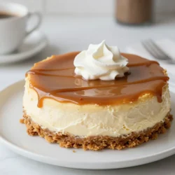 To make a delicious Caramel Macchiato Cheesecake, you will need these main ingredients: - 1 ½ cups graham cracker crumbs - ½ cup unsalted butter, melted - 1 cup granulated sugar, divided - 3 (8 oz) packages cream cheese, softened - 3 large eggs - 1 teaspoon vanilla extract - 1 cup strong brewed coffee, cooled - 2 tablespoons espresso powder - 1 cup sour cream - ½ cup caramel sauce (plus extra for drizzling) For a lovely touch, you can add these optional ingredients for garnishing: - Whipped cream for garnish {{ingredient_image_1}} 1. First, preheat your oven to 325°F (160°C). This step is key for even baking. 2. Next, prepare the crust. In a medium bowl, mix 1 ½ cups of graham cracker crumbs with ½ cup of melted unsalted butter. Combine until it looks moist. Press this mixture firmly into the bottom of a 9-inch springform pan. Bake the crust for 10 minutes. After that, remove it and let it cool. 3. Now, let’s make the cream cheese batter. In a large bowl, beat 3 packages of softened cream cheese and ½ cup of granulated sugar with an electric mixer. Mix until it is smooth and creamy. 4. Add 3 large eggs, one at a time. Mix well after each egg to keep it smooth. 5. Next, mix in 1 teaspoon of vanilla extract, 1 cup of cooled brewed coffee, and 2 tablespoons of espresso powder. Stir until all ingredients are blended. 6. Gently fold in 1 cup of sour cream and ½ cup of caramel sauce into the batter. This gives it a rich flavor. 7. Pour the cream cheese mixture over the cooled crust in the springform pan. 8. Bake in the preheated oven for about 60 minutes. The center should be set but still a little jiggly. 1. Turn off the oven and leave the cheesecake inside for 1 hour. This cooling technique helps prevent cracking. 2. After an hour, take the cheesecake out and let it cool completely at room temperature. 3. Once cool, refrigerate it for at least 4 hours, or overnight. This allows the cheesecake to set fully. 4. Before serving, drizzle extra caramel sauce on top. You can also add whipped cream if you like. Enjoy this delicious treat! To get the best texture, start with room temperature ingredients. Cream cheese blends smoothly when it's warm. Cold cream cheese can make lumps in your batter. Leave it out for about an hour before mixing. Preventing cracks in your cheesecake is key. After baking, turn off the oven and leave the door slightly open. This gradual cooling helps keep the cheesecake from cracking. If you let it cool too fast, you might see cracks form on top. Choosing the right coffee is important for flavor. Use a strong brewed coffee that you enjoy drinking. It should be rich and bold. You can also add espresso powder for an extra kick. Just two tablespoons will boost the coffee taste. Always use high-quality caramel sauce. A good caramel adds depth to your cheesecake. Look for sauces made with real ingredients, not just sugar. You can drizzle extra caramel on top for a beautiful finish. Pro Tips Use Room Temperature Ingredients: Allow your cream cheese and eggs to come to room temperature before mixing. This ensures a smoother batter and helps to prevent lumps. Choose Quality Coffee: The flavor of your cheesecake relies heavily on the coffee used. Opt for a high-quality coffee or espresso to enhance the overall taste of the dessert. Prevent Cracking: To prevent cracks on the surface of your cheesecake, bake it in a water bath. Wrap the springform pan in aluminum foil and place it in a larger pan filled with hot water. Chill Overnight: For the best texture and flavor, allow your cheesecake to chill in the refrigerator overnight before serving. This gives it time to set properly and improves its taste. {{image_2}} You can easily change the taste of your Caramel Macchiato Cheesecake. Here are a couple of fun ideas: - Chocolate Caramel Macchiato Cheesecake: Add ½ cup of cocoa powder to your cream cheese mix. This makes the cheesecake rich and chocolatey. Pair it with chocolate ganache for an extra treat. - Nutty Caramel Macchiato Cheesecake with Nuts: Fold in ½ cup of chopped nuts, like pecans or walnuts, into the cream cheese batter. This adds a nice crunch and extra flavor. You can also sprinkle some on top with caramel sauce. Want to adapt the cheesecake for special diets? Here are some options: - Gluten-free options for the crust: Use gluten-free graham cracker crumbs or almond flour. Mix these with melted butter, just like the regular crust. This keeps the cheesecake delicious for those avoiding gluten. - Vegan adaptations for the cheesecake: Swap cream cheese for vegan cream cheese. Use flax eggs or applesauce instead of regular eggs. Replace sour cream with a plant-based version. Keep the coffee and caramel sauce to maintain flavor, but check they’re vegan-friendly. To keep your Caramel Macchiato Cheesecake fresh, refrigerate it properly. First, cover the cheesecake with plastic wrap or aluminum foil. This helps prevent it from absorbing smells from other foods. You can also use an airtight container. If you want to freeze it, slice the cheesecake first. Wrap each slice in plastic wrap, then place them in a freezer bag. Make sure to remove as much air as you can. This keeps the cheesecake safe from freezer burn. In the fridge, your cheesecake will last about 5 to 7 days. To keep the flavor and texture at their best, store it properly. Avoid leaving it out at room temperature for too long. If you freeze it, the cheesecake can stay good for about 2 to 3 months. When you are ready to eat it, thaw it in the fridge overnight. This helps it regain its creamy texture. Enjoy every delicious bite! Can I make this cheesecake ahead of time? Yes, you can make the Caramel Macchiato Cheesecake a day or two ahead. After baking, let it cool completely. Then, cover it with plastic wrap and place it in the fridge. This allows the flavors to blend and enhances the taste. How can I tell if the cheesecake is done? To check if the cheesecake is done, look for a firm edge and a slightly jiggly center. It should not be liquid. The cheesecake continues to cook as it cools in the oven, so don't worry if it jiggles a bit. What to serve with Caramel Macchiato Cheesecake? This cheesecake pairs well with a cup of coffee or tea. You can also serve it with fresh berries for a fruity touch. Whipped cream adds extra creaminess, and a drizzle of caramel sauce makes it look fancy. Can I use store-bought ingredients? Yes, using store-bought ingredients can save time. You can buy premade graham cracker crusts and caramel sauce. Just make sure to select high-quality options to keep the flavor rich and delicious. You’ve learned how to make a delicious Caramel Macchiato Cheesecake. We covered the key ingredients, step-by-step instructions, and tips for perfect texture. You now know how to add flavor and variations to suit any diet. Proper storage helps keep your cheesecake fresh longer. Remember, making cheesecake can be fun and rewarding. Try new flavors and garnishes to make it your own. Enjoy this creamy delight and impress your family and friends with your baking skills. Happy baking!