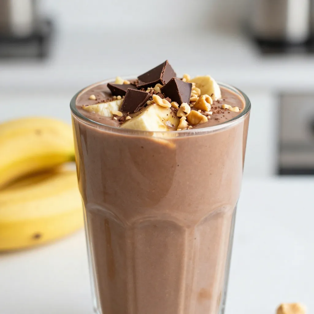 Here is a simple list of ingredients you will need for the Chocolate Peanut Butter Banana Smoothie: - 2 ripe bananas, sliced - 2 tablespoons creamy peanut butter - 1 tablespoon cocoa powder - 1 cup almond milk (or alternative milk) - 1 tablespoon honey or maple syrup - 1/2 teaspoon vanilla extract - Handful of ice cubes - Optional toppings: Chocolate shavings or crushed peanuts These ingredients create a rich and creamy smoothie. The ripe bananas give natural sweetness. The peanut butter adds a nice nutty flavor. Cocoa powder brings a chocolatey twist. Almond milk keeps it light and smooth. Honey or maple syrup can be added for extra sweetness. The vanilla extract enhances the overall taste. Ice cubes make it refreshing and chilled. You can top it off with chocolate shavings or crushed peanuts for added crunch. This smoothie is truly a blissful treat! {{ingredient_image_1}} First, gather all your ingredients on the counter. You need 2 ripe bananas, sliced. Bananas should be yellow with some spots for the best taste. Next, measure 2 tablespoons of creamy peanut butter. Grab 1 tablespoon of cocoa powder, which adds rich chocolate flavor. Also, pour 1 cup of almond milk or any milk you prefer. If you want it sweet, set aside 1 tablespoon of honey or maple syrup. Don't forget 1/2 teaspoon of vanilla extract for extra flavor. Lastly, have a handful of ice cubes ready to make your smoothie cold and refreshing. Now, let’s blend! Start by placing the sliced bananas, peanut butter, cocoa powder, almond milk, honey (or maple syrup), and vanilla extract into your blender. Add those ice cubes next. Secure the lid tightly. Blend on high speed until everything is smooth and creamy. You shouldn’t see any lumps. If the mixture is too thick, add a bit more almond milk. Blend again until it reaches your preferred texture. After blending, take a quick taste. If you want it sweeter, add a little more honey or maple syrup. Blend it again briefly to mix in the extra sweetness. If it's still thick, add more almond milk until it feels just right. You want a smoothie that’s easy to sip through a straw. Time to serve! Pour your smoothie into a tall glass. For a fun touch, sprinkle some chocolate shavings or crushed peanuts on top. This adds crunch and makes it look fancy. Enjoy your smoothie right away with a straw or a spoon. Each sip will be a delightful mix of chocolate, banana, and peanut butter flavors! To get a great texture, use ripe bananas. They add natural creaminess. Blend the bananas with the peanut butter and cocoa powder first. This helps create a smooth base. Add ice after blending the main ingredients. If your smoothie is too thick, pour in more almond milk. Blend again until you reach your desired texture. If you want a nut-free option, use sunflower seed butter instead of peanut butter. For a creamier texture, try using coconut milk. You can swap honey for agave syrup to keep it vegan. If you don’t have cocoa powder, use chocolate syrup or melted chocolate for a rich taste. Adjust the sweetener based on your choice. To boost flavors, add a scoop of protein powder. This adds nutrition and creaminess. You might also try adding a tablespoon of chia seeds for extra fiber. For a fruity twist, toss in some berries or a slice of avocado. If you like a kick, a pinch of cinnamon or nutmeg works wonders. Toppings like chocolate shavings or crushed peanuts add crunch and flair. Pro Tips Ripeness Matters: The riper the bananas, the sweeter and more flavorful your smoothie will be. Look for bananas with brown spots for the best taste. Peanut Butter Choices: Use natural peanut butter without added sugar or hydrogenated oils for a healthier option. You can also substitute with almond or cashew butter for a different flavor. Cocoa Powder Quality: Opt for unsweetened cocoa powder to control the sweetness level. Higher quality cocoa will enhance the chocolate flavor. Texture Adjustments: If you prefer a thicker smoothie, reduce the almond milk. For a thinner consistency, gradually add more until you reach your desired texture. {{image_2}} To make this smoothie more filling, add protein. Use 1 scoop of your favorite protein powder. This helps boost energy and keeps you full longer. You can also add Greek yogurt for creaminess and extra protein. If you prefer a dairy-free option, almond milk works great. You can also try oat milk or coconut milk. Both add unique flavors and keep the smoothie smooth. These options work well for lactose-intolerant folks. Want to switch it up? Add berries! Blueberries or strawberries mix well with banana. They add sweetness and nutrients. You can also toss in a handful of spinach. It blends easily and boosts vitamins without changing the taste much. If you have leftover smoothie, store it in a sealed container. Use a glass jar or a plastic bottle. Keep it in the fridge for up to 24 hours. Give it a quick shake before you drink it. The smoothie may separate, but that's normal. You can freeze your smoothie for later. Pour the leftover smoothie into ice cube trays. Once frozen, pop the cubes into a zip-top bag. This makes it easy to grab a few cubes for a quick treat. Just blend the cubes with a bit of milk when you want a smoothie. To keep your smoothie fresh, use ripe bananas. They add natural sweetness and flavor. Use fresh almond milk or your choice of milk. Try to blend only what you will consume. This way, you enjoy the best taste and nutrients. Yes, you can use frozen bananas. They make the smoothie cold and thick. Just peel and slice them before freezing. This will give your smoothie a nice, creamy texture. This smoothie is great for meal prep. You can blend it and store it in the fridge for up to 24 hours. Just shake it well before drinking. For longer storage, pour it into freezer-safe bags. You can thaw it the night before. This smoothie offers many health benefits. Bananas provide potassium and energy. Peanut butter adds protein and healthy fats. Cocoa powder gives you antioxidants. Almond milk keeps it low in calories and dairy-free, making it a nutritious treat. Yes, this smoothie is already vegan-friendly. Just use maple syrup instead of honey. This way, you keep the sweetness while keeping it plant-based. To reduce sweetness, cut back on honey or maple syrup. You can also add more almond milk to balance the flavors. If you want, you can even skip the sweetener. The bananas will still give some natural sweetness. This blog showed you how to make a tasty smoothie with simple ingredients. You learned step-by-step instructions to blend and enjoy it. Tips helped you get the best texture and flavor. We explored variations to fit your needs. Finally, storage advice keeps your smoothie fresh for later. Smoothies are fun and good for you. Now, you can enjoy a delicious drink that supports your health goals.