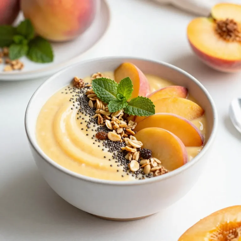 To make this Ginger Peach Smoothie Bowl, you will need: - 2 ripe peaches, pitted and chopped - 1 ripe banana, frozen - 1 cup coconut milk (or almond milk) - 1 tablespoon fresh ginger, grated - 1/2 teaspoon vanilla extract These ingredients form the base of your bowl. The peaches bring sweetness and flavor. The frozen banana adds creaminess. Coconut milk gives a rich texture, while ginger adds a spicy kick. You can also use these optional ingredients to enhance your bowl: - 1 tablespoon honey or maple syrup (optional, adjust for sweetness) - 1/4 cup granola - 1 tablespoon chia seeds - Fresh mint leaves for garnish Using honey or maple syrup can boost the sweetness. Granola adds crunch. Chia seeds offer extra nutrition. Fresh mint leaves make it look pretty and fresh. If you need to swap ingredients, here are some ideas: - Use any frozen fruit instead of banana for creaminess. - Swap coconut milk with almond milk or oat milk. - Try ground ginger if fresh ginger is not available. These substitutions keep your smoothie bowl delightful. You can still enjoy the same great taste with a few changes. {{ingredient_image_1}} Start with fresh, ripe peaches. You need two peaches. Wash them, pit them, and chop them into small pieces. Next, grab a ripe banana. It should be frozen for the best texture. If you forgot to freeze it, don't worry! You can use a fresh banana and add ice later. Now, set out your other ingredients. You need one cup of coconut milk, one tablespoon of fresh ginger, and one tablespoon of honey or maple syrup if you want it sweeter. Don't forget half a teaspoon of vanilla extract for flavor. You’ll also want some toppings ready, like granola and chia seeds. Place all the prepared ingredients in a blender. Add the chopped peaches, frozen banana, coconut milk, grated ginger, honey or maple syrup, and vanilla extract. Blend on high speed until the mix is smooth and creamy. If it’s too thick, pour in a bit more coconut milk. Blend again until you reach your desired thickness. Once blended, taste it! If you want it sweeter, add more honey or syrup. Take a bowl and pour in your smoothie mix. You want it to look nice and thick. Next, it’s time to add toppings! Sprinkle granola and chia seeds on top. You can also add extra peach slices for color and flavor. Finally, add a few fresh mint leaves for a pop of green. Serve it right away and enjoy your creamy ginger peach smoothie bowl! When choosing peaches, look for a few signs. First, check the color. Ripe peaches have a golden hue. Next, feel the fruit. It should be slightly soft to the touch. A sweet, fruity scent also shows ripeness. Avoid peaches with green spots or bruises. These may not taste good. For the best flavor, buy them in season, usually from late summer to early fall. To get a creamy texture, use ripe peaches and a frozen banana. The frozen banana adds thickness and chill. If your smoothie is too thick, add more coconut milk. Blend on high until smooth. If needed, blend again for a few more seconds. You want it to be thick but pourable. This balance makes it easy to enjoy in a bowl. Taste your smoothie before you serve it. If it needs more sweetness, add honey or maple syrup. Start with just a little and blend again. Adjust to your taste. Remember, ripe peaches are already sweet! If you prefer less sugar, skip the added sweetener. This way, you keep the natural peach flavor front and center. Pro Tips Use Ripe Peaches: Ensure your peaches are perfectly ripe for the best flavor and sweetness in your smoothie bowl. Freeze Your Banana: Using a frozen banana adds creaminess and chill to your smoothie bowl, making it extra refreshing. Adjust Consistency: If your smoothie is too thick, gradually add more coconut milk until you reach your desired consistency. Garnish for Appeal: Don't skip the toppings! Fresh mint, extra peach slices, and granola not only enhance flavor but also make your bowl visually appealing. {{image_2}} You can easily switch things up with tropical fruits. Try adding mango or pineapple for a sunny twist. These fruits blend well with peach and ginger. You can also mix in some spinach for a green boost. It adds nutrients without changing the flavor much. Coconut milk is creamy and rich, but you can use almond milk too. Both options work great in this recipe. If you want a nut-free choice, try oat milk. Each milk gives a different taste, making your smoothie bowl unique. Just pick what you love most. Get creative with flavors! You can add a squeeze of lime for a zesty punch. A dash of cinnamon gives warmth and spice. If you like chocolate, try adding cocoa powder for a sweet twist. These flavors blend well with ginger and peach, making every bite exciting. If you have any leftover ginger peach smoothie, store it in an airtight container. This keeps it fresh. Place it in the fridge and consume it within 24 hours. The smoothie might separate, so just stir it before eating. You can freeze the ginger peach smoothie mix for later use. Pour it into ice cube trays or freezer bags. This way, you can have a quick treat ready anytime. When you want to enjoy it, just blend the frozen mix with a splash of coconut milk. Smoothies are best cold, but if you want to warm it up, do so gently. Heat it in a pot over low heat. Stir often to keep it smooth. You can also add a bit of coconut milk to refresh the texture. Enjoy your creamy, delightful treat! Yes, you can make this smoothie bowl ahead of time. Blend the ingredients and store them in the fridge. This keeps well for one day. When ready to eat, stir the mix to bring it back together. You may need to add a splash of milk if it thickens. If you want to skip ginger, try using ground cinnamon or nutmeg. These spices add warmth and flavor. You can also use a dash of lemon juice for a fresh twist. Just remember, these will change the taste a bit. A ginger peach smoothie bowl has about 300-350 calories. This can vary based on the type of milk and sweetener used. If you add more toppings, the calorie count will increase. Always check your ingredients for the most accurate count. Yes, this recipe is vegan-friendly. Use coconut or almond milk and maple syrup for sweetness. Both options fit a vegan diet. Enjoy this delicious treat that is good for you and the planet! In this blog post, we explored the key ingredients for a great ginger peach smoothie bowl. We discussed required and optional ingredients, along with handy substitutions. I shared step-by-step instructions for preparation and blending, plus serving tips. I also provided useful tips on selecting ripe peaches and achieving the right texture. We covered exciting variations and how to store or freeze any leftovers. Remember, you can easily customize this recipe to suit your taste. Enjoy creating your delicious smoothie bowl!