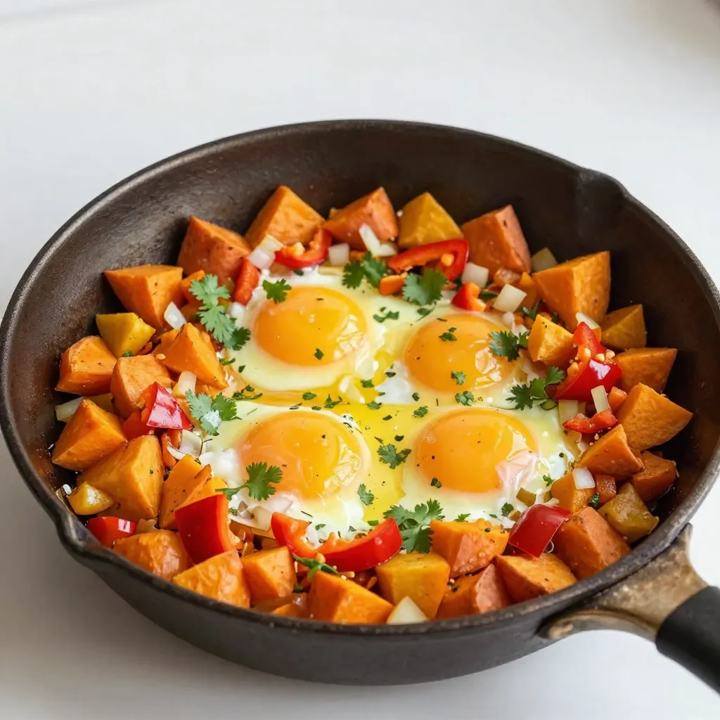 - 2 medium sweet potatoes, peeled and diced - 1 red bell pepper, diced - 1 small yellow onion, chopped - 2 tablespoons olive oil - 1 teaspoon smoked paprika - 1/2 teaspoon cumin - Salt and pepper, to taste - 4 large eggs - Fresh cilantro or parsley for garnish For this dish, you need two medium sweet potatoes. Peel and dice them into small cubes. The red bell pepper adds a nice crunch and flavor. Dice one red bell pepper and set it aside. Next, chop one small yellow onion. This onion will add a sweet taste to the hash. You'll need two tablespoons of olive oil to cook the vegetables. This oil helps to crisp the sweet potatoes. For seasoning, use one teaspoon of smoked paprika and half a teaspoon of cumin. These spices give the dish a warm and smoky flavor. Don't forget salt and pepper to taste. Lastly, you will need four large eggs. They add protein and richness to the hash. You can use fresh cilantro or parsley to garnish the dish before serving. Sweet potatoes are rich in vitamins A and C. They also have fiber, which is good for digestion. This root vegetable helps keep you full and satisfied. Eggs are a great source of protein. They contain essential amino acids that your body needs. Eggs also provide healthy fats and important nutrients like vitamin D and B12. Together, sweet potatoes and eggs make a balanced meal. This dish is not just tasty but also good for you! {{ingredient_image_1}} Start with two medium sweet potatoes. Peel them and dice them into small cubes. This helps them cook evenly. Heat two tablespoons of olive oil in a large skillet over medium heat. Once the oil is hot, add the diced sweet potatoes. Cook them for about 10 to 12 minutes. Stir them occasionally so they don’t stick. You want them to soften up but not mushy. They should start to get a little crispy on the edges. Next, it’s time to add more flavor. Chop one small yellow onion and one red bell pepper into small pieces. Add them to the skillet with the sweet potatoes. Season the mix with one teaspoon of smoked paprika, half a teaspoon of cumin, and salt and pepper to taste. Stir everything well. Cook for another 5 to 7 minutes. The vegetables should become tender. The sweet potatoes will be slightly crispy and very tasty. Now for the best part—adding the eggs! Make four small wells in the hash mixture. Crack one egg into each well. This gives you that perfect breakfast touch. Cover the skillet with a lid. Let the eggs cook until they reach your desired doneness. This takes about 5 to 7 minutes for runny yolks. If you like firmer yolks, leave them a bit longer. Once done, remove the skillet from the heat. Garnish with fresh cilantro or parsley before serving. Enjoy your delicious sweet potato hash with eggs! To get the best texture for your sweet potato hash, cut the sweet potatoes into small, even pieces. This helps them cook evenly. Start cooking the sweet potatoes over medium heat. Stir them often for about 10-12 minutes. You want them soft on the inside and a little crispy on the outside. Adding the onion and red bell pepper later ensures they do not get mushy. Cook everything together for another 5-7 minutes. This blend of textures makes the dish exciting. Using the right tools makes cooking easier and more fun. A large, non-stick skillet is perfect for this recipe. It helps prevent sticking and makes cleanup simple. A wooden spoon or spatula is great for stirring. It won't scratch your skillet. I also recommend a lid for the skillet. This helps cook the eggs evenly. A sharp knife and cutting board are key for prepping your ingredients. To make your hash even better, try adding toppings. Fresh cilantro or parsley adds color and freshness. You can also drizzle some hot sauce for heat. If you want more flavor, try adding cheese. Feta or cheddar works well. You can serve your hash with sliced avocado or a side of fruit. This balances the meal and adds nutrition. Enjoy experimenting with your favorite flavors! Pro Tips Choose the Right Sweet Potatoes: Look for firm, smooth sweet potatoes without any blemishes for the best flavor and texture. Customize Your Spices: Feel free to adjust the spices based on your preference; adding chili powder or garlic powder can enhance the flavor profile. Cooking Eggs to Perfection: If you prefer your eggs runny, keep an eye on them while cooking; cover the skillet to help them cook evenly. Garnish Creatively: Experiment with different herbs like chives or dill for a unique twist, or even add avocado for creaminess. {{image_2}} You can easily add more veggies to your sweet potato hash. Spinach adds a fresh taste and bright color. Just stir in a handful when the potatoes are almost done. Zucchini is another great choice. It cooks quickly, so add it with the bell pepper and onion. Both choices boost nutrition and flavor. Switching up the spices changes the whole dish. For a taco twist, use taco seasoning instead of smoked paprika. It gives a warm, zesty kick. If you prefer Italian flavors, try mixing in Italian herbs. Oregano and basil pair well with the sweet potatoes and eggs. These small changes can make your hash feel brand new. You can swap the eggs for other proteins, too. Tofu is a great choice for a plant-based meal. Just press and cube it, then fry until golden. If you want meat, try adding sausage. Cook it first, then add the veggies. Both options keep your hash hearty and satisfying. After enjoying your sweet potato hash, let it cool to room temperature. Use an airtight container to keep the leftovers. Store them in the fridge for up to three days. This helps maintain flavor and texture. Label the container with the date to track freshness. To reheat, place the hash in a skillet over medium heat. Add a splash of olive oil to keep it moist. Stir it gently to heat evenly. You can also microwave it in a covered bowl. Heat in 30-second intervals, stirring in between. Adjust the time based on your microwave’s power. Freezing is a great option if you have extra hash. Let the dish cool completely. Portion it into freezer-safe bags or containers. Remove as much air as possible before sealing. The hash can stay fresh for up to three months. When ready to eat, thaw it in the fridge overnight before reheating. Yes, you can prepare Sweet Potato Hash ahead of time. Cook the hash without the eggs. Store it in an airtight container in the fridge for up to three days. When you are ready to serve, heat it in a skillet. Add the eggs and cook them fresh. This way, you keep the eggs runny and the texture just right. To adjust the recipe, simply cut the ingredient amounts in half. Use one medium sweet potato instead of two. You can also use two eggs instead of four. This makes about two servings. You can always double the recipe if you need more. Sweet Potato Hash pairs well with many sides. Here are a few ideas: - Fresh fruit salad - Toast with avocado - Simple green salad - Greek yogurt with honey Each of these sides adds balance to your meal. Enjoy your Sweet Potato Hash with one or more of these tasty options! You now have a clear guide to making sweet potato hash with eggs. We covered ingredients, cooking steps, and helpful tips. Sweet potatoes and eggs offer great nutrition and flavor. You can customize this dish with different veggies and spices, making it your own. Remember to store any leftovers properly for the best taste later. Enjoy this simple but tasty meal, and feel free to experiment with sides!