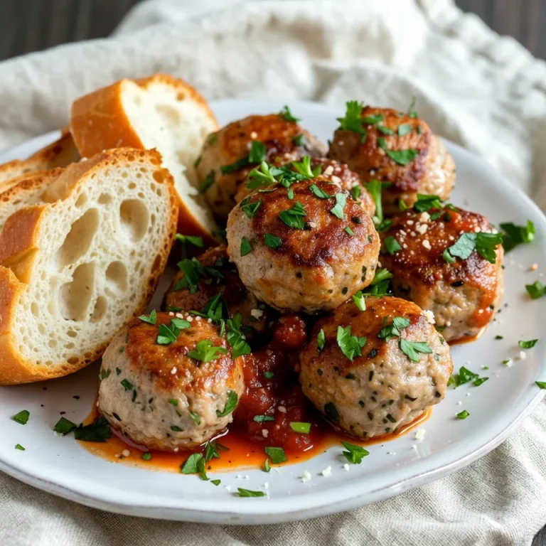 - 1 lb ground chicken - 1/4 cup breadcrumbs - 1/4 cup grated Parmesan cheese - 2 cloves garlic, minced - 1/4 cup fresh parsley, finely chopped - 1/2 teaspoon dried oregano - 1/2 teaspoon dried thyme - 1/4 teaspoon red pepper flakes (optional) - 1 egg, beaten - Salt and pepper to taste - 1 tablespoon olive oil (for cooking) - Marinara sauce (for serving) You can swap ground chicken for turkey or lean beef. Use gluten-free breadcrumbs if needed. For a dairy-free option, try nutritional yeast instead of Parmesan cheese. If you want more flavor, add fresh herbs like basil or chives. You can mix in some chopped spinach or grated carrot for extra nutrients. A dash of lemon zest gives a fresh twist. If you like heat, increase the red pepper flakes. These simple changes keep the recipe fun and delicious! {{ingredient_image_1}} To start, gather all your ingredients. You will need ground chicken, breadcrumbs, Parmesan cheese, garlic, parsley, oregano, thyme, red pepper flakes, an egg, salt, and pepper. In a large bowl, combine the ground chicken, breadcrumbs, and grated Parmesan. Next, add the minced garlic, chopped parsley, oregano, thyme, and optional red pepper flakes for a bit of heat. Crack the egg into the mixture. Season it with salt and pepper to taste. Now, you will want to mix everything gently using your hands. Be careful not to over-mix. This keeps your meatballs soft and tender. Once your mixture is ready, it’s time to cook. Preheat a large skillet over medium heat. Add a tablespoon of olive oil to the hot skillet. While the oil heats, form the mixture into meatballs about 1.5 inches wide. Carefully place them in the skillet once the oil is hot. Cook the meatballs for about 4 to 5 minutes on each side. You want them to be browned and cooked through. Use a meat thermometer to check the internal temperature. It should reach 165°F. Once cooked, take them out and set them aside. For serving, you can warm up marinara sauce in the same skillet. This adds extra flavor. Serve the meatballs with the marinara on the side or over your favorite pasta. For a nice touch, sprinkle some fresh parsley and extra Parmesan cheese on top. You might also want to pair your meatballs with crusty bread. This makes for a filling meal everyone will enjoy. To keep your meatballs tender, avoid over-mixing the meat. When you combine the ingredients, use your hands gently. This way, your meatballs will stay light and soft. Another tip is to add breadcrumbs. They soak up moisture and help keep the meatballs juicy. You can also add a little extra olive oil to the mix. This adds fat, which keeps the meatballs moist. To boost flavor, use fresh herbs like parsley. Fresh herbs add brightness and depth. You can also mix in some grated Parmesan cheese. It adds a rich, salty flavor. If you want some heat, add red pepper flakes. This gives a nice kick without being too spicy. Marinara sauce is a great pair, too. It adds a tangy flavor that complements the meatballs well. For even cooking, make sure your meatballs are all the same size. Aim for about 1.5 inches in diameter. This helps them cook at the same rate. Preheat your skillet well before adding the meatballs. A hot skillet gives a nice brown crust. Cook them for 4-5 minutes on each side. This ensures they are fully cooked and have a great texture. Keep an eye on the internal temperature. It should reach 165°F for safe eating. Pro Tips Don’t Overmix: Be gentle when mixing the ingredients to keep the meatballs tender and light. Use Fresh Herbs: Fresh parsley and other herbs elevate the flavor; consider adding basil or thyme for extra depth. Check Temperature: Ensure meatballs reach an internal temperature of 165°F for safe consumption. Serve with Style: Drizzle marinara sauce over the meatballs and garnish with extra parsley for an appealing presentation. {{image_2}} You can switch the ground chicken for other proteins. Ground turkey works well and tastes great. Ground pork adds a nice flavor too. If you want something leaner, try ground beef. Each option brings its unique taste, so feel free to experiment. Just remember to adjust cooking times if needed. To make this dish vegetarian or vegan, use plant-based ground meat. Brands like Beyond Meat or Impossible Foods are great choices. You can also use mushrooms or lentils for a hearty texture. Replace the egg with flaxseed meal or chia seeds mixed with water. This helps bind the ingredients without using animal products. Mix up the flavors by changing the herbs. Try basil, cilantro, or even rosemary for a new twist. Add spices like cumin or smoked paprika for a smoky touch. You might want to increase the red pepper flakes for more heat. Experiment with different cheeses too, like feta or goat cheese, for a unique taste. These variations keep your meals exciting and fresh! You need to store your garlic herb chicken meatballs in the fridge. First, let them cool down. Then, place them in an airtight container. This helps keep them fresh. If you have leftover marinara sauce, store it in a separate container. Proper storage keeps your meatballs tasty for up to three days. To reheat meatballs, you have a few options. You can use the microwave for a quick meal. Place them on a microwave-safe plate and cover them. Heat for about 1-2 minutes or until warm. If you want a crisp texture, use a skillet. Heat a bit of olive oil in the pan. Add the meatballs and cook until they are hot and slightly crispy, about 4-5 minutes. Freezing meatballs is simple and smart. First, allow them to cool completely. Then, arrange them in a single layer on a baking sheet. Freeze them for about 1-2 hours until firm. Once frozen, transfer them to a freezer-safe bag or container. Label it with the date. Frozen meatballs can last up to three months. When ready to eat, thaw them in the fridge overnight before reheating. You can serve garlic herb chicken meatballs with many sides. Pasta is a classic choice. Toss it with marinara sauce for a hearty meal. You can also pair them with crusty bread. This helps soak up the sauce. A fresh salad adds a nice crunch. Try a simple green salad with a light vinaigrette. Roasted vegetables work well too. They add color and flavor to your plate. Yes, you can make meatballs ahead of time. Prepare the mixture and form the meatballs. Store them in an airtight container in the fridge. They will stay fresh for one to two days. You can also freeze them for later use. Place uncooked meatballs on a baking sheet. Freeze until solid, then transfer to a freezer bag. They will last for up to three months. When ready to cook, thaw and follow the cooking steps. Garlic herb chicken meatballs last about three to four days in the fridge. Store them in an airtight container to keep them fresh. Always check for any off smells or changes in color before eating. If you want them to last longer, freezing is a great option. In this blog post, we covered making tasty garlic herb chicken meatballs, from the ingredients to tips for perfecting the dish. You learned about measurements, cooking, and great serving ideas. Remember, using fresh ingredients and avoiding overcooking keeps your meatballs tender and flavorful. Experiment with variations like vegetarian options or different proteins for fun twists. Lastly, store leftovers properly to keep them fresh. Enjoy creating your meatball masterpiece!