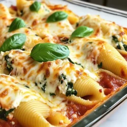 To make cheesy spinach stuffed shells, you need: - 20 jumbo pasta shells - 2 cups fresh spinach, chopped - 1 cup ricotta cheese - 1 cup mozzarella cheese, shredded - 1/2 cup grated Parmesan cheese - 1 egg - 2 cloves garlic, minced - 1 teaspoon Italian seasoning - Salt and pepper to taste - 2 cups marinara sauce - Fresh basil leaves for garnish You can change some ingredients if you need to. For a lighter option, use low-fat ricotta cheese. If you don't have mozzarella, try provolone or gouda. You can add cooked chicken or sausage for protein. For a vegan version, use tofu instead of cheese and a flax egg. If fresh spinach isn't available, frozen chopped spinach works too. Just make sure to drain it well. Choosing fresh ingredients makes your dish taste better. Look for bright green spinach with no wilting. The pasta shells should be intact, not cracked. For cheese, pick blocks instead of pre-shredded for better melting. When selecting garlic, pick firm cloves with no sprouting. Always check the expiration date on marinara sauce. Fresh basil should smell fragrant and look vibrant. {{ingredient_image_1}} To start, boil water in a large pot. Add salt for flavor. Cook the jumbo pasta shells for 10-12 minutes. You want them al dente, so check the package. Once done, drain them and let them cool. This helps you handle them better later. In a big bowl, mix the chopped spinach and ricotta cheese. Add half of the mozzarella cheese, Parmesan cheese, and minced garlic. Then, crack in one egg. Sprinkle in the Italian seasoning, salt, and pepper. Stir until everything is well mixed. This filling is creamy and full of flavor. Preheat your oven to 375°F (190°C). Take each shell and fill it with a spoonful of the spinach mixture. Be generous! Place the stuffed shells in a greased 9x13 inch baking dish. Make sure they fit snugly. This helps them cook evenly. Pour marinara sauce over the stuffed shells. Cover each shell well with sauce. Then, sprinkle the rest of the mozzarella cheese on top. Cover the dish with aluminum foil and bake for 20 minutes. After that, remove the foil and bake for another 10-15 minutes. Look for bubbly, golden cheese! Once baked, take the dish out of the oven. Let it cool for a few minutes. Garnish with fresh basil leaves to add color and flavor. You can serve these shells with a simple salad or garlic bread for a complete meal. Enjoy your cheesy spinach stuffed shells! To prevent pasta from sticking, use plenty of water. Boil a large pot with salted water. The salt adds flavor and helps the pasta cook better. Stir the pasta right after adding it to the pot. This keeps the shells from clumping together. When the shells are done, drain them well. Rinse them under cold water to stop the cooking. This also helps keep them from sticking. Mixing cheeses can make your dish richer. For cheesy spinach stuffed shells, I love using ricotta, mozzarella, and Parmesan. Ricotta gives the filling a creamy texture. Mozzarella adds that gooey stretch we all love. Parmesan brings a sharp flavor that balances well with the other cheeses. You can also try adding goat cheese for a tangy twist or cheddar for a sharper taste. Herbs and spices can take your dish to the next level. I like to add Italian seasoning, garlic, salt, and pepper to the filling. Fresh herbs, like basil or parsley, can brighten the flavors. You can also try a pinch of red pepper flakes if you want some heat. Just remember to taste your filling before stuffing the shells. Adjust the seasoning to your liking for the best results. Pro Tips Use Fresh Spinach: Fresh spinach gives a vibrant flavor and a better texture compared to frozen spinach. Make sure to wash and chop it just before using. Cheese Variations: Experiment with different cheeses like feta or goat cheese for a unique twist on the traditional filling. Make Ahead: You can prepare the stuffed shells a day in advance. Just cover and refrigerate them until you're ready to bake. Garnish for Flavor: Fresh basil not only enhances the presentation but also adds a lovely aromatic touch that complements the dish perfectly. {{image_2}} You can easily make this dish vegetarian. The filling has spinach, ricotta, and mozzarella. You can add more veggies. Try using mushrooms, zucchini, or bell peppers. These add flavor and texture. You can also swap in kale for the spinach. It gives a nice twist. If you want to add meat, it’s simple. You can mix cooked chicken, ground beef, or sausage into the filling. Just cook the meat first and chop it small. This will add protein and a hearty taste. You might like to use a mix of meat and spinach. It makes a great combo. For a gluten-free option, choose gluten-free pasta shells. Many brands now offer good choices. You can find them at most grocery stores. Check the package for cooking times, as they may differ. You can also use quinoa or brown rice in place of shells. Just prepare it and layer it with the filling and sauce. After you enjoy your cheesy spinach stuffed shells, let them cool. Place leftovers in an airtight container. Store them in the fridge for up to three days. If you have a lot, divide them into smaller portions. This makes it easy to grab a quick meal later. To reheat, preheat your oven to 350°F (175°C). Put the shells in a baking dish. Cover them with foil to keep them moist. Heat for about 20 minutes or until warm. You can also microwave them. Place shells on a microwave-safe plate and cover with a damp paper towel. Heat in short bursts until hot. If you want to freeze your cheesy spinach stuffed shells, wrap them tightly. Use plastic wrap or aluminum foil. Place them in a freezer-safe container. They can last up to three months in the freezer. When you are ready to eat, thaw them overnight in the fridge. Then, reheat as directed. Yes, you can make Cheesy Spinach Stuffed Shells ahead of time. Prepare the shells and filling. Stuff the shells and place them in the baking dish. Cover with foil and store in the fridge. This works well for up to 24 hours. When ready to bake, add extra time if they are cold. To add spice, use pepper jack cheese. You can also mix in red pepper flakes. Adding chopped jalapeños gives a nice kick. For a simple twist, use spicy marinara sauce. Taste the filling before baking to adjust the heat. Pair these stuffed shells with a fresh salad. A simple green salad with a light vinaigrette works great. Garlic bread also makes a tasty side. You can add steamed veggies for more color and nutrients. For a fun twist, serve with a side of pesto. You can make delicious Cheesy Spinach Stuffed Shells at home with ease. We covered key ingredients, how to pick fresh ones, and tasty filling ideas. You learned step-by-step cooking and baking tips. I shared ways to avoid sticking pasta and how to enhance flavors. You now know great vegetarian options and storage methods. Remember, cooking is all about having fun and being creative. Enjoy making this dish your own!