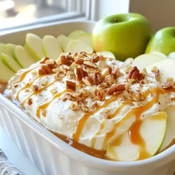 - 8 oz cream cheese, softened - 1 cup powdered sugar - 1/2 cup caramel sauce (store-bought or homemade) - 1 teaspoon vanilla extract - 1/4 teaspoon sea salt - 4 medium apples (such as Granny Smith or Honeycrisp), sliced - Chopped nuts (such as pecans or walnuts, for topping) - Optional: a sprinkle of cinnamon for extra flavor This dip starts with cream cheese. It creates a rich and creamy base. Softening it first helps it blend smoothly. Next, we add powdered sugar for sweetness. This makes the dip taste like dessert. Then, we mix in caramel sauce. You can use store-bought or make your own. The caramel adds a sweet and rich flavor that pairs well with apples. Vanilla extract adds depth. It brings warmth to the taste. A touch of sea salt enhances all the flavors. It balances the sweetness nicely. Apples are the stars of this dish. I love using Granny Smith for a tart bite or Honeycrisp for sweetness. Slice them up for easy dipping. Finally, toppings bring excitement. Chopped nuts add crunch. A sprinkle of cinnamon adds warmth and spice. These ingredients come together to create a fun and tasty dip that everyone will love. {{ingredient_image_1}} To start, gather your tools. Grab a mixing bowl and an electric mixer. First, you will mix the softened cream cheese and powdered sugar. Beat them on medium speed. You want to mix until it is smooth. This should take about 1-2 minutes. Next, add in the vanilla extract and sea salt. These will add great flavor. Mix everything until it is well combined. Now, it's time to incorporate the caramel sauce. Pour in half of the caramel and mix again. This will make the dip creamy and sweet. Now, take the cream cheese mixture and transfer it to a serving dish. Use a spatula to smooth the top. It should look nice and inviting. Drizzle the remaining caramel sauce on top. This makes it look extra delicious. If you want, add optional toppings like chopped nuts or a sprinkle of cinnamon. These add crunch and a nice touch of flavor. This dip is best served with apple slices. Slice up your apples and arrange them on a platter. You can serve it right away, but I recommend chilling it for 30 minutes first. Chilling will help the flavors mix together better. Enjoy your tasty dip! To get a creamy dip, start with room temperature cream cheese. Cold cream cheese will clump. Mix it with powdered sugar using an electric mixer. Beat until smooth, about one to two minutes. If you need a sweeter dip but want to avoid sugar, try using honey or maple syrup as alternatives. These will add flavor and sweetness. When picking apples, choose varieties like Granny Smith or Honeycrisp. These apples offer a nice balance of sweet and tart. You can also try Fuji or Gala apples for a sweeter touch. For extra flavor, add spices like cinnamon or nutmeg. A little sprinkle can make a big difference. The look of your dip matters. Serve it in a shallow bowl to show off the layers. Drizzle caramel sauce on top for a glossy finish. For a fun touch, sprinkle chopped nuts and a little cinnamon. This adds color and texture. Serve with fresh apple slices arranged neatly around the bowl. This creates a beautiful and inviting display. Pro Tips Choose the Right Apples: For the best flavor contrast, use a combination of tart and sweet apples like Granny Smith and Honeycrisp. Soften the Cream Cheese: Ensure your cream cheese is at room temperature for a smoother dip. Microwave for 10-15 seconds if you’re short on time. Customize Your Toppings: Experiment with different nuts or toppings like toffee bits or mini chocolate chips for added texture and flavor. Serve with Variety: While apples are great, consider serving with other dippables like pretzels, graham crackers, or sliced pears for a fun twist. {{image_2}} You can make this dip even more fun with some easy twists. Adding chocolate or peanut butter can really wow your guests. Try mixing in chocolate chips or swirls of peanut butter for a rich taste. Both pair well with the sweet apples. You can also use different fruits. While apples are classic, pears, bananas, or strawberries work too. Each fruit brings its own flavor to the dip. This makes it a great dish for gatherings. If you need gluten-free options, this dip is safe to eat. All the ingredients, like cream cheese and sugar, are naturally gluten-free. Just make sure any toppings, like nuts, are also gluten-free. For vegan alternatives, swap cream cheese for a plant-based option. Use a vegan caramel sauce instead of regular caramel. These small changes keep the dip tasty while making it vegan-friendly. You can enjoy this treat no matter your dietary needs! To keep your Caramel Cream Cheese Apple Dip fresh, store it in the fridge. Use an airtight container to prevent it from absorbing other odors. This dip tastes best when eaten within 3 days. After that, the texture may change, and the flavors can fade. You can freeze this dip, but it may change in texture. If you decide to freeze it, use a freezer-safe container. When you’re ready to enjoy it again, thaw it in the fridge overnight. Avoid microwaving it, as that can make it watery. Instead, let it warm up at room temperature before serving. How long does Caramel Cream Cheese Apple Dip last? This dip can last for about three days in the fridge. Store it in an airtight container. The dip may lose some of its creaminess over time. Can I make this dip in advance? Yes, you can make it a day ahead. Prepare the dip and chill it in the fridge. Just add the toppings right before serving for the best taste. What types of apples are best for dipping? Granny Smith and Honeycrisp apples are great choices. They have a nice crunch and a sweet-tart flavor. You can also try Fuji or Gala apples if you prefer sweeter options. What to do if the dip is too thick? If your dip is too thick, add a splash of milk. Mix well until you reach the desired consistency. Start with just a little to avoid making it too runny. How can I make the dip if I don’t have caramel sauce? You can make a simple caramel sauce at home. Just melt sugar in a pan until it turns golden. Then add butter and cream. Stir until smooth. This makes a tasty alternative! This blog post covered how to make a tasty caramel cream cheese apple dip. We discussed key ingredients like cream cheese, caramel sauce, and apples. You learned step-by-step instructions to mix and serve this treat. Tips included how to enhance flavor and improve presentation. We also explored variations and storage methods. In the end, making this dip is fun and easy. It’s the perfect snack for any occasion. Enjoy trying it with your favorite apples and toppings!