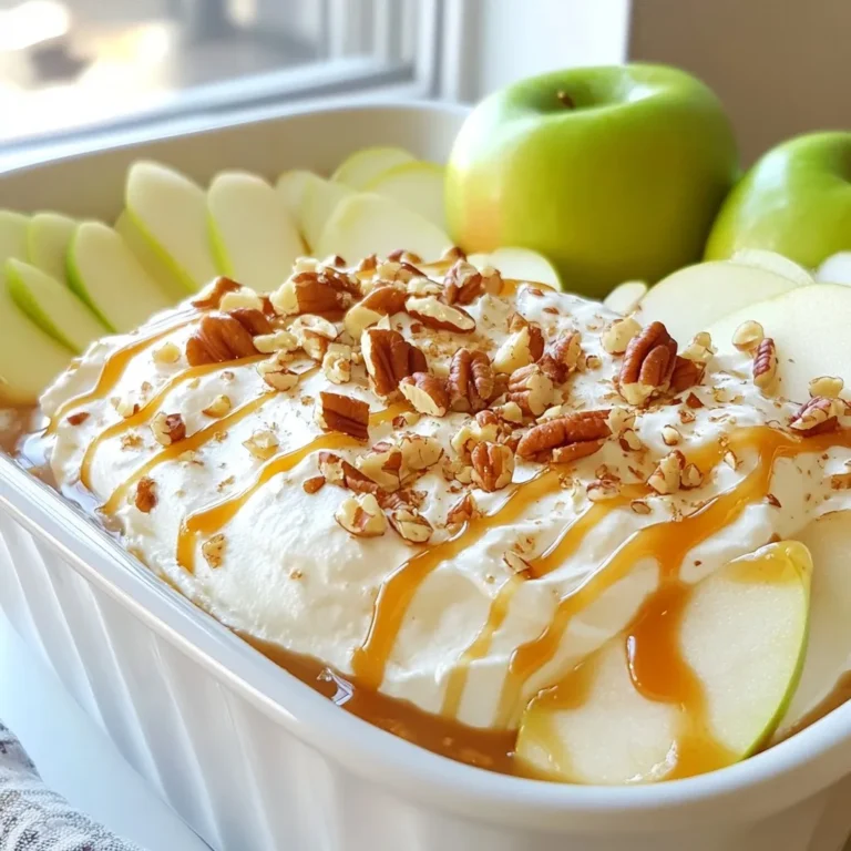 - 8 oz cream cheese, softened - 1 cup powdered sugar - 1/2 cup caramel sauce (store-bought or homemade) - 1 teaspoon vanilla extract - 1/4 teaspoon sea salt - 4 medium apples (such as Granny Smith or Honeycrisp), sliced - Chopped nuts (such as pecans or walnuts, for topping) - Optional: a sprinkle of cinnamon for extra flavor This dip starts with cream cheese. It creates a rich and creamy base. Softening it first helps it blend smoothly. Next, we add powdered sugar for sweetness. This makes the dip taste like dessert. Then, we mix in caramel sauce. You can use store-bought or make your own. The caramel adds a sweet and rich flavor that pairs well with apples. Vanilla extract adds depth. It brings warmth to the taste. A touch of sea salt enhances all the flavors. It balances the sweetness nicely. Apples are the stars of this dish. I love using Granny Smith for a tart bite or Honeycrisp for sweetness. Slice them up for easy dipping. Finally, toppings bring excitement. Chopped nuts add crunch. A sprinkle of cinnamon adds warmth and spice. These ingredients come together to create a fun and tasty dip that everyone will love. {{ingredient_image_1}} To start, gather your tools. Grab a mixing bowl and an electric mixer. First, you will mix the softened cream cheese and powdered sugar. Beat them on medium speed. You want to mix until it is smooth. This should take about 1-2 minutes. Next, add in the vanilla extract and sea salt. These will add great flavor. Mix everything until it is well combined. Now, it's time to incorporate the caramel sauce. Pour in half of the caramel and mix again. This will make the dip creamy and sweet. Now, take the cream cheese mixture and transfer it to a serving dish. Use a spatula to smooth the top. It should look nice and inviting. Drizzle the remaining caramel sauce on top. This makes it look extra delicious. If you want, add optional toppings like chopped nuts or a sprinkle of cinnamon. These add crunch and a nice touch of flavor. This dip is best served with apple slices. Slice up your apples and arrange them on a platter. You can serve it right away, but I recommend chilling it for 30 minutes first. Chilling will help the flavors mix together better. Enjoy your tasty dip! To get a creamy dip, start with room temperature cream cheese. Cold cream cheese will clump. Mix it with powdered sugar using an electric mixer. Beat until smooth, about one to two minutes. If you need a sweeter dip but want to avoid sugar, try using honey or maple syrup as alternatives. These will add flavor and sweetness. When picking apples, choose varieties like Granny Smith or Honeycrisp. These apples offer a nice balance of sweet and tart. You can also try Fuji or Gala apples for a sweeter touch. For extra flavor, add spices like cinnamon or nutmeg. A little sprinkle can make a big difference. The look of your dip matters. Serve it in a shallow bowl to show off the layers. Drizzle caramel sauce on top for a glossy finish. For a fun touch, sprinkle chopped nuts and a little cinnamon. This adds color and texture. Serve with fresh apple slices arranged neatly around the bowl. This creates a beautiful and inviting display. Pro Tips Choose the Right Apples: For the best flavor contrast, use a combination of tart and sweet apples like Granny Smith and Honeycrisp. Soften the Cream Cheese: Ensure your cream cheese is at room temperature for a smoother dip. Microwave for 10-15 seconds if you’re short on time. Customize Your Toppings: Experiment with different nuts or toppings like toffee bits or mini chocolate chips for added texture and flavor. Serve with Variety: While apples are great, consider serving with other dippables like pretzels, graham crackers, or sliced pears for a fun twist. {{image_2}} You can make this dip even more fun with some easy twists. Adding chocolate or peanut butter can really wow your guests. Try mixing in chocolate chips or swirls of peanut butter for a rich taste. Both pair well with the sweet apples. You can also use different fruits. While apples are classic, pears, bananas, or strawberries work too. Each fruit brings its own flavor to the dip. This makes it a great dish for gatherings. If you need gluten-free options, this dip is safe to eat. All the ingredients, like cream cheese and sugar, are naturally gluten-free. Just make sure any toppings, like nuts, are also gluten-free. For vegan alternatives, swap cream cheese for a plant-based option. Use a vegan caramel sauce instead of regular caramel. These small changes keep the dip tasty while making it vegan-friendly. You can enjoy this treat no matter your dietary needs! To keep your Caramel Cream Cheese Apple Dip fresh, store it in the fridge. Use an airtight container to prevent it from absorbing other odors. This dip tastes best when eaten within 3 days. After that, the texture may change, and the flavors can fade. You can freeze this dip, but it may change in texture. If you decide to freeze it, use a freezer-safe container. When you’re ready to enjoy it again, thaw it in the fridge overnight. Avoid microwaving it, as that can make it watery. Instead, let it warm up at room temperature before serving. How long does Caramel Cream Cheese Apple Dip last? This dip can last for about three days in the fridge. Store it in an airtight container. The dip may lose some of its creaminess over time. Can I make this dip in advance? Yes, you can make it a day ahead. Prepare the dip and chill it in the fridge. Just add the toppings right before serving for the best taste. What types of apples are best for dipping? Granny Smith and Honeycrisp apples are great choices. They have a nice crunch and a sweet-tart flavor. You can also try Fuji or Gala apples if you prefer sweeter options. What to do if the dip is too thick? If your dip is too thick, add a splash of milk. Mix well until you reach the desired consistency. Start with just a little to avoid making it too runny. How can I make the dip if I don’t have caramel sauce? You can make a simple caramel sauce at home. Just melt sugar in a pan until it turns golden. Then add butter and cream. Stir until smooth. This makes a tasty alternative! This blog post covered how to make a tasty caramel cream cheese apple dip. We discussed key ingredients like cream cheese, caramel sauce, and apples. You learned step-by-step instructions to mix and serve this treat. Tips included how to enhance flavor and improve presentation. We also explored variations and storage methods. In the end, making this dip is fun and easy. It’s the perfect snack for any occasion. Enjoy trying it with your favorite apples and toppings!