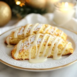 To make eggnog cinnamon scones, you need the following key ingredients: - 2 ½ cups all-purpose flour - 1/2 cup granulated sugar - 1 tablespoon baking powder - 1 teaspoon ground cinnamon - 1/2 teaspoon nutmeg - 1/2 teaspoon salt - 1/2 cup unsalted butter, cold and cubed - 1/2 cup eggnog - 1 large egg - 1 teaspoon vanilla extract These ingredients work together to create soft, buttery scones. The eggnog gives them a rich flavor, while the spices add warmth. You can enhance your scones with optional add-ins. Consider adding: - 1/2 cup raisins (optional) For the glaze, you’ll need: - 1/4 cup powdered sugar - 1-2 tablespoons eggnog Raisins add a sweet chewiness. The glaze gives a festive touch and extra sweetness. When selecting your ingredients, freshness is key. Use fresh spices for the best flavor. Choose high-quality butter for rich taste. If you can, pick organic flour. It can enhance the texture. For eggnog, homemade is great, but store-bought works too. Ensure it is fresh and creamy. This will make your scones even more delightful. {{ingredient_image_1}} Start by preheating your oven to 400°F (200°C). Line a baking sheet with parchment paper. In a large mixing bowl, combine the dry ingredients. Whisk together 2 ½ cups of all-purpose flour, ½ cup of granulated sugar, 1 tablespoon of baking powder, 1 teaspoon of ground cinnamon, ½ teaspoon of nutmeg, and ½ teaspoon of salt. Make sure everything mixes well. Next, you need to cut in the butter. Use ½ cup of cold, cubed unsalted butter. You can use a pastry cutter or your fingers. Work it into the dry mix until it looks like coarse crumbs. This step is key for a flaky texture. Now, take another bowl to mix the wet ingredients. Whisk together ½ cup of eggnog, 1 large egg, and 1 teaspoon of vanilla extract until it blends smoothly. Once your wet mix is ready, pour it into the dry ingredients. Stir the mixture until it just comes together. If you like, fold in ½ cup of raisins for a sweet touch. Be gentle; you don't want to overwork the dough. Turn the dough onto a lightly floured surface. Knead it gently a few times until it forms a ball. Next, pat the dough into a circle about 1-inch thick. You can cut the circle into wedges or use a round cutter to shape your scones. Place them on the prepared baking sheet, ensuring they have space to rise. Bake for 15 to 18 minutes. Keep an eye on them until they turn golden brown. While the scones bake, prepare the glaze. In a bowl, mix ¼ cup of powdered sugar with 1 to 2 tablespoons of eggnog. Stir until you reach a drizzle-like consistency. After the scones cool slightly, drizzle the glaze over them. This adds a festive touch and extra flavor. Enjoy these warm treats with friends and family! To make your Eggnog Cinnamon Scones perfectly flaky, keep your butter cold. Cut it into small cubes before mixing. Use a pastry cutter or your fingers to blend the butter into the dry mix. Do this until the mix looks like coarse crumbs. This step helps create those lovely layers you want in a scone. Try not to overwork the dough. Mix just until the ingredients come together. If you handle the dough too much, the scones can turn out dense. Gently knead it a few times, then shape it into a circle about an inch thick. Cutting the dough into wedges or circles helps maintain that flaky texture. Store your scones in an airtight container at room temperature. They stay fresh for about two days. For longer storage, use the fridge. If you want to keep them longer, freeze them. Wrap each scone in plastic wrap, then place them in a freezer bag. They can last up to three months in the freezer. To reheat, place the scones in a preheated oven at 350°F (175°C) for about 10 minutes. This warms them up and brings back some of their original texture. You can also microwave them for a quick fix, but they won’t be as crisp. Serve your Eggnog Cinnamon Scones warm for the best taste. A festive platter adds to the holiday spirit. Dust them with powdered sugar or a sprinkle of cinnamon on top. Pair them with a warm drink, like coffee or spiced tea. These scones also go well with butter or cream cheese. You can even add a touch of additional eggnog for a tasty twist. Enjoy them as a sweet treat at your holiday gatherings. Pro Tips Use Cold Ingredients: Ensure your butter is very cold for flakier scones. This helps create those delightful layers. Don’t Overwork the Dough: Mix until just combined to avoid tough scones. Gentle handling is key for a light texture. Customize Your Add-ins: Feel free to swap raisins for cranberries or chocolate chips for a unique twist on the classic flavor. Glaze While Warm: Drizzle the glaze over the scones while they are still warm for better adherence and a beautiful finish. {{image_2}} You can twist the eggnog scone recipe for fun. Try adding orange zest for a bright note. Almond extract gives a nutty flavor that pairs well too. Spice it up with ginger or cardamom for warmth. Each variation brings a new taste to your holiday table. If you need a gluten-free option, swap all-purpose flour for a gluten-free blend. Make sure it contains xanthan gum to help bind the scones. For a dairy-free version, use coconut oil instead of butter. Almond or soy milk can replace eggnog. These changes keep the scones delicious and festive. Want to change up the texture? Use chocolate chips instead of raisins. Dark chocolate adds a rich flavor. You can also try dried cranberries or cherries for a tart twist. These swaps make the scones unique and tasty. To keep your eggnog cinnamon scones fresh, store them in an airtight container. You can use a plastic bag or a container with a tight lid. Place parchment paper between layers if you have many scones. This will help prevent them from sticking together. Keep them at room temperature for up to two days. If they are warm, allow them to cool first to avoid sogginess. Freezing is a great way to save scones for later. First, let the scones cool completely. Wrap each scone tightly in plastic wrap. Then, place them in a freezer bag or container. Make sure to remove as much air as possible. This helps prevent freezer burn. You can freeze them for up to three months. When you are ready to enjoy them, thaw them at room temperature or warm them in the oven. Baked scones have a short shelf life. They stay fresh for about two days at room temperature. After that, they may become dry. If you refrigerate them, they can last up to a week. However, the cold can change their texture. For the best taste, freeze them if you can't eat them right away. This way, you can enjoy the lovely flavors of eggnog and cinnamon whenever you like! Yes, you can make eggnog cinnamon scones ahead of time. You can prepare the dough and shape it into scones. Then, wrap them tightly in plastic wrap and freeze them. When you are ready, you can bake them straight from the freezer. This way, you enjoy warm scones whenever you want. You can use milk mixed with a bit of vanilla and nutmeg as a substitute for eggnog. This gives a similar flavor. You can also try using almond milk or coconut milk. Just add a dash of vanilla extract and a sprinkle of nutmeg for that holiday vibe. To make eggnog from scratch, combine 2 cups of milk, 1 cup of cream, and 3/4 cup of sugar in a pot. Heat it gently until warm. In a bowl, whisk 6 egg yolks. Slowly add the warm milk mix to the yolks while whisking. Stir in 1 teaspoon of vanilla and a pinch of nutmeg. Chill before using in your scones. Dense scones often come from over-mixing the dough. Mix just until combined. Cold butter is key too. Make sure your butter is very cold before mixing. Avoid adding too much liquid. Lastly, baking powder must be fresh to help the scones rise. In this post, we explored how to make Eggnog Cinnamon Scones using key ingredients and simple steps. We covered tips for flaky texture and how to store and reheat your scones. You can also make fun variations to suit your taste. Remember, quality ingredients really make a difference. Enjoy baking these delightful treats during the holiday season or any time you crave something special. Happy baking!