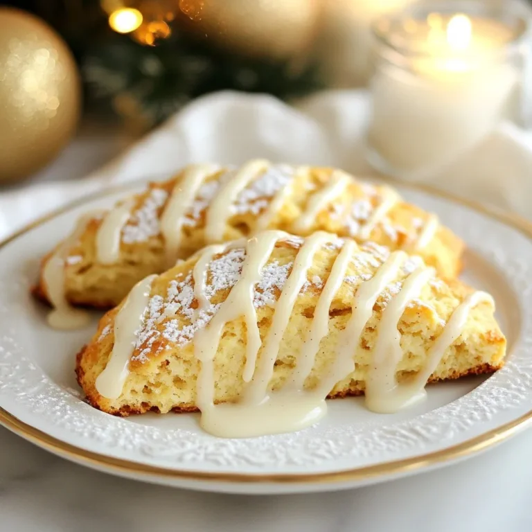 To make eggnog cinnamon scones, you need the following key ingredients: - 2 ½ cups all-purpose flour - 1/2 cup granulated sugar - 1 tablespoon baking powder - 1 teaspoon ground cinnamon - 1/2 teaspoon nutmeg - 1/2 teaspoon salt - 1/2 cup unsalted butter, cold and cubed - 1/2 cup eggnog - 1 large egg - 1 teaspoon vanilla extract These ingredients work together to create soft, buttery scones. The eggnog gives them a rich flavor, while the spices add warmth. You can enhance your scones with optional add-ins. Consider adding: - 1/2 cup raisins (optional) For the glaze, you’ll need: - 1/4 cup powdered sugar - 1-2 tablespoons eggnog Raisins add a sweet chewiness. The glaze gives a festive touch and extra sweetness. When selecting your ingredients, freshness is key. Use fresh spices for the best flavor. Choose high-quality butter for rich taste. If you can, pick organic flour. It can enhance the texture. For eggnog, homemade is great, but store-bought works too. Ensure it is fresh and creamy. This will make your scones even more delightful. {{ingredient_image_1}} Start by preheating your oven to 400°F (200°C). Line a baking sheet with parchment paper. In a large mixing bowl, combine the dry ingredients. Whisk together 2 ½ cups of all-purpose flour, ½ cup of granulated sugar, 1 tablespoon of baking powder, 1 teaspoon of ground cinnamon, ½ teaspoon of nutmeg, and ½ teaspoon of salt. Make sure everything mixes well. Next, you need to cut in the butter. Use ½ cup of cold, cubed unsalted butter. You can use a pastry cutter or your fingers. Work it into the dry mix until it looks like coarse crumbs. This step is key for a flaky texture. Now, take another bowl to mix the wet ingredients. Whisk together ½ cup of eggnog, 1 large egg, and 1 teaspoon of vanilla extract until it blends smoothly. Once your wet mix is ready, pour it into the dry ingredients. Stir the mixture until it just comes together. If you like, fold in ½ cup of raisins for a sweet touch. Be gentle; you don't want to overwork the dough. Turn the dough onto a lightly floured surface. Knead it gently a few times until it forms a ball. Next, pat the dough into a circle about 1-inch thick. You can cut the circle into wedges or use a round cutter to shape your scones. Place them on the prepared baking sheet, ensuring they have space to rise. Bake for 15 to 18 minutes. Keep an eye on them until they turn golden brown. While the scones bake, prepare the glaze. In a bowl, mix ¼ cup of powdered sugar with 1 to 2 tablespoons of eggnog. Stir until you reach a drizzle-like consistency. After the scones cool slightly, drizzle the glaze over them. This adds a festive touch and extra flavor. Enjoy these warm treats with friends and family! To make your Eggnog Cinnamon Scones perfectly flaky, keep your butter cold. Cut it into small cubes before mixing. Use a pastry cutter or your fingers to blend the butter into the dry mix. Do this until the mix looks like coarse crumbs. This step helps create those lovely layers you want in a scone. Try not to overwork the dough. Mix just until the ingredients come together. If you handle the dough too much, the scones can turn out dense. Gently knead it a few times, then shape it into a circle about an inch thick. Cutting the dough into wedges or circles helps maintain that flaky texture. Store your scones in an airtight container at room temperature. They stay fresh for about two days. For longer storage, use the fridge. If you want to keep them longer, freeze them. Wrap each scone in plastic wrap, then place them in a freezer bag. They can last up to three months in the freezer. To reheat, place the scones in a preheated oven at 350°F (175°C) for about 10 minutes. This warms them up and brings back some of their original texture. You can also microwave them for a quick fix, but they won’t be as crisp. Serve your Eggnog Cinnamon Scones warm for the best taste. A festive platter adds to the holiday spirit. Dust them with powdered sugar or a sprinkle of cinnamon on top. Pair them with a warm drink, like coffee or spiced tea. These scones also go well with butter or cream cheese. You can even add a touch of additional eggnog for a tasty twist. Enjoy them as a sweet treat at your holiday gatherings. Pro Tips Use Cold Ingredients: Ensure your butter is very cold for flakier scones. This helps create those delightful layers. Don’t Overwork the Dough: Mix until just combined to avoid tough scones. Gentle handling is key for a light texture. Customize Your Add-ins: Feel free to swap raisins for cranberries or chocolate chips for a unique twist on the classic flavor. Glaze While Warm: Drizzle the glaze over the scones while they are still warm for better adherence and a beautiful finish. {{image_2}} You can twist the eggnog scone recipe for fun. Try adding orange zest for a bright note. Almond extract gives a nutty flavor that pairs well too. Spice it up with ginger or cardamom for warmth. Each variation brings a new taste to your holiday table. If you need a gluten-free option, swap all-purpose flour for a gluten-free blend. Make sure it contains xanthan gum to help bind the scones. For a dairy-free version, use coconut oil instead of butter. Almond or soy milk can replace eggnog. These changes keep the scones delicious and festive. Want to change up the texture? Use chocolate chips instead of raisins. Dark chocolate adds a rich flavor. You can also try dried cranberries or cherries for a tart twist. These swaps make the scones unique and tasty. To keep your eggnog cinnamon scones fresh, store them in an airtight container. You can use a plastic bag or a container with a tight lid. Place parchment paper between layers if you have many scones. This will help prevent them from sticking together. Keep them at room temperature for up to two days. If they are warm, allow them to cool first to avoid sogginess. Freezing is a great way to save scones for later. First, let the scones cool completely. Wrap each scone tightly in plastic wrap. Then, place them in a freezer bag or container. Make sure to remove as much air as possible. This helps prevent freezer burn. You can freeze them for up to three months. When you are ready to enjoy them, thaw them at room temperature or warm them in the oven. Baked scones have a short shelf life. They stay fresh for about two days at room temperature. After that, they may become dry. If you refrigerate them, they can last up to a week. However, the cold can change their texture. For the best taste, freeze them if you can't eat them right away. This way, you can enjoy the lovely flavors of eggnog and cinnamon whenever you like! Yes, you can make eggnog cinnamon scones ahead of time. You can prepare the dough and shape it into scones. Then, wrap them tightly in plastic wrap and freeze them. When you are ready, you can bake them straight from the freezer. This way, you enjoy warm scones whenever you want. You can use milk mixed with a bit of vanilla and nutmeg as a substitute for eggnog. This gives a similar flavor. You can also try using almond milk or coconut milk. Just add a dash of vanilla extract and a sprinkle of nutmeg for that holiday vibe. To make eggnog from scratch, combine 2 cups of milk, 1 cup of cream, and 3/4 cup of sugar in a pot. Heat it gently until warm. In a bowl, whisk 6 egg yolks. Slowly add the warm milk mix to the yolks while whisking. Stir in 1 teaspoon of vanilla and a pinch of nutmeg. Chill before using in your scones. Dense scones often come from over-mixing the dough. Mix just until combined. Cold butter is key too. Make sure your butter is very cold before mixing. Avoid adding too much liquid. Lastly, baking powder must be fresh to help the scones rise. In this post, we explored how to make Eggnog Cinnamon Scones using key ingredients and simple steps. We covered tips for flaky texture and how to store and reheat your scones. You can also make fun variations to suit your taste. Remember, quality ingredients really make a difference. Enjoy baking these delightful treats during the holiday season or any time you crave something special. Happy baking!
