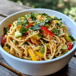 - 8 oz soba noodles (or any preferred noodles) - 1/4 cup creamy peanut butter - 2 tablespoons sesame oil - 2 tablespoons soy sauce (reduced sodium) - 1 tablespoon rice vinegar - 1 tablespoon honey or maple syrup - 1 tablespoon grated fresh ginger - 1 medium cucumber, julienned - 1 red bell pepper, thinly sliced - 2 green onions, chopped - 1/4 cup chopped fresh cilantro - 1 tablespoon sesame seeds (toasted) - Salt and pepper to taste This dish shines with its blend of flavors. The soba noodles serve as a great base. They soak up the sauce well. The peanut butter gives a creamy richness. It pairs nicely with the tang of sesame oil and soy sauce. Rice vinegar adds a nice zing. Honey or maple syrup balances the flavors perfectly. Fresh ingredients bring this salad to life. Grated ginger adds a warm spice. The cucumber adds crunch and freshness. Sliced red bell pepper gives a sweet touch. Chopped green onions add a mild onion flavor. Fresh cilantro ties everything together with its bright notes. Topping it off, toasted sesame seeds add crunch and a nutty flavor. A dash of salt and pepper rounds out the taste. Each ingredient plays a role in creating a fresh, flavorful meal. {{ingredient_image_1}} First, cook the soba noodles. Follow the package instructions for the best results. Once the noodles are done, drain them well. Rinse the noodles under cold water. This will stop the cooking process and cool them down. Next, make the peanut sauce. In a medium bowl, whisk together the peanut butter, sesame oil, soy sauce, rice vinegar, honey, and grated ginger. Mix until it becomes smooth and creamy. If the sauce is too thick, add a little water. This will help get the right consistency. Now, it's time to combine everything. In a large mixing bowl, mix the cooled noodles with the julienned cucumber, sliced red bell pepper, and chopped green onions. Pour the peanut sauce over the noodle mixture. Toss gently until everything is well coated. Add salt and pepper to taste. Finally, fold in the chopped cilantro. Sprinkle with toasted sesame seeds for a nice finish. Chill the salad in the refrigerator for at least 30 minutes. This will let the flavors meld together. Enjoy your fresh and flavorful sesame peanut cold noodle salad! To enhance the taste of your peanut sauce, adjust the sweetness. You can add honey or maple syrup. This small change can make a big difference in flavor. You might also want to play with spices. Adding some chili flakes or garlic powder can add a nice kick. If you want to change things up, try different noodles. Rice noodles offer a softer texture. Whole wheat pasta gives a heartier bite. Both options work well in this dish. For those who need gluten-free options, look for gluten-free noodles. These choices can fit many diets and preferences. Chill your salad for at least 30 minutes before serving. This helps the flavors mix well. When you are ready to serve, garnish your salad. Add extra cilantro and sesame seeds for a nice look. You can also drizzle a bit of sesame oil on top. This adds flavor and makes your dish even more appealing. Pro Tips Choose the Right Noodles: While soba noodles are traditional, feel free to experiment with different types of noodles like rice noodles or whole wheat spaghetti for a unique twist. Adjust the Sauce Thickness: If your peanut sauce turns out too thick, simply add a little water or additional rice vinegar until you reach your desired consistency. Chill for Best Flavor: Allow the salad to chill in the refrigerator for at least 30 minutes before serving; this helps the flavors meld together beautifully. Garnish Creatively: Enhance the presentation by garnishing with additional cilantro, a sprinkle of sesame seeds, or even some crushed peanuts for added texture and flavor. {{image_2}} You can add protein to your Sesame Peanut Cold Noodle Salad to make it heartier. Grilled chicken, shrimp, or tofu all work well. If you want a plant-based boost, consider adding edamame. It brings a nice texture and extra nutrients. Each option adds flavor and makes the dish more filling. Adding extra veggies can enhance the crunch and color. Shredded carrots, bell peppers, or scallions are great options. Colored bell peppers not only taste good but also make the salad look vibrant. The more colors you add, the more appealing your dish becomes. This mix of veggies will keep things fresh. You can switch up the dressing for a new twist. Try tahini or almond butter instead of peanut butter. These options add a unique flavor. If you like heat, experiment with a spicy Sriracha sauce. It gives a kick that many people enjoy. Each dressing alternative can change the whole vibe of the dish. To keep your sesame peanut cold noodle salad fresh, store it in an airtight container in the refrigerator. This salad tastes best within 3 to 4 days. After this time, the flavors may fade, and the veggies might lose their crunch. This dish is meant to be served cold. I do not recommend reheating it. If you find the sauce a bit thick after chilling, you can adjust it. Just mix in a little water or extra sauce ingredients to get the right texture. For easy meal prep, make the dressing ahead of time. This way, when you are ready to eat, you can simply toss it with the noodles and veggies. You can also pre-chop the cucumber, bell pepper, and green onions. Store them separately in the fridge for quick assembly later. Yes, you can. To make this dish vegan, simply swap honey for maple syrup. You should also use plant-based noodles. This way, you keep all the flavors without any animal products. If you want some heat, add Sriracha or red pepper flakes to the sauce. Start with a little and taste as you go. This lets you control the spice level. A little kick can make the meal even more exciting! To make the salad gluten-free, choose gluten-free noodles. Always check the sauce ingredients to ensure they do not contain gluten. Many brands offer gluten-free soy sauce. This way, you can enjoy the salad without worry. This blog post showed you how to make a tasty peanut noodle salad. You learned about key ingredients like soba noodles and fresh veggies. We shared steps for cooking and making the sauce. Tips for storage and variations helped you explore options. In the end, this dish offers a fun way to enjoy flavors. You can customize it for your taste. Get creative and make this meal your own!