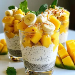 Here’s a detailed list of ingredients you will need for the Tropical Coconut Chia Parfait: - 1 cup coconut milk - 1/4 cup chia seeds - 2 tablespoons honey or maple syrup - 1 teaspoon vanilla extract - 1 ripe banana, sliced - 1/2 cup pineapple chunks - 1/2 cup diced mango - 1/4 cup unsweetened shredded coconut - Fresh mint leaves (for garnish) Each ingredient plays a key role in this recipe. The coconut milk adds a rich, creamy base. Chia seeds are small but mighty, soaking up the liquid to create a pudding-like texture. Sweeteners like honey or maple syrup bring a touch of sweetness to balance the flavors. Vanilla extract adds a warm note. Fresh fruits like banana, pineapple, and mango not only taste great but also add color and nutrition. The shredded coconut enhances the tropical feel and adds a delightful crunch. Lastly, fresh mint leaves make for a vibrant finish. Gather these ingredients, and you’re ready to create a delicious and nutritious parfait! {{ingredient_image_1}} First, grab a medium-sized bowl. In this bowl, combine 1 cup of coconut milk, 1/4 cup of chia seeds, 2 tablespoons of honey or maple syrup, and 1 teaspoon of vanilla extract. Whisk these ingredients together until they blend well. This mixture will form the base of your pudding. Next, cover the bowl with a lid or plastic wrap. Place it in the fridge for at least 4 hours, or better yet, overnight. This allows the chia seeds to soak up the coconut milk. They will swell and create a thick, pudding-like mix. After the waiting time, take the pudding out of the fridge. Stir it well to break up any clumps. Your chia pudding should now be creamy and smooth, ready for the next step. To build your parfait, grab a glass or bowl. Start by spooning a layer of the chia pudding into the bottom. Aim for about one-third of the glass. Next, add a layer of sliced banana. Use about half of the banana for this layer. Follow with a layer of pineapple chunks. You can use either fresh or canned pineapple here. Spoon another layer of chia pudding on top of the fruit. Then, add a layer of diced mango. Repeat these layers until your glass or bowl is full. Finish with a layer of chia pudding on top. Now it's time for the finishing touches. Sprinkle 1/4 cup of unsweetened shredded coconut over the top. You can toast it if you like a little crunch. Garnish with fresh mint leaves for a pop of color. This not only makes your parfait look pretty but also adds a fresh taste. Serve your Tropical Coconut Chia Parfait right away, or chill it a bit longer if you like. Enjoy this delicious treat that is also very nutritious! To get the best chia texture, avoid a few common mistakes. One mistake is not using enough liquid. Chia seeds need enough coconut milk to swell. Another mistake is not mixing well. If you don’t whisk enough, clumps form. To get the right consistency, let the mixture rest. Refrigerate for at least four hours or overnight. This time allows the seeds to absorb the milk fully. The result should be creamy and smooth. You might want to adjust the sweetness in your parfait. Honey and maple syrup both work well. Start with two tablespoons, then taste it. If it’s not sweet enough, add a little more. You can also swap out the tropical fruits. If you can’t find fresh pineapple or mango, use berries. Strawberries or blueberries add a nice touch. They also bring a pop of color. Making your parfait ahead of time is smart. Store it in an airtight container. This keeps it fresh and tasty. The parfait lasts up to five days in the fridge. Just remember to layer the fruits before serving. This keeps them bright and flavorful. You can also prepare the chia pudding alone. Just store it in the fridge until you’re ready to assemble. Pro Tips Use Fresh Coconut Milk: For the best flavor, use fresh coconut milk instead of canned. It enhances the tropical taste of the parfait. Sweetness Adjustment: Taste the chia pudding mixture before refrigerating. Adjust the sweetness according to your preference by adding more honey or maple syrup. Layering Technique: When layering, alternate between chia pudding and fruit for a visually appealing presentation and to ensure every bite has a mix of flavors. Chill for Best Texture: Allow the parfait to chill for at least 4 hours or overnight. This helps the chia seeds fully absorb the liquid and achieve the perfect pudding consistency. {{image_2}} You can change the fruits in your parfait to suit your taste. Using berries like strawberries or blueberries adds a fresh twist. They bring a pop of color and a sweet-tart flavor that mixes well with the creamy chia pudding. Just layer them as you do with bananas and pineapples. You can also use other tropical fruits. Think about adding kiwi for a tangy kick or papaya for sweetness. Each fruit brings a unique flavor and texture. Mix and match to create your perfect combination! If you want a dairy-free parfait, choose alternative milks. Almond milk or oat milk works great. They offer a different taste but still blend well with chia seeds. You might need to adjust the sweetener, as some milk alternatives can taste sweeter. Nutritional adjustments can make your parfait even healthier. For example, almond milk has fewer calories than coconut milk. This change can fit better into your diet while still tasting delicious. Want to boost your parfait's nutrition? Adding protein powder is a simple way. Just mix it into the chia pudding. This extra protein helps you feel full longer. You might also consider superfoods like spirulina or acai powder. These ingredients pack in vitamins and minerals. They can add a fun color and flavor to your parfait too. Just a small amount will do, so it won't overpower the dish. To keep your parfait fresh, use airtight containers. They help keep out air and moisture. Place any leftover parfait in one of these containers. Seal it tightly before placing it in the fridge. This method helps maintain flavor and texture. For best fridge practices, eat the parfait within three days. The longer it sits, the more the chia seeds will absorb moisture. This can change the texture. So, try to enjoy it quickly for the best taste. Can you freeze the parfait? Yes, you can freeze parts of it! However, freezing changes the texture of chia pudding. The fruits may not taste as fresh after thawing. To freeze, place the parfait in a freezer-safe container. Leave some space at the top for expansion. How to defrost properly? Move the container to the fridge a day before you want to eat it. This slow thaw helps retain flavor. Avoid using a microwave, as it can ruin the texture. How long does it stay fresh in the fridge? The parfait stays fresh for about three days. After that, the quality may drop. Signs of spoilage include changes in color and smell. If it looks watery or smells off, it's best to toss it. Always trust your senses for safety! Chia seeds are small black or white seeds from the Salvia hispanica plant. They pack a lot of nutrition in a tiny size. They are rich in fiber, protein, and omega-3 fatty acids. These nutrients help with digestion and heart health. Chia seeds can absorb liquid and swell, forming a gel-like texture. This makes them great for puddings and parfaits. In our Tropical Coconut Chia Parfait, they provide a creamy base and a unique texture. Their ability to soak up flavors also enhances the taste of this dish. Yes, you can! If you don’t have honey or maple syrup, try agave nectar or stevia. You can also use brown sugar or coconut sugar. Each sweetener has a different flavor, so pick one you like. To adjust sweetness levels, taste as you mix. Start with a small amount and add more if needed. This way, you can find the perfect balance for your parfait. The parfait needs to chill for at least 4 hours. This allows the chia seeds to absorb the coconut milk fully. If you can, chill it overnight for the best texture. Chilling improves the flavor and helps the layers set nicely. The longer it chills, the better it tastes! This blog covers how to make a tasty chia pudding parfait. You learned about key ingredients like coconut milk, chia seeds, and fresh fruits. I shared easy steps for making and layering the parfait. You also found tips to achieve the perfect texture and ways to customize the recipe. Remember to store leftovers properly for freshness. With these insights, you can enjoy a delightful, healthy treat anytime. Dive into this fun kitchen project and taste the joy of your handmade parfait!